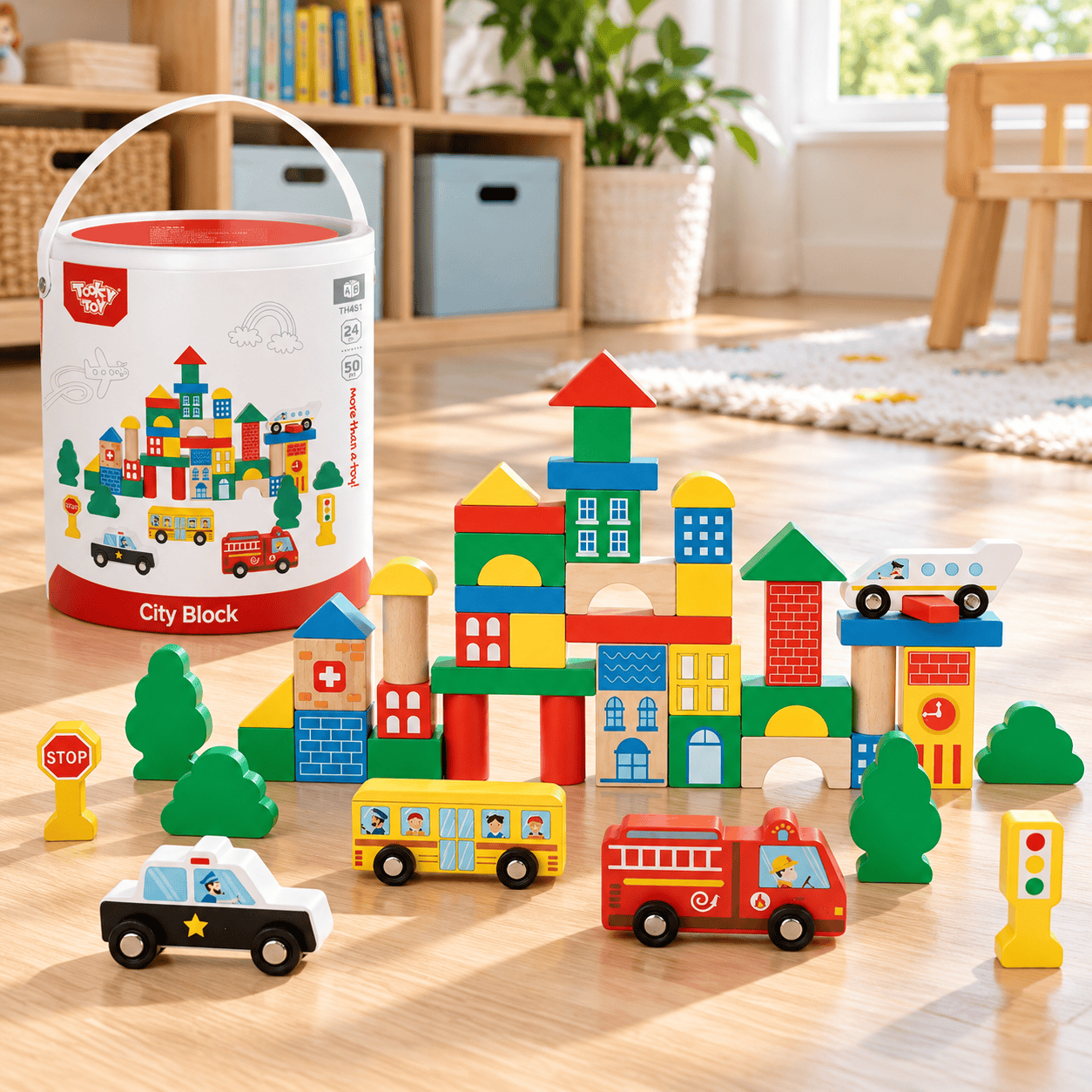 Дървен конструктор Tooky Toy Град с 50 части Ами ако децата можеха сами да построят цял град – с къщи, улици, дървета, пътни знаци и движещи се колички? С дървения конструктор Tooky Toy Град с 50 части тази идея се превръща във вълнуваща игра, в която малките строители създават собствен свят! Комплектът включва цветни дървени блокчета с различни форми, къщички, дървета, пътни знаци и колички. Детето може да строи сгради, да подрежда улици, да измисля маршрути и да променя града си отново и отново. Това е образователна играчка, която съчетава строене, логическо мислене и въображение – чудесен избор както за игра у дома, така и за организирани занимания в детската градина. Защо да изберете дървения конструктор Tooky Toy? 50 разнообразни части – за множество комбинации и различни конструкции. Дървени къщички и цветни блокчета – за строене на собствено градче. Колички и пътни знаци – за реалистични ситуации от ежедневието. Учене на цветове и форми – чрез подреждане, сортиране и сравняване. Развитие на фината моторика – при хващане и поставяне на отделните елементи. Удобна кутия с капак – за съхранение и организиране след игра. Особено подходящ за занимания в детските градини Един комплект, много детски идеи и възможности за работа в екип! Дървеният конструктор „Град“ е полезно допълнение към заниманията в детските градини, защото позволява на децата да участват в общ творчески проект. Докато едно дете строи къщичките, друго може да подрежда дърветата, трето да организира движението на количките, а останалите да измислят истории за живота в града. Какви занимания могат да организират учителите? „Да построим нашия град“ – съвместно планиране и строене. „Какво има в града?“ – разпознаване на сгради, улици и превозни средства. „Малки участници в движението“ – първи разговори за пътните знаци и безопасността на улицата. „Намери правилната форма“ – сортиране на елементите по форма и цвят. „Разкажи ми история“ – създаване на сюжет с количките и градските постройки. Тези занимания създават възможности за развитие на комуникативните умения, сътрудничеството, логическото мислене и пространствените представи. Конструкторът може да се използва в кътовете за конструктивни и ролеви игри, както и в педагогически ситуации, свързани с околния свят. Защо строенето е толкова полезно? Когато детето избира блокче, преценява къде да го постави и опитва да изгради устойчива конструкция, то се упражнява да планира, да сравнява и да решава малки практически задачи. Играта с дървени блокчета насърчава търпението и концентрацията. А когато децата строят заедно, се учат да споделят идеи, да разпределят задачите и да уважават решенията на другите. Качествени образователни играчки от Tooky Toy Tooky Toy е марка, специализирана в дървени образователни играчки и конструктори, които насърчават творческата и самостоятелната игра. Моделът „Град“ съчетава цветен дизайн с разнообразни елементи и предлага множество възможности за строене и измисляне на нови истории. Технически характеристики Марка: Tooky Toy Наименование: Дървен конструктор Град Модел / SKU: TH451 Брой части: 50 Материал: Дърво Съдържание: Цветни блокчета, къщички, дървета, пътни знаци и колички Цветове: Многоцветен Съхранение: Кутия с капак Препоръчителна възраст: Над 3 години според информацията на българския доставчик Предназначение: Конструктивни, образователни и ролеви игри Подарък за малки строители и оборудване за детски градини Този дървен образователен конструктор е чудесен подарък за рожден ден, Коледа или друг специален повод. Особено практичен избор е и за детски градини, образователни центрове и занимални, които искат да разнообразят своите конструктивни и групови занимания. С един комплект децата могат да създават различни градове, да експериментират с подредбата и да измислят нови истории всеки ден. Защо да поръчате от Онлайн магазин Мама&Бебе? Мама&Бебе е партньор и на детските градини! Предлагаме разнообразие от дървени, образователни и занимателни играчки за родители и детски заведения. Работим с детски градини, ясли, образователни центрове и други институции. Приемаме поръчки на количества, издаваме фактури на фирми и институции и изготвяме индивидуални оферти за групови поръчки. Предлагаме доставка с Еконт и лично предаване в гр. Раковски след предварителна уговорка и потвърждение на наличността. Често задавани въпроси Колко части включва дървеният конструктор Град? Комплектът съдържа 50 части за създаване на различни градски конструкции. Подходящ ли е за детска градина? Да. Може да се използва за конструктивни, образователни и групови игри, съобразени с възрастта на децата. Могат ли няколко деца да играят едновременно? Да. Частите могат да се разпределят между участниците за съвместно построяване на град. Как се съхранява комплектът? Включена е кутия с капак, която улеснява прибирането на елементите след заниманията. Издавате ли фактури на детски градини и институции? Да. Онлайн магазин Мама&Бебе работи с детски заведения и предлага фактуриране и индивидуални оферти за поръчки на количества. Нека децата построят своя собствен град! 50 дървени части, безброй идеи и нови истории при всяка игра! Поръчайте дървения конструктор Tooky Toy Град за дома, детската градина или образователния център. Онлайн магазин: https://shopmamabebe.eu/ Телефон и Viber: 0896944003 Facebook: https://www.facebook.com/mamaandbabystore Доставка с Еконт: https://www.econt.com Благодарим Ви, че избрахте Мама&Бебе!