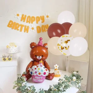 Комплект Балони Мече „Happy Birthday“ със стойка /8 броя/