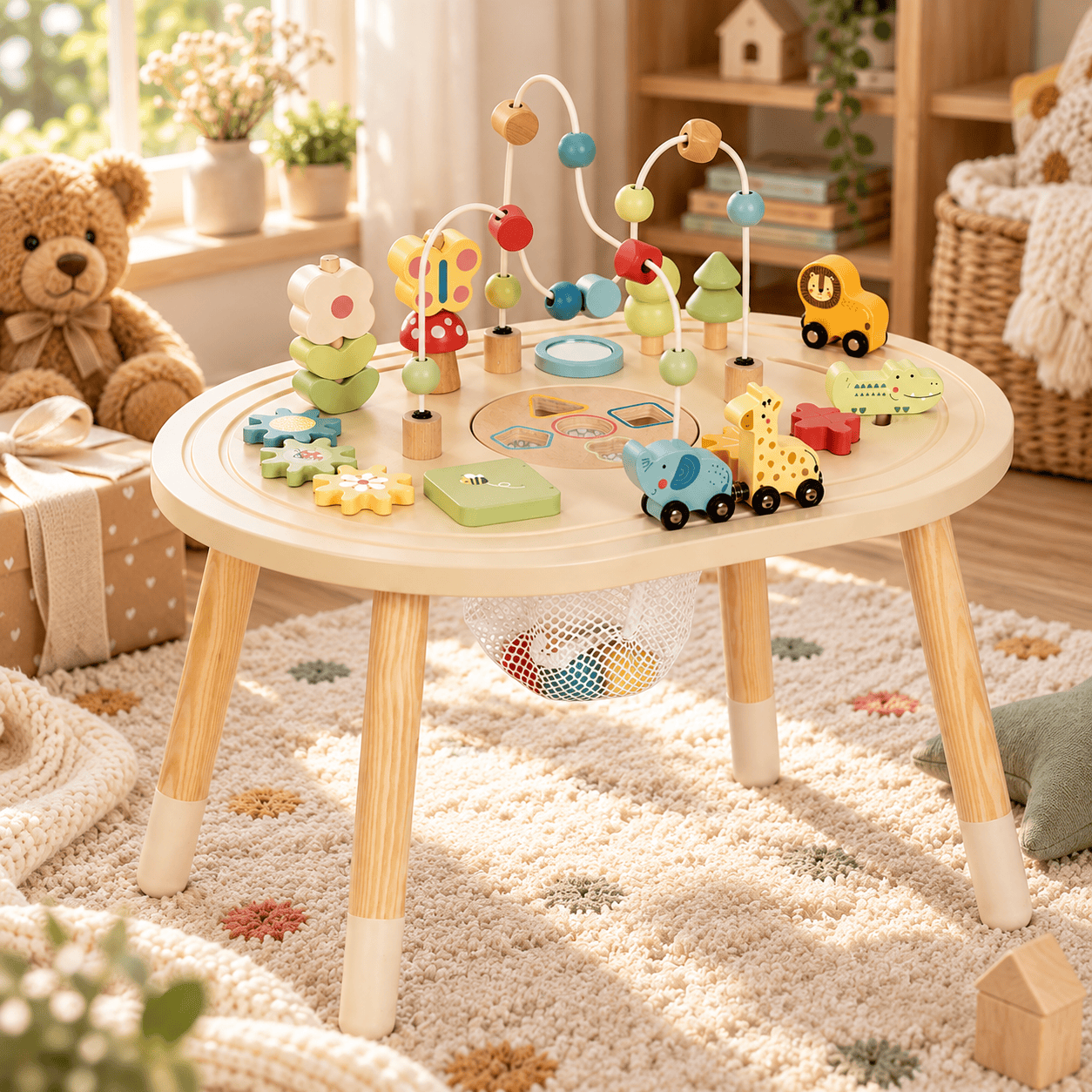 Дървена активна маса Tooky Toy Сафари с игри и лабиринт Дървена активна маса Tooky Toy Сафари с игри и лабиринт е многофункционална образователна играчка, която съчетава разнообразни занимания за малките ръчички в една красива и практична дървена масичка. Създадена за деца над 12 месеца, тя предлага лабиринт с цветни мъниста, сортер за форми, въртящи се зъбни колела, животни на колелца, релси за игра и още интересни елементи за изследване. Представете си радостта на вашето мъниче, когато открие собствено кътче за игра! Тук всяко завъртане, преместване и подреждане се превръща в малко приключение, което събужда любопитството и насърчава детето да опитва самостоятелно. Дървената активна маса Tooky Toy Сафари впечатлява с нежните си пастелни цветове, красивите животински фигурки и разнообразните активности. Тя е прекрасна детска играчка за първи рожден ден, кръщене, Коледа, имен ден или специална изненада за малкия откривател. Защо дървената занимателна маса Сафари е толкова интересна? Малките деца опознават света чрез докосване, движение и непрекъснати експерименти. Дървена активна маса Tooky Toy Сафари с игри и лабиринт събира множество възможности за игра на едно място, като всяка активност насърчава различни умения. 1. Цветен лабиринт с дървени мъниста Върху масичката са разположени извити метални трасета с дървени мъниста в нежни цветове. Детето може да премества мънистата по различните извивки, като упражнява движенията на пръстите, координацията око–ръка и концентрацията. Тази занимателна активност насърчава детето да проследява движението и да открива различни маршрути. 2. Сортер за дървени форми В централната част на масата има занимателен сортер с различни геометрични форми. Малките откриватели могат да разпознават, сравняват и поставят подходящите елементи в съответните отвори. Тази игра създава възможности за: Разпознаване на форми. Развитие на логическо мислене. Упражняване на пространственото възприятие. Подобряване на координацията. Насърчаване на самостоятелните опити. 3. Въртящи се зъбни колела с цветя Върху масичката са разположени три красиви зъбни колела, украсени с цветя и калинка. Когато детето завърти едното колело, може да наблюдава как движението се предава към останалите. Това е забавен начин да открива основни причинно-следствени връзки. 4. Дървени животни на колелца Сафари приключението продължава с очарователни животински колички! На снимките се виждат слонче, жираф, лъв и крокодил, които превръщат играта в истинско пътешествие сред животните. Детето може да ги придвижва по трасетата и да създава различни истории. Жирафът тръгва на разходка, слончето го следва, а малкият лъв се отправя на ново приключение! 5. Вградени релси за движение Плотът включва извити релси, по които могат да се придвижват подходящите животински колички. Тази активност насърчава координацията, контрола върху движенията и творческата ролева игра. 6. Дървени елементи за подреждане Масичката разполага с различни фигурки и елементи за подреждане, включително цвете, сърца и тематични сафари детайли. Чрез поставянето и преместването им детето упражнява захващането и координацията на малките си ръчички. 7. Удобна мрежичка за съхранение Под плота е разположена практична мрежичка за съхраняване на отделните игрови елементи. Това е удобно решение за родителите, които искат да поддържат детската стая подредена. След приключване на играта фигурките могат да бъдат прибрани, а детето постепенно да придобива навици за подреждане. Ползи от дървената образователна маса за детското развитие Дървената активна маса с лабиринт и сортер предлага занимания, които могат да подпомогнат развитието на няколко важни умения. Фина моторика – детето упражнява пръстите и ръчичките си чрез преместване, въртене, поставяне и подреждане. Координация око–ръка – различните активности изискват насочване на ръката към определен елемент. Логическо мислене – сортерът и зъбните колела предлагат възможности за наблюдение и откриване на зависимости. Разпознаване на цветове и форми – разнообразните дървени елементи помагат на детето да се запознава с визуалните характеристики на предметите. Въображение – животните на колелца създават възможности за забавни ролеви истории. Концентрация и търпение – заниманията могат да насърчават детето да опитва отново и да довършва започнатата дейност. Социални умения – масичката може да се използва и за споделени занимания с родител или друго дете под наблюдение. Играчките не правят децата ни по-послушни. Но могат да им дадат нещо много по-ценно – пространство да бъдат себе си, да опитват, да грешат, да откриват и да се развиват със собственото си темпо. Дървена активна маса за дете на 1 година – подарък за първите големи открития Първият рожден ден е специален момент за всяко семейство. Детето постепенно започва да проявява все по-голям интерес към предметите около себе си, да ги изследва и да усъвършенства движенията си. Именно затова дървена активна маса Tooky Toy Сафари с игри и лабиринт е чудесна идея за подарък за дете на 1 година. Тя съчетава различни активности, които могат да се използват постепенно според интересите и двигателните умения на детето. Първоначално малкото дете може да се забавлява с мънистата и въртящите се елементи. По-късно да започне да разпознава форми, да подрежда фигурки и да измисля истории с животните. Така масичката предлага различни възможности за игра, докато детето расте. Коледен подарък за дете на 1, 2 или 3 години – Tooky Toy Сафари С наближаването на Коледа започва и най-вълнуващото търсене на подаръци за малките членове на семейството! Какво да поставим под елхата, което няма да бъде просто поредната играчка, а ще предлага разнообразни занимания? Дървената занимателна масичка Tooky Toy Сафари е отлична идея за коледен подарък за малко дете. Подарък за 1-годишно дете – интересни сензорни активности, големи елементи за хващане и първи занимания с форми. Подарък за 2-годишно дете – възможности за сортиране, движение на фигурки и разпознаване на цветове. Подарък за 3-годишно дете – по-разнообразни игри с животните, истории и творческо изследване. Масичката може да представлява интерес и за по-големи деца на 4, 5 или 6 години като част от съвместни ролеви занимания, но основното ѝ предназначение е за ранна детска възраст. Ако се чудите какъв коледен подарък да изберете за дете на 1 година, тази красива дървена маса съчетава игра, образователни активности и практичност. Подходяща е също за: Първи рожден ден. Коледа. Кръщене. Имен ден. Подарък от баба и дядо. Подарък за внуче. Изненада за прохождащо дете. Обзавеждане на детски кът. Подарете не просто играчка, а собствено пространство за първите детски открития! Защо родителите избират дървени образователни играчки Tooky Toy? Дървените играчки се отличават със своя естествен вид, приятна текстура и възможност за занимания без електронни функции. Дървената активна маса Tooky Toy Сафари съчетава: Красив дизайн в нежни пастелни цветове. Разнообразни моторни и логически активности. Дървени фигурки с животни. Просторен плот за игра. Стабилни крачета. Мрежичка за съхранение. Възможности за индивидуални и споделени занимания. Игра без батерии и електронен екран. Изработена е от FSC сертифицирана дървесина, с използване на бои на водна основа според предоставените продуктови характеристики. Това я прави привлекателен избор за родители, които предпочитат занимателни дървени играчки с разнообразни функции. Дървена активна масичка Сафари за детска градина и детски център Дървената занимателна маса с лабиринт и животни е подходяща за обособяване на занимателни кътове в яслени групи, детски градини и образователни центрове при съобразяване на възрастта и правилата за безопасност. Може да бъде използвана за: Упражнения за фина моторика. Занимания за разпознаване на цветове. Разпознаване и сортиране на форми. Първи логически задачи. Развитие на координацията. Игри с животни и тематични истории. Организирани занимания с възрастен. Онлайн магазин Мама&Бебе приема поръчки от детски градини, детски центрове и образователни институции. Издаваме фактури. За количества, наличности и индивидуални запитвания се свържете с нас на 0896944003. Технически характеристики на дървена активна маса Tooky Toy Сафари Продукт: Дървена активна маса Tooky Toy Сафари с игри и лабиринт Марка: Tooky Toy / Tooky Toys Код / SKU: TJ789 Тип: Дървена образователна активна маса Тема: Сафари и животни Възраст: Над 12 месеца Размери: 60 × 40 × 55,5 см Тегло: Приблизително 2 кг по данни на доставчика Материал: Дърво, метални елементи и мрежа за съхранение Дървесина: FSC сертифицирана според доставчика Бои: На водна основа Цветове: Пастелни зелени, сини, жълти, червени и естествени дървесни нюанси Активности: Лабиринт с мъниста, сортер, зъбни колела, релси, колички с животни, елементи за подреждане Допълнително: Мрежичка за съхранение под плота Батерии: Не са необходими Предназначение: Занимания за ранно развитие и творческа игра Важно: Подходяща е за деца над 12 месеца съгласно посочената възрастова препоръка. Използвайте под наблюдение на възрастен, поставяйте масата върху равна повърхност и проверявайте дали всички части са правилно закрепени. Масичката е предназначена за игра, а не за катерене или сядане върху плота. Къде да купите дървена активна маса Tooky Toy онлайн? В Онлайн магазин Мама&Бебе ще откриете богато разнообразие от детски играчки онлайн, дървени образователни комплекти, занимателни масички, сортери, конструктори, пъзели и идеи за подаръци за различни възрасти. Предлагаме дървени играчки, коледни подаръци за момчета и момичета, подаръци за първи рожден ден, кръщене и други специални поводи. Ако се чудите къде да купите дървени образователни играчки онлайн, разгледайте нашите предложения на: https://shopmamabebe.eu/ За въпроси, наличности и поръчки: 0896944003 Последвайте Онлайн магазин Мама&Бебе във Facebook: https://www.facebook.com/mamaandbabystore Изпращаме поръчките с Еконт. Повече информация за куриерските услуги: https://www.econt.com За клиенти от гр. Раковски, област Пловдив, е възможно лично предаване след предварителна уговорка и потвърждение на наличността. Често задавани въпроси за дървена активна маса Tooky Toy За каква възраст е подходяща масичката Tooky Toy Сафари? Предназначена е за деца над 12 месеца. Отделните активности могат да бъдат използвани постепенно според развитието и интересите на детето. Какви занимания включва дървената активна маса? Масичката предлага лабиринт с дървени мъниста, сортер за форми, въртящи се зъбни колела, релси с животински колички и елементи за подреждане. Подходяща ли е за подарък за първи рожден ден? Да. Многофункционалната дървена масичка е чудесна идея за подарък за дете на 1 година. Добър коледен подарък ли е за 2-годишно дете? Да. Заниманията с форми, мъниста, животни и подвижни елементи могат да бъдат интересни за много деца на тази възраст. Има ли място за съхранение на играчките? Да. Под плота е разположена мрежичка за прибиране на подвижните елементи. Работи ли с батерии? Не. Всички активности са механични и не изискват батерии. Подходяща ли е за детска градина? Да, за занимателни кътове и подходящи възрастови групи под наблюдение на възрастен. Издавате ли фактури? Да. Онлайн магазин Мама&Бебе издава фактури за индивидуални и институционални поръчки. Подарете на детето пространство за открития! Дървена активна маса Tooky Toy Сафари с игри и лабиринт е прекрасен начин да превърнете обикновеното занимание в интересно приключение. Нежните цветове, разнообразните елементи и симпатичните животни създават свят, в който малките ръчички имат толкова много за откриване! Поръчайте дървената активна масичка Tooky Toy Сафари от shopmamabebe.eu и подгответе незабравим коледен подарък или изненада за първия рожден ден! Благодарим Ви, че избирате Онлайн магазин Мама&Бебе! За нас всяка поръчка е специална, защото зад нея стои семейство, което иска да подари на детето си радост, нови възможности за игра и незабравими моменти. Очакваме Вашите поръчки и сме насреща, за да Ви помогнем с всичко необходимо!