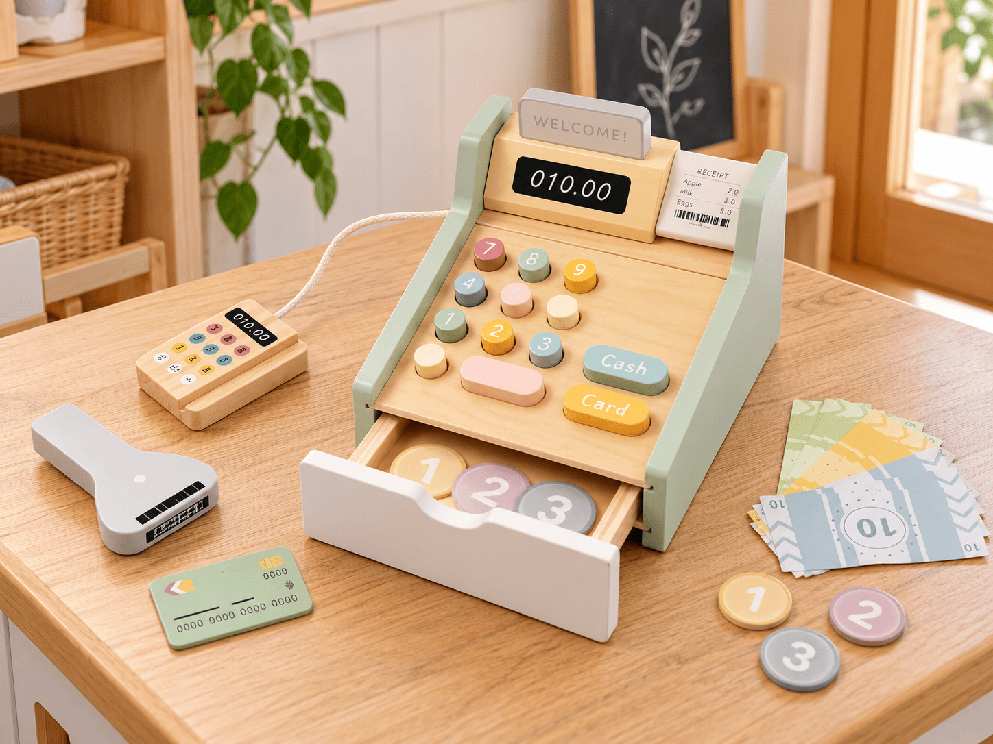 Дървен детски касов апарат Tooky Toy с баркод четец и пари - Image 2