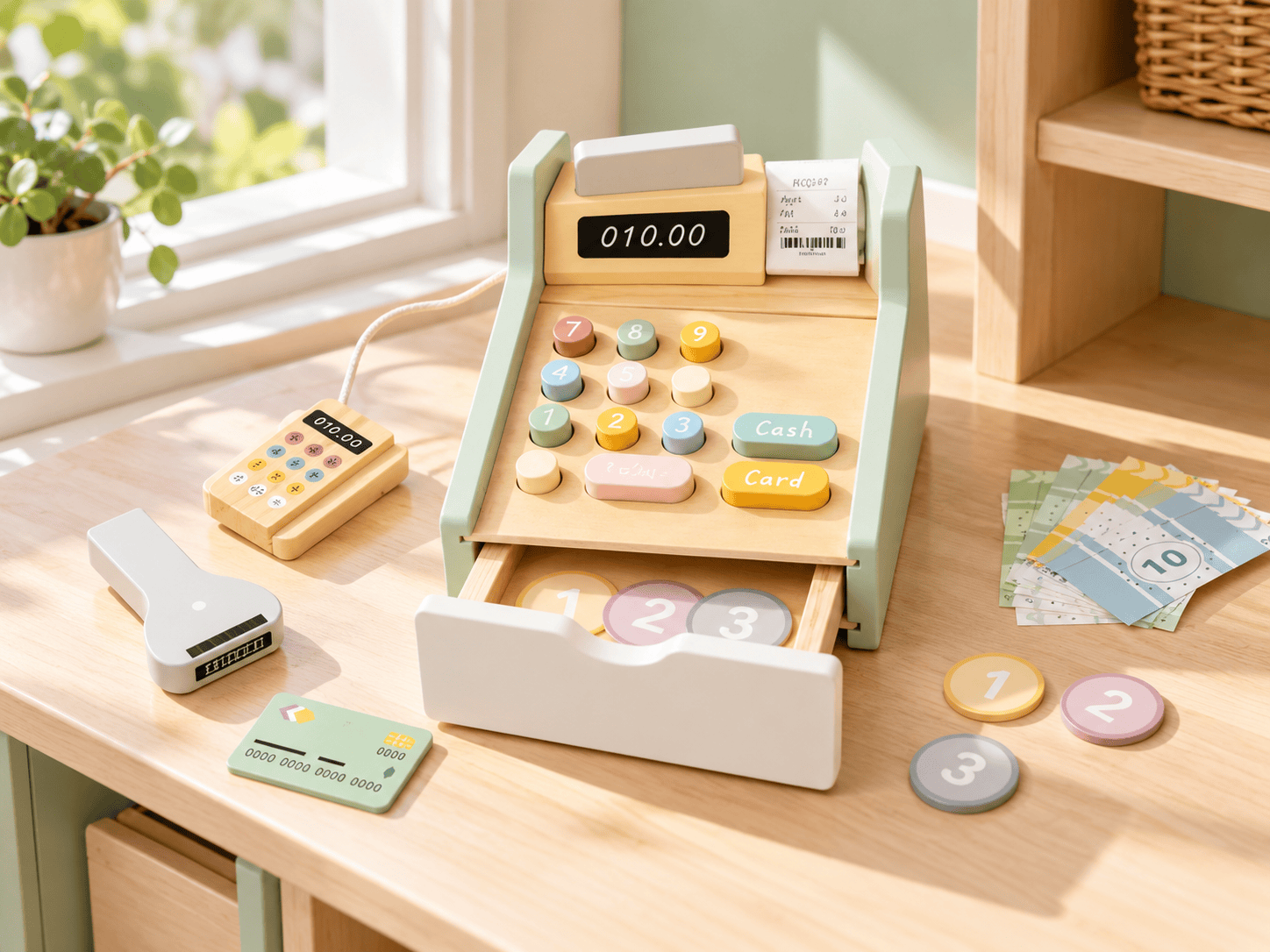 Дървен детски касов апарат Tooky Toy с баркод четец и пари - Image 3