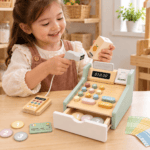 Дървен детски касов апарат Tooky Toy с баркод четец и пари