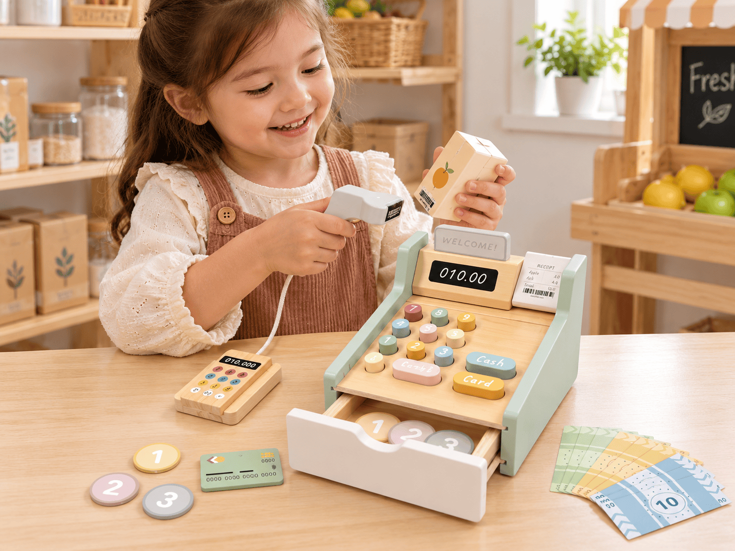 Дървен детски касов апарат Tooky Toy с баркод четец и пари Дървен детски касов апарат Tooky Toy с баркод четец и пари е красива образователна играчка за деца над 3 години, която превръща обикновената игра в истински малък магазин. Комплектът включва касов апарат, баркод четец, терминал за плащане, карта, банкноти и монети за игра, така че детето да може да бъде продавач, касиер или клиент и да измисля различни ситуации от ежедневието. Със своя изчистен дървен дизайн и нежни цветове дървеният детски касов апарат Tooky Toy изглежда стилно и приятно както в детската стая, така и в кът за ролеви игри в детска градина. Бутони, дисплей, чекмедже за парите и аксесоари правят играта реалистична и ангажираща. Това е прекрасна детска играчка за рожден ден, имен ден, Коледа или специална изненада за дете, което обича да играе на магазин и да подражава на възрастните. Дървен касов апарат за игра на магазин С дървен детски касов апарат Tooky Toy с баркод четец и пари детето може да създаде собствен магазин у дома. В комплекта има: касов апарат; баркод четец за „сканиране“ на продукти; терминал за плащане; банкова карта; банкноти за игра; монети за игра; бутони; дисплей; чекмедже за съхранение на парите. Детето може да подрежда продукти, да определя цени, да приема плащане, да връща „ресто“ и да сменя ролите с родител, братче, сестриче или приятел. Образователна играчка за първи стъпки в броенето Играта на магазин е чудесен начин детето постепенно да се запознае с: броенето; разпознаването на числа; събирането; идеята за плащане; разликата между карта, банкноти и монети; комуникацията между продавач и клиент; подреждането и организацията. Така детският касов апарат с пари за игра съчетава ролева и образователна игра по естествен начин, без детето да усеща заниманието като урок. Баркод четец и терминал за още по-реалистична игра Една от най-интересните части на комплекта е баркод четецът. Детето може да вземе избран продукт, да го „сканира“ и след това да избере начин на плащане – в брой или с карта. Терминалът и картата допълват модерната визия на касовия апарат и позволяват играта да прилича още повече на посещение в истински магазин. Ползи от играта с дървен касов апарат Дървен детски касов апарат може да подпомага развитието на: фината моторика; координацията око-ръка; математическото мислене; речниковия запас; социалните умения; въображението; ролевото мислене; самостоятелната игра; концентрацията; умението за редуване на роли. Играчките не правят децата ни по-послушни, но им дават пространство да бъдат себе си, да пресъздават света около тях и да развиват умения чрез игра. Защо да изберете касов апарат Tooky Toy Този модел предлага много повече от обикновена каса с няколко бутона. Основните му предимства са: дървена конструкция; красив пастелен дизайн; баркод четец; терминал за карта; банкова карта; банкноти; монети; чекмедже за пари; реалистичен дисплей; компактни размери; подходящ за деца над 3 години; отличен за ролеви игри у дома и в детска градина. Идеален за детска градина и образователен център Дървеният касов апарат Tooky Toy е много подходящ за: детски градини; предучилищни групи; занимални; детски центрове; образователни центрове; кътове за ролева игра. В групова среда децата могат да разпределят роли – продавач, клиент, касиер – и да упражняват комуникация, броене и социални умения. Онлайн магазин Мама&Бебе издава фактури за детски градини, фирми и образователни центрове. Идея за подарък за 3, 4, 5 или 6-годишно дете Дървен детски касов апарат Tooky Toy с баркод четец и пари е чудесна идея за: подарък за 3-годишно дете; подарък за 4-годишно дете; подарък за 5-годишно дете; подарък за 6-годишно дете; рожден ден; имен ден; Коледа; Великден; специална изненада. Не бих го представяла като подходящ за 1- или 2-годишно дете, защото продуктът е обозначен за 3+ години. Технически характеристики Продукт: Дървен детски касов апарат Tooky Toy с баркод четец и пари Модел: TP543 Марка: Tooky Toy Материал: дърво Размер: 13 x 16 x 11,5 см Размер на опаковката: 19,5 x 11 x 16,5 см Възраст: 3+ години Брой части: 23 Баркод четец: да Терминал за карта: да Банкова карта: включена Банкноти: включени Монети: включени Чекмедже за пари: да SKU: TP543 Баркод: 6976831554958 Материали и бои: безопасни за деца според информацията за продукта Често задавани въпроси Има ли пари за игра? Да. В комплекта са включени банкноти и монети за игра. Има ли банкова карта? Да. Комплектът съдържа карта и терминал за плащане. Има ли баркод четец? Да. Включен е баркод четец за ролево „сканиране“ на продукти. От какъв материал е? Касовият апарат е изработен от дърво. За каква възраст е подходящ? Играчката е предназначена за деца над 3 години. Подходяща ли е за детска градина? Да. Много подходяща е за ролеви кът, занимания по броене и социална игра. Издавате ли фактури? Да. Онлайн магазин Мама&Бебе издава фактури за детски градини, фирми и образователни центрове. Ако търсите дървен касов апарат за деца, моделът Tooky Toy TP543 предлага пълноценна ролева игра с баркод четец, терминал, карта, банкноти и монети. Това го прави подходящ избор за родители, които търсят образователни дървени играчки онлайн, играчка за игра на магазин, детски касов апарат с пари или дървена играчка за детска градина. В shopmamabebe.eu ще откриете още ролеви и образователни играчки за деца на различна възраст. отзивиза оформление ★★★★★ „Много красив дървен детски касов апарат. Дъщеря ми постоянно играе на магазин и разплаща с карта.“ Пример: Мария, Пловдив Дете на 4 г. ★★★★★ „Хареса ни, че има баркод четец, терминал, банкноти и монети. Играта е много по-реалистична.“ Пример: Елена, гр. Раковски Дете на 5 г. ★★★★★ „Търсехме образователна дървена играчка за броене и касовият апарат се оказа чудесен избор.“ Пример: Николета, София Дете на 6 г. Онлайн магазин Мама&Бебе В Онлайн магазин Мама&Бебе ще откриете детски играчки, дървени образователни комплекти, ролеви игри и подаръци за рожден ден, имен ден, Коледа и други специални поводи. Поръчайте лесно от: https://shopmamabebe.eu/ Facebook: https://www.facebook.com/mamaandbabystore Телефон за въпроси и поръчки: 0896944003 За гр. Раковски е възможно лично предаване след предварителна уговорка и потвърждение на наличността. Издаваме фактури за детски градини, фирми и образователни центрове. Благодарим Ви, че избирате Онлайн магазин Мама&Бебе. Всяка поръчка е важна за нас и ценим доверието Ви. Ако избирате подарък или продукт за детска градина, ще се радваме да помогнем с информация и лично отношение.