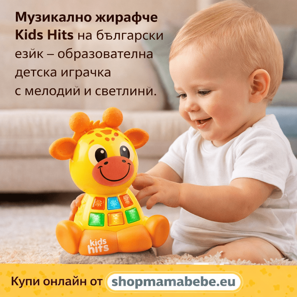 Kids Hits Музикално Жирафче БГ език Какво представлява Kids Hits Музикално Жирафче БГ език Kids Hits Музикално Жирафче БГ език е интерактивна детска музикална играчка на български език, създадена да превърне играта в учене, а ученето – в радост. Това цветно и усмихнато жирафче съчетава музика, светлини, сензорни елементи и образователни песни, които ангажират детето още от първия допир. Още в началото родителите забелязват как Kids Hits Музикалното Жирафче БГ език задържа вниманието, стимулира любопитството и създава спокойна, позитивна атмосфера у дома. Защо да изберете играчка Жирафче БГ език Когато търсите детски играчки, искате сигурност, качество и реална стойност за развитието на детето. Kids Hits Музикално Жирафче Български предлага: български език – детето учи естествено комбинация от музика, светлини и движение образователен подход чрез игра подходящо както за момичета, така и за момчета Това го прави отличен подарък за 1 г, 2 г, 3 г, 4 г, 5 г или 6 г дете. Ползи за детето от музикалното жирафче на български език развива слуха и ритмичното усещане подпомага фината моторика чрез бутони и щракащи елементи стимулира зрителното възприятие със светлини улеснява ученето на букви и броене насърчава самостоятелната игра Kids Hits Музикално Жирафче БГ език е чудесен избор както за ежедневна игра, така и за летни игри у дома, когато детето има нужда от занимание и спокойствие. Перфектен подарък за празници и специални поводи Търсите подарък за Коледа, изненада за имен ден, подарък за рожден ден, кръщене или подарък под елхата? Kids Hits Музикално Жирафче БГ език създава празнична емоция и остава любим подарък дълго след разопаковането. Малка история от доволни родители Много родители споделят, че още на първия ден детската музикална играчка жираф се превръща в любим приятел. Детето пее, танцува и натиска бутоните с усмивка – а родителите са спокойни, че играта е полезна. Технически характеристики на Музикално Жирафче Български език Марка: Kids Hits Тип: детска музикална играчка Език: български Възраст: над 2 години Размери: 13 x 8 x 21 см Материал: висококачествена пластмаса Звуци и мелодии: 25 Образователни песни: 2 Захранване: 2 x AAA батерии (включени – демонстрационни) Баркод (EAN): 4897126754971 Номенклатурен номер: 1012447 Отзиви от доволни клиенти ★★★★★ Мария Иванова, София – дете на 2 г. „Прекрасно Музикално Жирафче Купих го от shopmamabebe.eu и детето го обожава.“ ★★★★★ Петър Георгиев, Пловдив – дете на 3 г. „Търсих подарък за 3 годишно дете и това жирафче беше точният избор. Образователно и забавно.“ ★★★★★ Елена Николова, с. Костиево – дете на 2 г. „Един от най-добрите детски играчки онлайн. Много качествен продукт.“ Често задавани въпроси Подходящо ли е за подарък? Да, Kids Hits Музикално Жирафче БГ език е универсален подарък за всякакви поводи. Силен ли е звукът? Звукът е мек и съобразен с малки деца. Полезни линкове Препоръчани категории от магазин Мама & Бебе: https://shopmamabebe.eu/produkt-kategoriya/ Повече за доставка с Еконт: https://www.econt.com Kids Hits Музикално Жирафче БГ език е сред най-търсените детски музикални играчки на български език, защото съчетава обучение, забавление и сигурност в едно. Родителите, които търсят къде да купя детски играчки онлайн, избират език като най-добър подарък за 2 годишно дете, подарък за 3 годишно дете или образователна играчка за ранно развитие. Тази интерактивна детска играчка жираф подпомага ученето на букви и броене, развива слуха и фината моторика и е подходяща както за ежедневна игра, така и като коледен подарък за дете, подарък за имен ден, изненада за рожден ден или подарък под елхата. Ако търсите образователни детски играчки онлайн, музикални играчки с български език или качествени детски играчки от доверен онлайн магазин, Онлайн магазин Мама&Бебе предлага Kids Hits Музикално Жирафче БГ език с бърза доставка и доказано доверие от родители в цяла България. Това е отличен избор за детски подаръци за момичета и момчета, подходящ за летни игри у дома, зимни празници и специални поводи. 👇 Добави в количката и подари усмивка още днес. 📦 Бърза доставка от доверен детски онлайн магазин. Обадете се на 0896944003 Последвайте ни във Facebook Онлайн магазин Мама&Бебе предлага богато разнообразие от детски играчки, подаръци за Коледа, Нова година, именни дни и специални поводи. Купи лесно и бързо на shopmamabebe.eu – мястото, където всяка играчка носи усмивка! Благодарим Ви, че избирате Онлайн магазин Мама & Бебе – доверен магазин с хиляди изпратени поръчки и доволни клиенти.