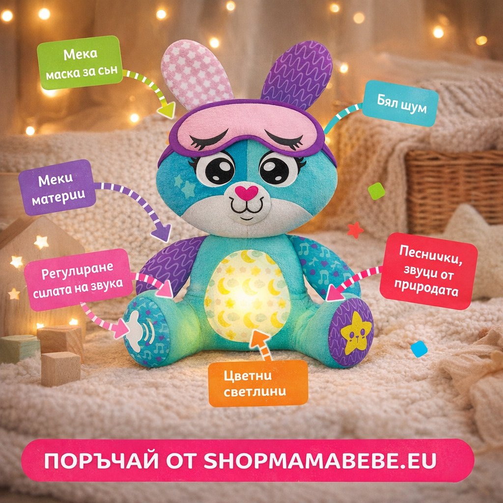 Kids Hits Сладко Зайче Лека Нощ – музикална бебешка играчка за спокоен сън Kids Hits Сладко Зайче Лека Нощ е мека, музикална и успокояваща бебешка играчка. Създадена да превърне вечерния ритуал в момент на сигурност, нежност и сладки сънища. Това очарователно зайче с маска за сън комбинира музика за приспиване, бял шум, звуци от природата и меки светлини, които помагат на бебето да се отпусне и заспи по-лесно. Още от първия допир Kids Hits Сладко Зайче Лека Нощ създава усещане за спокойствие – точно това, което всеки родител търси. Защо да изберете Kids Hits Сладко Зайче Лека Нощ за вашето дете Тази детска играчка не е просто сладка – тя е истински помощник за съня. Подходяща е както за новородени, така и за по-големи бебета. Причини да я купите: помага за по-бързо заспиване намалява тревожността при раздяла създава сигурна рутина преди сън идеална за подарък за кръщене или първи рожден ден Ползи за детето от музикалното зайче стимулира сетивата чрез светлина и звук развива слуховото възприятие успокоява чрез бял шум и мелодии подпомага емоционалното развитие създава чувство за сигурност Подходящо е както за вечерни ритуали, така и за следобеден сън, дори по време на летни игри и пътувания. Перфектен подарък за Коледа, рожден ден и специални поводи е: коледен подарък за бебе подарък за 1 г, 2 г, 3 г дете изненада за Нова година нежен подарък за кръщене Поставено под елхата, това зайче носи спокойствие, а не просто радост. Технически характеристики на Зайче Лека Нощ Марка: Kids Hits Модел: KH50/001 Размер: 15 x 20 x 29 см Материал: мек текстил, безопасен за бебета Възраст: над 0 месеца Функции: 6 песнички, 5 звука от природата, бял шум, светлини Захранване: 2 x AAA батерии (включени – демонстрационни) Баркод (EAN): 4897126753189 Номенклатурен номер: 1012451 Отзиви от доволни клиенти за Kids Hits Сладко Зайче Лека Нощ ★★★★★ Мария Иванова, гр. Пловдив – дете на 8 месеца „Най-добрата покупка от детски онлайн магазин. Зайче Лека Нощ помогна на бебето ни да заспива само.“ ★★★★★ Георги Петров, с. Труд – дете на 1 година „Перфектен коледен подарък за дете. Музиката и белият шум са много успокояващи.“ ★★★★★ Елена Димитрова, гр. Варна – дете на 2 години „Търсих къде да купя качествени детски играчки онлайн и попаднах на shopmamabebe.eu – страхотен избор.“ Често задавани въпроси за Kids Hits Зайче Лека Нощ Подходящо ли е за новородено? Да, играчката е създадена за бебета над 0 месеца. Може ли да се използва през деня? Да, подходящо е и за следобеден сън и релакс. Къде да купите оригинални детски играчки Онлайн магазин Мама&Бебе предлага богато разнообразие от детски играчки, подаръци за Коледа и специални поводи: https://shopmamabebe.eu/produkt-kategoriya/ Повече за доставка с Еконт: https://www.econt.com Белият шум в Kids Hits Сладко Зайче Лека Нощ е нежен и равномерен, създаден така, че да наподобява познатите звуци от майчината утроба, които бебето е чувало още преди раждането. Тази мека звукова среда носи усещане за близост, сигурност и спокойствие, помага на мъничето да се отпусне по-лесно и да заспи по-бързо. В съчетание със спокойните природни звуци – фини естествени тонове, напомнящи тиха нощ, лек ветрец или нежно шумолене – играчката създава топла, уютна атмосфера, в която детето се чувства защитено и обгрижено. Така вечерният ритуал се превръща в мил и спокоен момент, изпълнен с нежност, комфорт и сладки сънища за най-малките. Добави в количката и осигури спокоен сън още тази вечер. Избери сигурност, комфорт и нежност за своето дете.