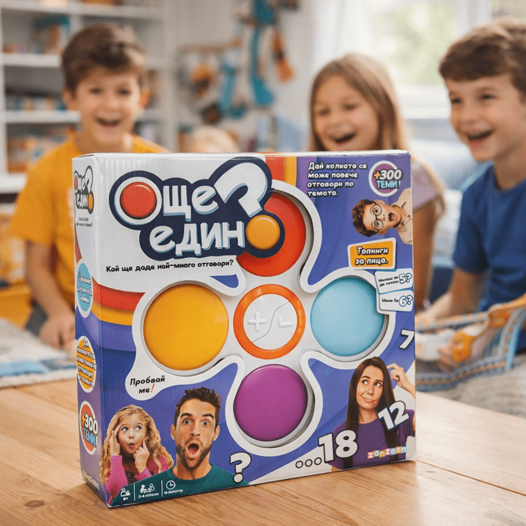 ZANZOON Игра Още Един – динамична парти игра за бързо мислене и смях ZANZOON Игра Още Един е изключително забавна и интелигентна детска настолна игра, създадена за по-големи деца над 8 години и за цялото семейство. Това е игра, която събира всички около масата и носи непрекъснато забавление, напрежение и много смях. Идеална е за семейни вечери, детски партита и време без екрани. Защо да изберете ZANZOON Игра Още Един Родителите избират ZANZOON Игра Още Един, защото тя: развива бързото мислене и словесните умения насърчава концентрацията и увереността учи децата да поемат премерен риск обединява деца, тийнейджъри и родители е чудесна алтернатива на екранното време Подходяща е за момичета и момчета и е перфектна образователна парти игра. Как се играе ZANZOON Игра Още Един Гейм мастърът задава тема. Играчите се състезават кой ще назове най-много неща, свързани с нея. Ако смяташ, че знаеш още – продължаваш и печелиш повече точки. Ако сбъркаш или не успееш – другите играчи взимат твоите точки. Колкото повече рискуваш, толкова по-голяма може да е наградата. Виртуален гейм мастър – играта се води сама Играта разполага с виртуален водещ, който: обяснява правилата задава темите следи точките поддържа темпото на играта Това позволява на децата да играят самостоятелно, а родителите просто да се включат и да се забавляват. Играта разполага с виртуален водещ, който поема ролята на модератор и прави преживяването напълно самостоятелно. Този интелигентен помощник задава темите, обяснява правилата, следи точките и поддържа темпото на играта, така че децата да се фокусират върху забавлението. Благодарение на този електронен гейм водач, настолната игра протича динамично, без нужда някой възрастен постоянно да чете инструкции или да следи резултатите. Това прави играта подходяща както за семейни вечери, така и за игра с приятели, като насърчава самостоятелност, бързо мислене и активна комуникация между участниците. Ползи за детето Играчките не правят децата по-послушни, но им дават пространство да бъдат себе си и да се развиват. ZANZOON Игра Още Един подпомага: логическото и асоциативното мислене словесното изразяване самочувствието социалните умения Подходяща е за деца на 8, 9, 10, 11 и 12 години, както и за тийнейджъри. Идея за подарък Играта е отличен избор за: подарък за 8-годишно дете подарък за 9-годишно дете подарък за 10-годишно дете коледен подарък семейни вечери и партита Технически характеристики Продукт: ZANZOON Игра Още Един Марка: Zanzoon Възраст: над 8 години Подходяща за: момичета и момчета Брой теми: над 300 Режими на игра: JUNIOR и FAMILY Размер: 27 × 27 × 6 см Номенклатурен номер: 1012373 Захранване: 3 × AAA батерии (включени с демонстрационна цел) Отзиви от доволни клиенти ★★★★★ Петя М., гр. София – дете на 9 г. Много забавна игра. ZANZOON Игра Още Един се играе от цялото семейство. ★★★★★ Иван К., гр. Пловдив – дете на 10 г. Страхотна парти игра за мислене и бързи реакции. ★★★★★ Мария Т., с. Труд Онлайн магазин Мама&Бебе предлага чудесни образователни игри за по-големи деца. Често задавани въпроси Подходяща ли е за семейна игра Да, режим FAMILY е създаден точно за това. Могат ли децата да играят сами Да, благодарение на виртуалния гейм мастър. Добави в количката и подготви следващата семейна вечер. Натисни и поръчай още днес. 📦 Повече за доставка с Еконт: https://www.econt.com Онлайн магазин Мама&Бебе предлага богато разнообразие от детски играчки, образователни игри и подаръци за Коледа, рожден ден и специални поводи. Купи лесно и бързо на shopmamabebe.eu – мястото, където всяка игра носи усмивка. 📞 0896944003 📘 https://www.facebook.com/mamaandbabystore Благодарим Ви, че избирате Мама&Бебе! Очакваме Вашите поръчки и сме тук, за да помогнем с всичко необходимо.