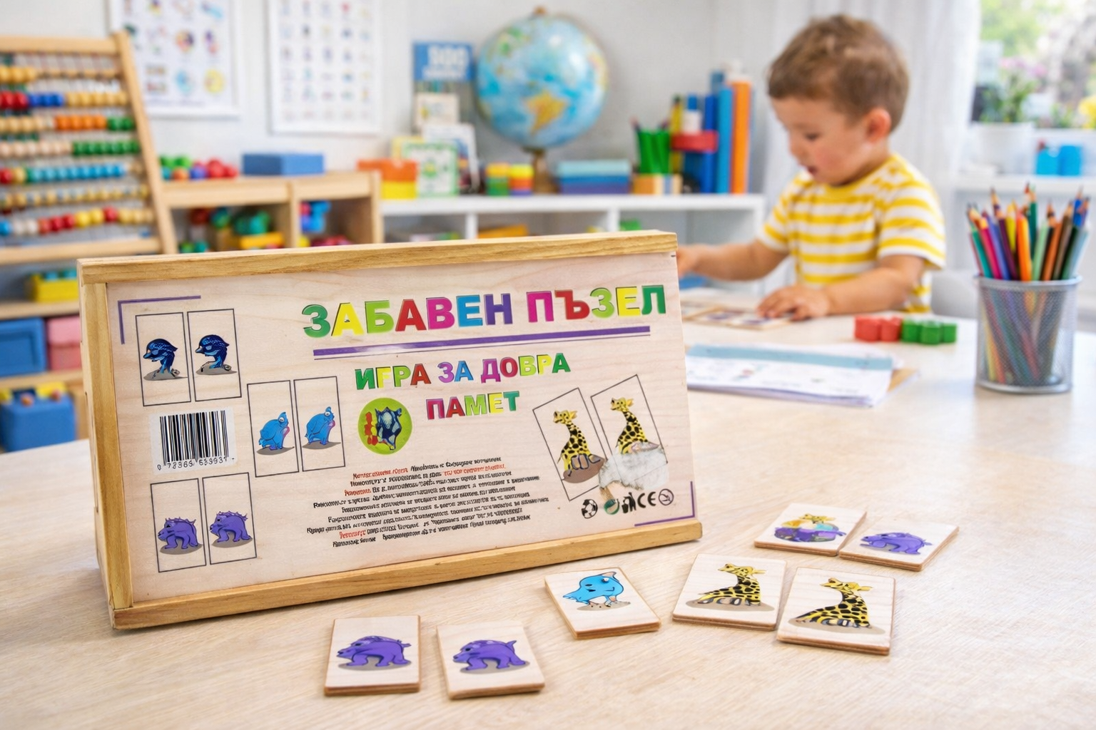 ДЪРВЕН ПЪЗЕЛ ИГРА ЗА ПАМЕТ – образователна игра за деца 2+ Какво представлява дървеният пъзел игра за памет Дървен пъзел игра за памет е класическа образователна игра, изработена от естествено дърво, предназначена да развива паметта, концентрацията и логическото мислене на децата чрез забавна и ангажираща игра. По снимка ясно се виждат дървени плочки с цветни животни, които детето трябва да открива по двойки – изключително ефективен и доказан метод за развитие на когнитивните умения в ранна възраст. Защо да изберете дървената игра за памет Тази дървена образователна игра за памет е създадена така, че детето да учи чрез игра. Тя е: безопасна и устойчива подходяща за самостоятелна и групова игра идеална както за дома, така и за детски градини и логопедични кабинети Родителите я избират, защото съчетава забавление + реално развитие, без екрани и без презастимулация. Ползи за детето от играта за памет Играта с дървен пъзел за памет подпомага: развитието на краткосрочната и дългосрочната памет концентрацията и вниманието визуалното разпознаване логическото мислене фината моторика Това я прави изключително подходяща за логопеди, работа с деца със забавено развитие на речта и за образователни занимания в детски градини. Как се играе дървената игра за памет Всички плочки се обръщат с лицето надолу. Детето обръща по две плочки и търси еднакви изображения. Ако открие двойка – я запазва. Ако не – плочките се обръщат обратно. Играта продължава, докато се намерят всички двойки. Този процес тренира паметта по естествен и приятен начин. Подзаглавие със синоним: Образователна дървена игра за развитие на паметта Подходяща е както за летни игри у дома, така и за целогодишни занимания в детски центрове. Чудесен избор за подарък за 2, 3, 4, 5 и 6-годишно дете, както и като изненада за рожден ден или имен ден. Технически характеристики Продукт: Дървен пъзел игра за памет Код: 010080 Баркод: 6901017100803 Размери: 12 x 22 см Материал: естествено дърво Възраст: 2+ години Подходяща за: дома, детска градина, логопеди Отзиви от доволни клиенти ДЪРВЕН ПЪЗЕЛ ИГРА ЗА ПАМЕТ 010080 ★★★★★ Мария, София – дете на 3 г. „Тази дървена игра за памет е страхотна. Детето ми я обожава и виждам как концентрацията му се подобрява.“ ★★★★★ Елена, Пловдив – дете на 4 г. „Изключително полезна образователна дървена игра. Препоръчвам за всяко семейство.“ ★★★★★ ДГ „Слънце“, Варна „Използваме я в ежедневните занимания. Отлична игра за памет и логика.“ Често задавани въпроси Подходяща ли е за логопеди? Да, силно препоръчвана за логопедична и педагогическа работа. Безопасна ли е? Да, изработена от гладко обработено дърво. Колко деца могат да играят? От 1 до 4 деца. 🧠 Защо дървената игра за памет е толкова полезна за децата Дървеният пъзел игра за памет е една от най-предпочитаните образователни дървени играчки за деца между 2 и 6 години, защото комбинира логическо мислене, концентрация и забавление в едно. Чрез класическата игра за памет с плочки, детето тренира способността си да запомня, сравнява и разпознава образи – умения, които са в основата на ученето и развитието на речта. Особено удобство при този дървен пъзел за памет е здравата дървена кутия с плъзгащ се капак, подобна на кутиите за домино. Тя позволява лесно съхранение и подреждане на плочките, без риск от загуба, което прави играта изключително практична както за дома, така и за детски градини, логопедични кабинети и занимални. Компактният размер позволява играта да се носи навсякъде – идеална за летни игри, пътувания или занимания навън. Образователната дървена игра за памет е предпочитан избор от родители, логопеди и педагози, защото развива вниманието, фината моторика и зрителната памет по естествен начин, без екрани. Ако търсите къде да купите дървена игра за памет онлайн, това е практичен и дълготраен избор, който ще се използва отново и отново. 👇 Добавете дървения пъзел игра за памет в количката и превърнете ученето в радост! 📦 Повече за доставка с Еконт: https://www.econt.com Онлайн магазин Мама&Бебе предлага богато разнообразие от детски играчки, дървени образователни комплекти и игри за развитие. Купи лесно и бързо на shopmamabebe.eu 📞 0896944003 📘 Facebook: https://www.facebook.com/mamaandbabystore Благодарим Ви, че избирате Онлайн магазин Мама & Бебе – мястото, където ученето започва с усмивка!