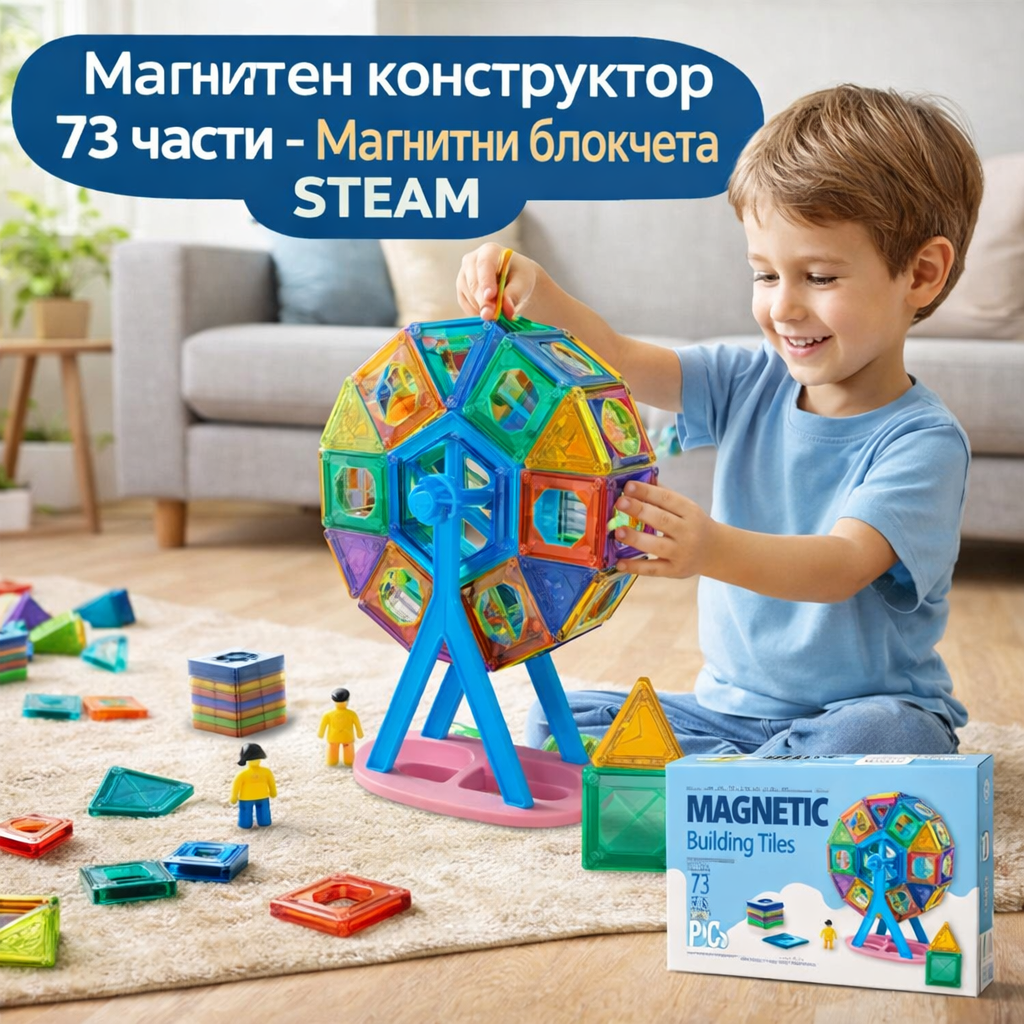 Магнитен конструктор 73 части – Виенско колело STEAM Код: 16522 Магнитен конструктор 73 части – Виенско колело STEAM е впечатляващ образователен комплект, който позволява на детето да изгради собствено въртящо се виенско колело, цветни геометрични фигури и различни 3D конструкции. Това е прекрасна детска играчка, подходяща за рожден ден, Коледа, Великден или като изненада за 3, 4, 5 или 6-годишно дете. Комплектът включва 73 магнитни елемента – квадрати, триъгълници, специални части за изграждане на виенско колело със стабилна основа, ос за въртене, декоративни панели и малки фигурки за още по-реалистична игра. Частите са цветни, прозрачни и лесни за сглобяване чрез силни вградени магнити. Защо да изберете магнитен конструктор 73 части с виенско колело Този магнитен строителен комплект развива логическо мислене, пространствено въображение и концентрация. Детето не просто реди блокчета – то създава атракционен парк. Ползи: Подобрява фината моторика Развива STEM умения Насърчава самостоятелна игра без екрани Учи на баланс и стабилност Стимулира творческо мислене Играчките не правят децата по-послушни, но им дават пространство да бъдат себе си и да се развиват. Ако търсите „образователни детски играчки онлайн“ или „идея за подарък за 4-годишно дете“, този магнитен конструктор 73 части – Виенско колело STEAM е отличен избор. Какво включва комплектът 73 магнитни части Квадратни и триъгълни плочки Основа и ос за въртене на колелото Цветни панели Малки фигурки Стабилна конструкция за виенско колело Технически данни Код: 16522 Брой части: 73 Материал: ABS пластмаса с вградени магнити Тип: STEAM образователен магнитен конструктор Препоръчителна възраст: 3+ години Размер на опаковката: приблизително 24 x 20 x 6 cm Отзиви от доволни клиенти ★★★★★ Елена Т., гр. Варна, дете 5 г. „Най-добрият магнитен конструктор с виенско колело, който сме купували. Детето не спира да строи.“ ★★★★★ Георги П., гр. Пловдив, 4 г. „Търсех магнитен конструктор 73 части за подарък за 4-годишно дете. Отлично качество и бърза доставка.“ ★★★★★ Мария Н., с. Труд, 6 г. „Страхотен образователен комплект. Перфектен подарък за рожден ден.“ Защо да поръчате от Онлайн магазин Мама&Бебе Онлайн магазин Мама&Бебе предлага богато разнообразие от детски играчки, дървени образователни комплекти и подаръци за Коледа, рожден ден и специални поводи. Купи лесно и бързо на shopmamabebe.eu – мястото, където всяка играчка носи усмивка. Последвайте ни във Facebook: https://www.facebook.com/mamaandbabystore За поръчки: 0896944003 📦 Повече за условията на доставка с Еконт: https://www.econt.com 👇 Добавете в количката – ще се влюби не само детето, а и ти. Често задавани въпроси Подходящ ли е за 3-годишно дете? Да, препоръчва се за деца над 3 години. Върти ли се наистина колелото? Да, конструкцията позволява реално въртене. Може ли да се комбинира с други магнитни блокчета? Да, съвместим е с повечето стандартни магнитни комплекти. Ако търсите магнитен конструктор 73 части – Виенско колело STEAM, който наистина развива умения и задържа вниманието на детето, това е точният избор. Този магнитен строителен комплект с виенско колело е сред най-търсените образователни детски играчки онлайн, защото съчетава игра, логика и движение в едно. Подходящ е като подарък за 3-годишно дете, подарък за 4-годишно дете или креативна изненада за Коледа и рожден ден. Родителите често го избират, когато търсят „къде да купя магнитен конструктор за дете“ или „най-добър образователен подарък с реална стойност“. Благодарение на цветните магнитни блокчета за деца и въртящото се колело, детето не просто реди форми, а създава цял атракционен свят. Ако искате стабилен, качествен и дългосрочен избор от детски онлайн магазин, магнитен конструктор с 73 части и фигурки е инвестиция в развитие, въображение и самостоятелна игра. Добавете в количката още днес и подарете преживяване, което ще се помни. Благодарим Ви, че избрахте Онлайн магазин Мама&Бебе. Очакваме Вашите поръчки и сме тук, за да помогнем с всичко необходимо.
