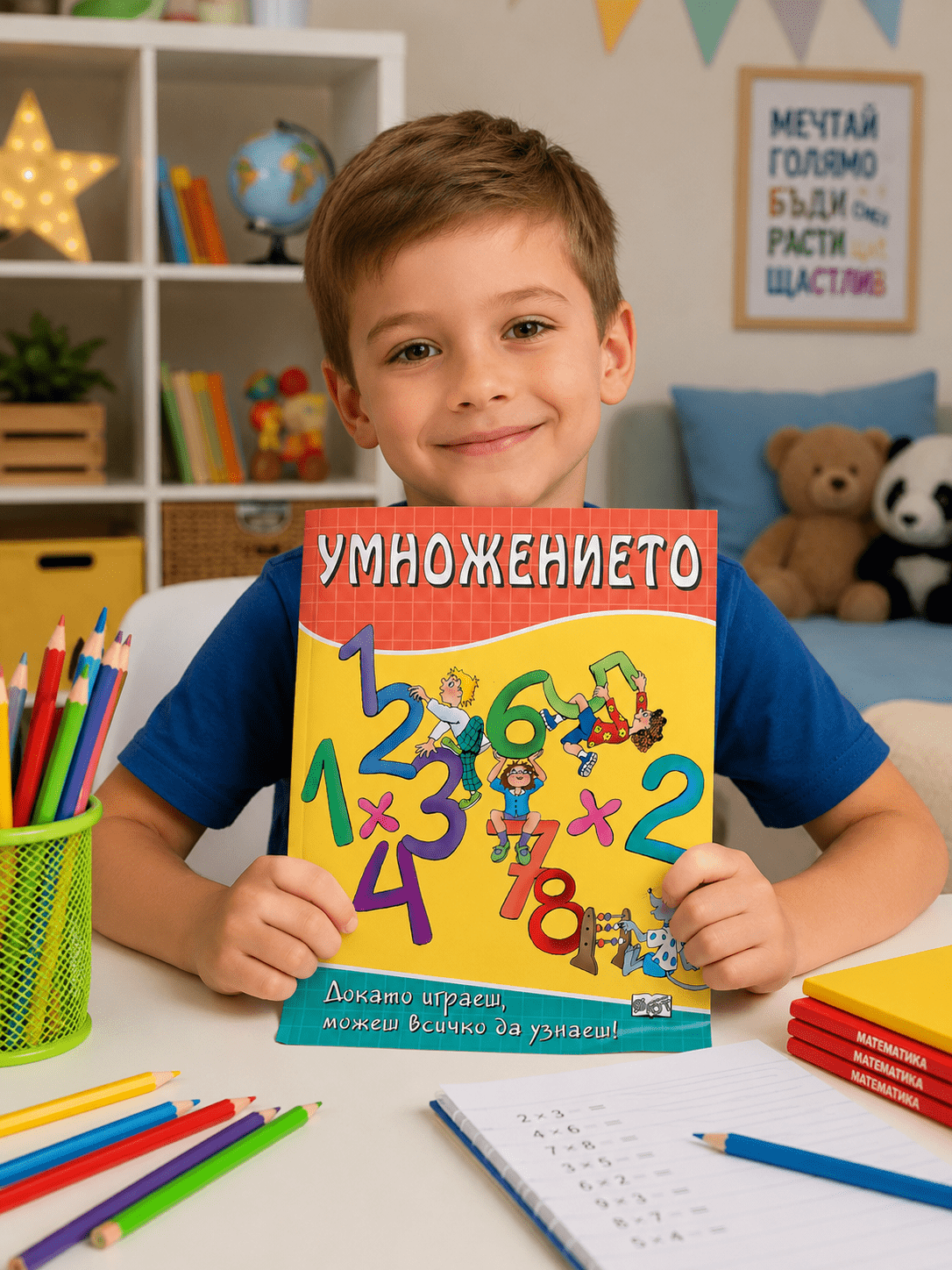 Книжка Умножението – лесно учене на таблицата за умножение за деца и ученици във 2 клас Търсите полезна и интересна книжка за учене на таблицата за умножение, която да помогне на детето да разбере математиката по-лесно и спокойно? Книжка Умножението – лесно учене на таблицата за умножение е чудесно образователно помагало за деца между 5 и 9 години, създадено специално за ученици във 2 клас, когато започва изучаването на умножението. Тази детска книжка помага на децата да разберат по лесен и забавен начин какво представлява действието умножение. Чрез игрови задачи, примери и упражнения детето започва по-уверено да решава задачи и постепенно научава таблицата за умножение без излишно напрежение. Книжка Умножението – лесно учене на таблицата за умножение е прекрасен образователен подарък за: ученик във 2 клас подготовка за училище допълнителни занимания у дома лятна ваканция подарък за 1 юни полезна изненада за дете Защо тази книжка за умножение е толкова полезна за второкласници Във 2 клас децата започват да учат таблицата за умножение и за много родители това е предизвикателство. Именно затова тази образователна книжка по математика е толкова ценна – тя превръща ученето в по-лесно, спокойно и интересно занимание. Книжката: изяснява същността на действието умножение улеснява разбирането на таблиците за умножение показва приложението на умножението чрез забавни примери развива логическото мислене насърчава самостоятелната работа Това е чудесен начин детето да упражнява математиката далеч от телефони и таблети, докато учи чрез практика и повторение. Ползи за детето от книжката „Умножението“ Тази книжка за таблицата за умножение помага на детето: да стане по-уверено в училище да учи по-лесно математиката да подобри концентрацията да упражнява логическото мислене да затвърди знанията от 2 клас да учи спокойно у дома с родител Подходяща е както за самостоятелна работа, така и за съвместни занимания между родител и дете. Технически характеристики Продукт: Книжка „Умножението“ Възраст: 5–9 години Подходяща за: 2 клас Страници: 32 Формат: 220 x 290 мм Техническа характеристика: черно-бяла Материал: хартия Баркод: 3800083803300 Отзиви от доволни клиенти ★★★★★ Елена Петрова, гр. София „Страхотна книжка за учене на таблицата за умножение. Детето ми е във 2 клас и започна много по-лесно да решава задачи.“ ★★★★★ Николай Георгиев, гр. Варна „Полезно помагало по математика за деца. Купихме я за подарък за 1 юни и синът ми много я хареса.“ ★★★★★ Мария Иванова, с. Труд „Търсех книжка за умножение за второкласник и тази е чудесна. Има лесни примери и забавни задачи.“ Онлайн магазин Мама&Бебе В shopmamabebe.eu ще откриете образователни книжки, помагала, енциклопедии и подаръци за любознателни деца. Последвайте Онлайн магазин Мама&Бебе във Facebook: Facebook страницата на Мама&Бебе Телефон за поръчки: 0896944003 🚚 Доставка и сигурност от Мама&Бебе Доставка чрез Еконт за 1–3 работни дни Преглед и тест преди плащане Сигурни методи за плащане 📦 Повече за условията на доставка с Еконт: Econt България Благодарим Ви, че избирате Онлайн магазин Мама&Бебе! Таблицата за умножение е една от най-важните стъпки в началното обучение по математика. Именно във 2 клас децата започват да учат умножение и често имат нужда от допълнителни упражнения и по-лесно обяснение у дома. Затова книжка Умножението – лесно учене на таблицата за умножение е толкова полезно и търсено учебно помагало за деца между 5 и 9 години. Това е образователна работна тетрадка, която помага на детето постепенно да разбере какво е умножението, как работи таблицата за умножение и къде се използва в ежедневието и училище. Чрез игрови задачи, примери и упражнения детето упражнява смятане, логика и концентрация по забавен и спокоен начин. Тази книжка по математика е чудесен избор за родители, които търсят полезна книжка за 2 клас, помагало за учене у дома или образователен подарък за дете. Подходяща е за допълнителна подготовка, лятна ваканция, упражнения след училище и затвърждаване на знанията по математика. Ако търсите книжка за лесно учене на таблицата за умножение, работна тетрадка по математика за второкласници или занимателна математика за деца далеч от телефони и таблети, това е чудесен избор за всяко любознателно дете. книжка за умножение, таблица за умножение за деца, книжка по математика за 2 клас, образователна книжка за деца, учене на умножение, математическа книжка за деца, помагало по математика, книжка за второкласници, упражнения по умножение, детска книжка по математика, учебно помагало за 2 клас, книжка за лесно учене на умножение, математика за деца, занимателна математика, образователен подарък за дете, книжка за 1 юни, книжка за учене у дома, полезна книжка за деца, книжка далеч от екрани, математически задачи за деца, книжка за развитие на логиката