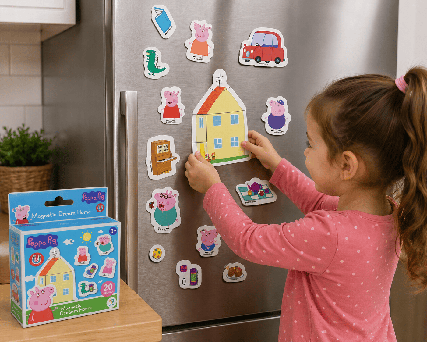 Peppa Pig Магнитна игра Magnetic Dream Home 20 части Любимото Прасето Пепа оживява в забавна магнитна игра Peppa Pig Магнитна игра Magnetic Dream Home 20 части е прекрасна образователна детска играчка, създадена за малките почитатели на Прасето Пепа (Peppa Pig) – едно от най-обичаните анимационни герои в света. Веселото прасенце Пепа, заедно със своето семейство и приятели, учи децата на доброта, приятелство, въображение и семейни ценности чрез кратки и забавни истории, които милиони малчугани гледат с интерес всеки ден. Вдъхновена от любимия анимационен сериал, Peppa Pig Магнитна игра Magnetic Dream Home 20 части позволява на детето да пресъздава познати сцени или да измисля напълно нови приключения с Прасето Пепа. Благодарение на магнитните елементи играта е лесна за използване върху хладилник, магнитна дъска или всяка метална повърхност, което я прави подходяща както за дома, така и за пътуване. Ако търсите магнитна игра Peppa Pig, играчка с Прасето Пепа, образователна магнитна игра за деца или подарък за 3-годишно дете, този комплект е чудесен избор. Докато играят, децата развиват въображението си, фината моторика, концентрацията и умението да създават собствени истории, без да усещат, че едновременно учат. В Онлайн магазин Мама&Бебе ще откриете внимателно подбрани детски играчки, които носят истинска стойност. Peppa Pig Магнитна игра Magnetic Dream Home 20 части е една от онези играчки, към които децата се връщат отново и отново, защото всяка игра е различна и вдъхновява нови приключения. Любимата Peppa Pig вече може да играе заедно с Вашето дете Ако търсите интересна, образователна и качествена детска играчка, която ще забавлява детето с часове, Peppa Pig Магнитна игра Magnetic Dream Home 20 части е чудесен избор. Малките почитатели на любимата Peppa Pig ще могат да създават свои собствени истории, да подреждат различни сцени и да развиват въображението си по напълно естествен начин. Тази магнитна игра съчетава любимите герои от света на Peppa Pig с интересни магнитни елементи, които лесно се поставят върху хладилник, магнитна дъска или всяка метална повърхност. Така играта може да продължи у дома, по време на пътуване, на гости или дори в детската градина. В Онлайн магазин Мама&Бебе вярваме, че най-хубавите детски играчки са тези, които развиват въображението, а не просто запълват свободното време. Именно затова Peppa Pig Магнитна игра Magnetic Dream Home 20 части е сред продуктите, които родителите избират отново и отново. Защо да изберете Peppa Pig Магнитна игра Magnetic Dream Home 20 части Всяко дете обича да измисля нови истории. С този красив магнитен комплект малчуганите могат свободно да комбинират фигурките и да създават различни ситуации с любимите герои. Докато играят, децата: развиват фината моторика; подобряват координацията око-ръка; стимулират въображението; развиват речта чрез разказване на истории; упражняват концентрацията; тренират паметта; развиват логическото мислене; учат чрез игра. Играчките не правят децата по-послушни, но им дават пространство да бъдат себе си, да мечтаят, да създават и да се развиват с удоволствие. Любимите герои на Peppa Pig оживяват Комплектът включва 20 магнитни елемента, които могат да се комбинират по различни начини. Част от фигурките изграждат по-голяма сцена, а останалите позволяват детето само да измисля нови приключения. Това превръща всяка игра в различно преживяване. Благодарение на магнитите играчката е подходяща и за пътуване с автомобил, почивка или посещение при баба и дядо. Образователна магнитна игра за деца над 3 години Peppa Pig Магнитна игра Magnetic Dream Home 20 части е чудесен избор за: домашни занимания; детски градини; занимални; предучилищна подготовка; логопедични кабинети; семейни игри. Магнитните елементи са удобни за малките детски ръчички, със заоблени форми и ярки цветове. Прекрасна идея за подарък Търсите: подарък за 3-годишно дете; подарък за 4-годишно дете; подарък за 5-годишно дете; подарък за рожден ден; подарък за имен ден; подарък за Коледа; подарък за Великден; изненада за малък почитател на Peppa Pig? Тази магнитна игра е чудесен избор. Не е подходяща като подарък за кръщене, тъй като е предназначена за деца над 3 години. Технически характеристики Марка: Dodo Лиценз: Peppa Pig Серия: Magnetic Dream Home Код: 200615 Брой части: 20 магнитни елемента Размер на кутията: 11 × 13.5 × 5 см Материал: магнитни елементи и картон Възраст: 3+ Подходящо за: момичета и момчета EAN: Не е предоставен от производителя. Отзиви от доволни клиенти ★★★★★ Мария Иванова – гр. Пловдив „Дъщеря ми е голям фен на Peppa Pig и тази магнитна игра се превърна в любимото ѝ занимание. Качествена изработка и много красиви фигурки.“ ★★★★★ Георги Петров – гр. Варна „Търсехме образователна играчка за пътуване. Магнитите стоят стабилно и детето играе с интерес.“ ★★★★★ Десислава Николова – гр. София „Страхотен подарък за 3-годишно дете. Любимите герои на Peppa Pig направиха играта още по-забавна.“ ★★★★★ Петя Георгиева – с. Труд „Много качествен комплект. Детето измисля различни истории всеки ден. Препоръчвам.“ Често задавани въпроси Подходяща ли е за 3-годишно дете? Да, производителят препоръчва играта за деца над 3 години. Къде могат да се използват магнитите? Върху хладилник, магнитна дъска или всяка метална повърхност. Колко елемента включва? Комплектът съдържа 20 магнитни части. Подходяща ли е за пътуване? Да. Компактната кутия позволява лесно пренасяне. Може ли да бъде подарък? Да. Подходяща е за рожден ден, имен ден, Коледа, Великден или друга специална изненада. Може ли да се получи от склада? Да. Жителите на гр. Раковски могат да получат продукта от склада ни след предварителна уговорка и потвърждение за наличност. Защо да поръчате от Онлайн магазин Мама&Бебе? Онлайн магазин Мама&Бебе предлага богато разнообразие от детски играчки, образователни комплекти и подаръци за всякакви поводи. Купете лесно и сигурно от shopmamabebe.eu – мястото, където всяка играчка носи усмивка. Последвайте ни във Facebook: https://www.facebook.com/mamaandbabystore Телефон за поръчки: 0896944003 📦 Повече за условията на доставка с Еконт: https://www.econt.com 👇 Добавете Прасенцето Пепа Магнитна игра Magnetic Dream Home в количката още днес и подарете часове забавление и развитие на Вашето дете. Peppa Pig Магнитна игра Magnetic Dream Home 20 части е образователна магнитна игра за деца над 3 години. Развива въображението, фината моторика и концентрацията чрез игра с любимите герои от Peppa Pig. Благодарим Ви, че избрахте Онлайн магазин Мама&Бебе! Очакваме Вашите поръчки и сме винаги насреща, за да помогнем с избора на най-подходящата детска играчка.