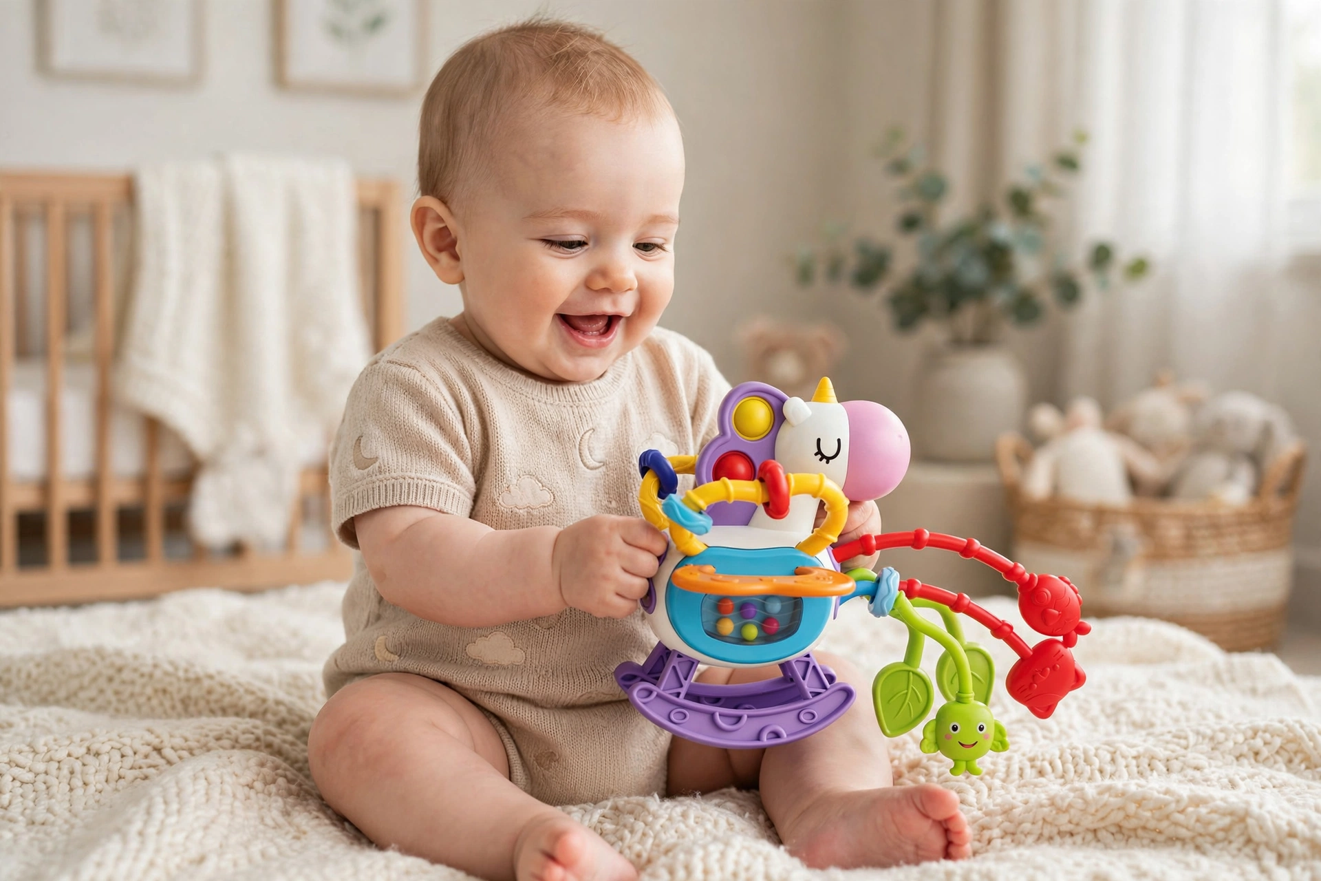 Сензорна играчка Еднорог 6 в 1 за бебе Montessori Ако търсите Сензорна играчка Еднорог 6 в 1 за бебе Montessori, която съчетава забавление, обучение и развитие в една играчка, този очарователен еднорог е отличен избор. Това е прекрасна детска играчка, разработена специално за малките откриватели, които чрез игра опознават света около себе си. Сензорната играчка Еднорог 6 в 1 за бебе Montessori предлага шест различни начина за игра – меки силиконови въженца за дърпане, Pop It бутони за натискане, гризалки за успокояване на венците и разнообразни тактилни елементи. Всяко движение стимулира любопитството на детето и подпомага развитието на фината моторика, координацията между очите и ръцете и логическото мислене. Това е чудесен избор за подарък за 1-годишно дете, подарък за 2-годишно дете, подарък за рожден ден, Коледа, Великден или като специална изненада за всяко любознателно момиче или момче. ## Защо тази Montessori сензорна играчка е отличен избор? Все повече родители избират Сензорна играчка Еднорог 6 в 1 за бебе Montessori, защото тя съчетава принципите на Монтесори обучението с модерни сензорни активности. Детето не просто играе. То: дърпа; натиска; върти; изследва; усеща различни текстури; развива координацията си. Всичко това подпомага естественото развитие без използване на екрани. Montessori играчка за развитие на фината моторика Сензорната играчка Еднорог 6 в 1 за бебе Montessori подпомага: ✔ развитието на фината моторика ✔ координацията между очите и ръцете ✔ тактилното възприятие ✔ логическото мислене ✔ концентрацията ✔ самостоятелната игра ✔ ранното обучение чрез игра Играчките не правят децата по-послушни, но им дават пространство да бъдат себе си, да експериментират, да откриват нови умения и да се развиват уверено всеки ден. Какво прави тази Fidget Toy играчка толкова интересна? Малките ръчички обожават да изследват различните елементи. Играчката предлага: силиконови въженца за дърпане; Pop It бутони; гризалки за венците; различни текстури; подвижни части; удобен размер за детските ръчички. Това я превръща в любима играчка както у дома, така и по време на разходка, пътуване или почивка. Защо родителите избират именно този модел? ✔ Montessori метод на игра ✔ 6 различни активности ✔ безопасни материали ✔ красив дизайн на еднорог ✔ компактни размери ✔ лесна за носене ✔ подходяща за ежедневно използване ✔ чудесен подарък за малко дете Технически характеристики Продукт: Сензорна играчка Еднорог 6 в 1 Тип: Montessori Fidget Toy Материал: ABS пластмаса и мек хранителен силикон Размер: 18 × 11 × 14 см Възраст: 12+ месеца Цвят: Възможни са разлики в цветовете на отделните елементи. Функции: силиконови въженца за дърпане; Pop It бутони; гризалки; сензорни активности; развитие на моториката; развитие на сетивата. ## Къде да купя Montessori сензорна играчка? Ако търсите: къде да купя Montessori играчки сензорна играчка за бебе играчка за развитие на фината моторика Montessori играчки онлайн най-добър подарък за годишно дете образователни детски играчки Fidget Toy за деца значи сте на правилното място. Онлайн магазин Мама&Бебе предлага богато разнообразие от качествени детски играчки, образователни комплекти и подаръци за рожден ден, Коледа, Великден и други специални поводи. Купете лесно и сигурно от: https://shopmamabebe.eu Facebook: https://www.facebook.com/mamaandbabystore Телефон: 0896944003 ## Причини да купите още днес ✔ развива фината моторика ✔ стимулира сетивата ✔ подпомага концентрацията ✔ безопасна за малките ръчички ✔ Montessori метод ✔ подходяща за ежедневно използване ✔ прекрасна идея за подарък 👇 Добавете продукта в количката още сега и подарете игра, която носи развитие всеки ден. 📦 Повече за условията на доставка с Еконт можете да откриете тук: https://www.econt.com Отзиви от доволни клиенти ★★★★★ Мария Николова, гр. Пловдив, дете на 1 година Купихме Сензорна играчка Еднорог 6 в 1 за бебе Montessori и останахме очаровани. Детето играе всеки ден и вече много по-лесно хваща различните елементи. ★★★★★ Георги Иванов, гр. Варна, дете на 14 месеца Една от най-хубавите Montessori играчки, които сме купували. Качествена, безопасна и много интересна. ★★★★★ Силвия Петрова, с. Труд Търсех сензорна играчка за бебе и тази надмина очакванията ми. Препоръчвам на всички родители. ★★★★★ Елена Стоянова, гр. Русе Страхотна Fidget Toy играчка. Синът ми постоянно дърпа въженцата и натиска Pop It бутоните. ★★★★★ Красимир Димов, гр. Бургас Купихме я за подарък за първи рожден ден. Родителите останаха много доволни. ## Често задавани въпроси Подходяща ли е за никнене на зъбки? Да. Разполага с меки силиконови гризалки, които успокояват венците. За каква възраст е предназначена? Подходяща е за деца над 12 месеца. Безопасни ли са материалите? Да. Изработена е от безопасна ABS пластмаса и мек силикон. Подходяща ли е за подарък? Да. Отличен избор за рожден ден, Коледа, Великден или изненада за малко дете. Какво развива? Фина моторика, координация, тактилни умения, концентрация и самостоятелна игра. Онлайн магазин Мама&Бебе Онлайн магазин Мама&Бебе предлага богато разнообразие от детски играчки, Montessori комплекти, образователни игри и подаръци за Коледа, Великден, рожден ден и специални поводи. Купете лесно и сигурно от shopmamabebe.eu – мястото, където всяка играчка носи усмивка! Благодарим Ви, че избрахте Онлайн магазин Мама&Бебе! За нас е удоволствие да бъдем част от щастливите детски моменти. Очакваме Вашите поръчки и винаги сме насреща, за да помогнем с избора на най-подходящата играчка.