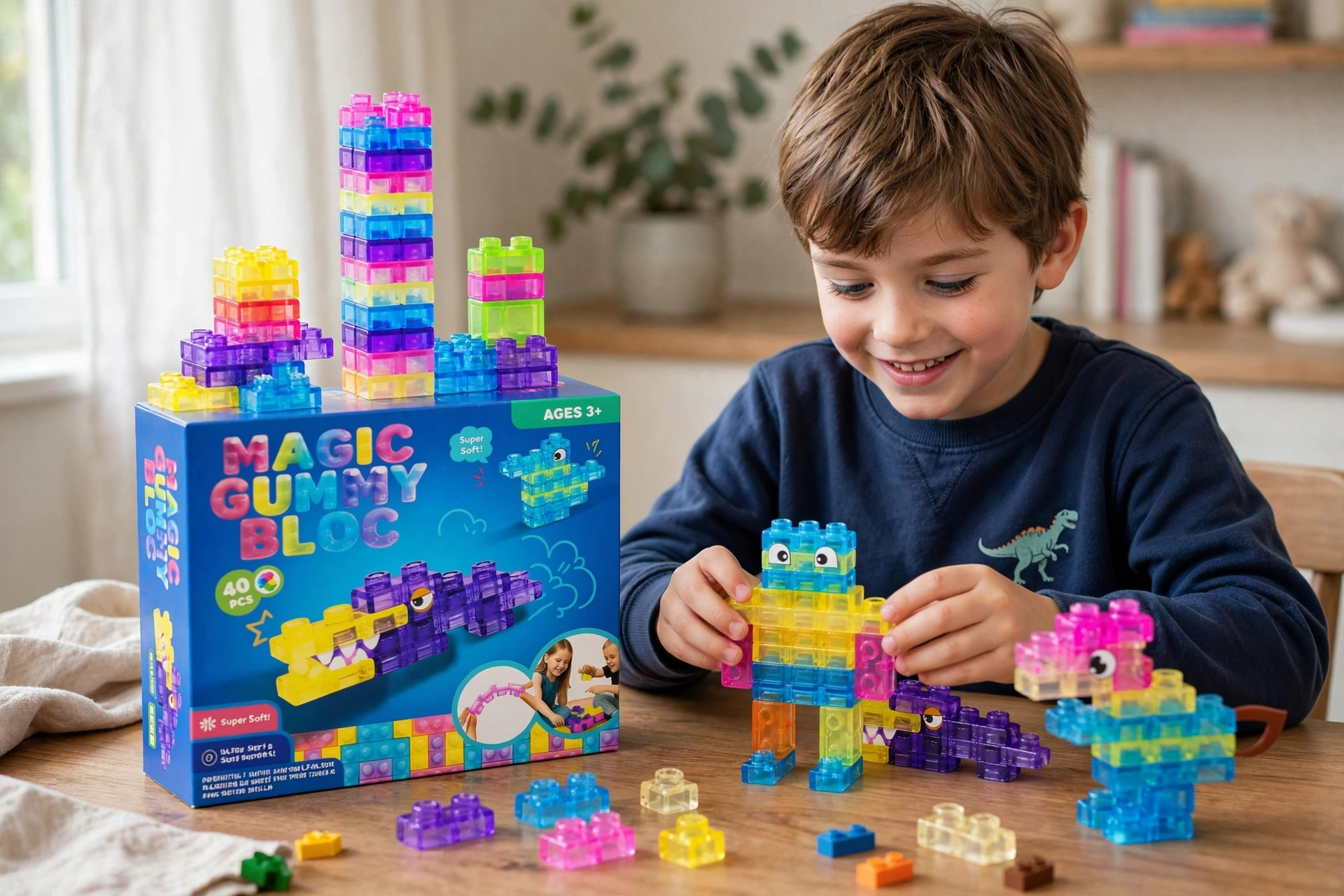 Мек джели конструктор Magic Gummy Blocks 40 части Мек джели конструктор Magic Gummy Blocks 40 части е цветен творчески комплект, изработен от мек и безвреден силикон. Частите се свързват лесно и позволяват на детето да създава животни, фигурки, цветни конструкции и различни форми според собственото си въображение. Комплектът съдържа 40 прозрачни блокчета в ярки цветове. По изображението на опаковката могат да се построят забавни животни и фантастични създания, но възможностите не свършват дотук. Детето може да комбинира елементите свободно, да разглобява готовите модели и отново да започва ново творческо приключение. За разлика от твърдите стандартни блокчета, мек джели конструктор Magic Gummy Blocks 40 части предлага приятно усещане при допир. Гъвкавите силиконови части са подходящи за малки детски ръчички и превръщат строенето в интересна сензорна и образователна игра. Силиконов конструктор с 40 цветни блокчета Този мек силиконов конструктор за деца насърчава свободната игра без предварително зададен единствен резултат. Детето може да построи крокодилче, чудовище, кула, арка, превозно средство или напълно измислена фигура. Цветните прозрачни блокчета привличат вниманието и помагат на малчуганите да различават цветовете и формите. С всяко поставяне и свързване на частите детето експериментира, открива нови комбинации и се учи да коригира конструкцията си. Мек джели конструктор Magic Gummy Blocks 40 части е подходящ за деца над 3 години и е чудесна идея за подарък за рожден ден, имен ден, Великден или приятна изненада за малък любител на конструкторите. Защо да купите Magic Gummy Blocks Родителите често търсят играчка, която да бъде едновременно забавна и полезна. Този джели конструктор с меки блокчета съчетава творческо строене, сензорно преживяване и възможност за многократна игра. Основни предимства: комплект от 40 части; меки и гъвкави силиконови блокчета; ярки и прозрачни цветове; подходящ за различни фигури и конструкции; лесно свързване и разглобяване; стимулира въображението и творческото мислене; подходящ за самостоятелна или споделена игра; интересен избор за момчета и момичета; компактна опаковка за удобно съхранение. Играчките не правят децата ни по-послушни, но им дават пространство да бъдат себе си, да експериментират и да превръщат всяка идея в собствено творение. Ползи от мекия детски конструктор Играта с мек джели конструктор Magic Gummy Blocks 40 части подпомага развитието на: фината моторика; координацията око–ръка; логическото мислене; разпознаването на цветове и форми; концентрацията; пространственото мислене; сръчността на пръстите; въображението; самостоятелното вземане на решения; търпението при строене. Когато конструкцията не се получи от първия път, детето може да разглоби частите и да опита отново. Така играта естествено насърчава постоянството и увереността. Идея за подарък за 3-, 4-, 5- или 6-годишно дете Търсите идея за подарък за 3-годишно дете или творчески комплект за по-голям малчуган? Magic Gummy Blocks е подходящ избор за деца, които обичат да строят, измислят и създават собствени модели. Комплектът е подходящ за игра у дома, при гостуване или по време на семейна почивка. Четиридесетте елемента позволяват създаването на разнообразни конструкции, което поддържа интереса и насърчава детето да се връща към играчката отново. Натиснете „Добави в количката“ и подарете цветна игра, която развива уменията чрез забавление. Технически характеристики на джели конструктора Наименование: Мек джели конструктор Magic Gummy Blocks Модел: 17036 Брой части: 40 Материал: безвреден мек силикон Вид на частите: гъвкави конструкторни блокчета Цветове: различни ярки и прозрачни цветове Препоръчителна възраст: 3+ години Подходящ за: момчета и момичета Дължина на опаковката: 19 см Ширина на опаковката: 6,5 см Височина на опаковката: 15,5 см Марка/серия: Magic Gummy Blocks Предназначение: творческа, сензорна и образователна игра Употреба: под надзор на възрастен Къде да купите мек джели конструктор онлайн Поръчайте мек джели конструктор Magic Gummy Blocks 40 части лесно и удобно от: https://shopmamabebe.eu/ Онлайн магазин Мама&Бебе предлага богато разнообразие от детски играчки, образователни комплекти, конструктори и подаръци за рожден ден и специални поводи. Последвайте Онлайн магазин Мама&Бебе във Facebook: https://www.facebook.com/mamaandbabystore За въпроси и поръчки се обадете на: 0896944003 Повече информация за доставките с Еконт: https://www.econt.com Изберете играчка, която не поставя граници пред детската фантазия. Поръчайте сега и превърнете свободното време в цветно творческо приключение. Често задавани въпроси Колко части съдържа комплектът? Комплектът включва 40 меки силиконови конструкторни елемента. От какъв материал са направени блокчетата? Частите са произведени от мек и безвреден силикон. За каква възраст е подходящ конструкторът? Според обозначението върху опаковката продуктът е предназначен за деца над 3 години. Какво може да построи детето? Блокчетата могат да се комбинират в животни, кули, арки, фантастични създания и различни конструкции според въображението на детето. Подходящ ли е за момичета и момчета? Да. Цветният дизайн и свободният начин на строене са подходящи за момчета и момичета. Меки ли са частите? Да. Това са гъвкави джели блокчета от мек силикон, а не стандартни твърди пластмасови елементи. Примерни отзиви от доволни клиенти ★★★★★ „Поръчахме мекия джели конструктор Magic Gummy Blocks за сина ни. Частите са цветни, приятни на допир и той постоянно измисля нови животни.“ Мария Николова, гр. Пловдив, дете на 4 години ★★★★★ „Много интересен силиконов конструктор с 40 части. Дъщеря ми първо направи крокодилчето от кутията, а после започна да строи свои фигурки.“ Елена Георгиева, гр. Раковски, дете на 5 години ★★★★★ „Търсехме меки конструкторни блокчета за подарък и този комплект беше чудесен избор. Цветовете са красиви, а частите се съединяват лесно.“ Десислава Петрова, с. Марково, дете на 3 години ★★★★★ „Magic Gummy Blocks задържа вниманието на детето и предлага много различни начини за игра. Подходящ е за развитие на фината моторика и въображението.“ Радостина Иванова, гр. Стара Загора, дете на 6 години ★★★★★ „Комплектът е компактен и удобен за носене. Взехме го на почивка и децата дълго строиха различни цветни фигурки.“ Силвия Димитрова, с. Труд, деца на 4 и 6 години Благодарим Ви, че избирате Онлайн магазин Мама&Бебе за творческите игри, усмивките и развитието на Вашето дете. Мек джели конструктор Magic Gummy Blocks 40 части Силиконов детски конструктор с цветни меки блокчета Magic Gummy Blocks конструктор за деца над 3 години Меки конструкторни блокчета за животни и фигурки