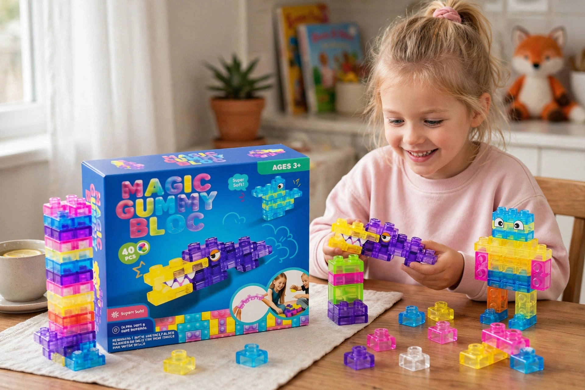 Мек джели конструктор Magic Gummy Blocks 40 части Мек джели конструктор Magic Gummy Blocks 40 части е цветен творчески комплект, изработен от мек и безвреден силикон. Частите се свързват лесно и позволяват на детето да създава животни, фигурки, цветни конструкции и различни форми според собственото си въображение. Комплектът съдържа 40 прозрачни блокчета в ярки цветове. По изображението на опаковката могат да се построят забавни животни и фантастични създания, но възможностите не свършват дотук. Детето може да комбинира елементите свободно, да разглобява готовите модели и отново да започва ново творческо приключение. За разлика от твърдите стандартни блокчета, мек джели конструктор Magic Gummy Blocks 40 части предлага приятно усещане при допир. Гъвкавите силиконови части са подходящи за малки детски ръчички и превръщат строенето в интересна сензорна и образователна игра. Силиконов конструктор с 40 цветни блокчета Този мек силиконов конструктор за деца насърчава свободната игра без предварително зададен единствен резултат. Детето може да построи крокодилче, чудовище, кула, арка, превозно средство или напълно измислена фигура. Цветните прозрачни блокчета привличат вниманието и помагат на малчуганите да различават цветовете и формите. С всяко поставяне и свързване на частите детето експериментира, открива нови комбинации и се учи да коригира конструкцията си. Мек джели конструктор Magic Gummy Blocks 40 части е подходящ за деца над 3 години и е чудесна идея за подарък за рожден ден, имен ден, Великден или приятна изненада за малък любител на конструкторите. Защо да купите Magic Gummy Blocks Родителите често търсят играчка, която да бъде едновременно забавна и полезна. Този джели конструктор с меки блокчета съчетава творческо строене, сензорно преживяване и възможност за многократна игра. Основни предимства: комплект от 40 части; меки и гъвкави силиконови блокчета; ярки и прозрачни цветове; подходящ за различни фигури и конструкции; лесно свързване и разглобяване; стимулира въображението и творческото мислене; подходящ за самостоятелна или споделена игра; интересен избор за момчета и момичета; компактна опаковка за удобно съхранение. Играчките не правят децата ни по-послушни, но им дават пространство да бъдат себе си, да експериментират и да превръщат всяка идея в собствено творение. Ползи от мекия детски конструктор Играта с мек джели конструктор Magic Gummy Blocks 40 части подпомага развитието на: фината моторика; координацията око–ръка; логическото мислене; разпознаването на цветове и форми; концентрацията; пространственото мислене; сръчността на пръстите; въображението; самостоятелното вземане на решения; търпението при строене. Когато конструкцията не се получи от първия път, детето може да разглоби частите и да опита отново. Така играта естествено насърчава постоянството и увереността. Идея за подарък за 3-, 4-, 5- или 6-годишно дете Търсите идея за подарък за 3-годишно дете или творчески комплект за по-голям малчуган? Magic Gummy Blocks е подходящ избор за деца, които обичат да строят, измислят и създават собствени модели. Комплектът е подходящ за игра у дома, при гостуване или по време на семейна почивка. Четиридесетте елемента позволяват създаването на разнообразни конструкции, което поддържа интереса и насърчава детето да се връща към играчката отново. Натиснете „Добави в количката“ и подарете цветна игра, която развива уменията чрез забавление. Технически характеристики на джели конструктора Наименование: Мек джели конструктор Magic Gummy Blocks Модел: 17036 Брой части: 40 Материал: безвреден мек силикон Вид на частите: гъвкави конструкторни блокчета Цветове: различни ярки и прозрачни цветове Препоръчителна възраст: 3+ години Подходящ за: момчета и момичета Дължина на опаковката: 19 см Ширина на опаковката: 6,5 см Височина на опаковката: 15,5 см Марка/серия: Magic Gummy Blocks Предназначение: творческа, сензорна и образователна игра Употреба: под надзор на възрастен Къде да купите мек джели конструктор онлайн Поръчайте мек джели конструктор Magic Gummy Blocks 40 части лесно и удобно от: https://shopmamabebe.eu/ Онлайн магазин Мама&Бебе предлага богато разнообразие от детски играчки, образователни комплекти, конструктори и подаръци за рожден ден и специални поводи. Последвайте Онлайн магазин Мама&Бебе във Facebook: https://www.facebook.com/mamaandbabystore За въпроси и поръчки се обадете на: 0896944003 Повече информация за доставките с Еконт: https://www.econt.com Изберете играчка, която не поставя граници пред детската фантазия. Поръчайте сега и превърнете свободното време в цветно творческо приключение. Често задавани въпроси Колко части съдържа комплектът? Комплектът включва 40 меки силиконови конструкторни елемента. От какъв материал са направени блокчетата? Частите са произведени от мек и безвреден силикон. За каква възраст е подходящ конструкторът? Според обозначението върху опаковката продуктът е предназначен за деца над 3 години. Какво може да построи детето? Блокчетата могат да се комбинират в животни, кули, арки, фантастични създания и различни конструкции според въображението на детето. Подходящ ли е за момичета и момчета? Да. Цветният дизайн и свободният начин на строене са подходящи за момчета и момичета. Меки ли са частите? Да. Това са гъвкави джели блокчета от мек силикон, а не стандартни твърди пластмасови елементи. Примерни отзиви от доволни клиенти ★★★★★ „Поръчахме мекия джели конструктор Magic Gummy Blocks за сина ни. Частите са цветни, приятни на допир и той постоянно измисля нови животни.“ Мария Николова, гр. Пловдив, дете на 4 години ★★★★★ „Много интересен силиконов конструктор с 40 части. Дъщеря ми първо направи крокодилчето от кутията, а после започна да строи свои фигурки.“ Елена Георгиева, гр. Раковски, дете на 5 години ★★★★★ „Търсехме меки конструкторни блокчета за подарък и този комплект беше чудесен избор. Цветовете са красиви, а частите се съединяват лесно.“ Десислава Петрова, с. Марково, дете на 3 години ★★★★★ „Magic Gummy Blocks задържа вниманието на детето и предлага много различни начини за игра. Подходящ е за развитие на фината моторика и въображението.“ Радостина Иванова, гр. Стара Загора, дете на 6 години ★★★★★ „Комплектът е компактен и удобен за носене. Взехме го на почивка и децата дълго строиха различни цветни фигурки.“ Силвия Димитрова, с. Труд, деца на 4 и 6 години Благодарим Ви, че избирате Онлайн магазин Мама&Бебе за творческите игри, усмивките и развитието на Вашето дете. Мек джели конструктор Magic Gummy Blocks 40 части Силиконов детски конструктор с цветни меки блокчета Magic Gummy Blocks конструктор за деца над 3 години Меки конструкторни блокчета за животни и фигурки
