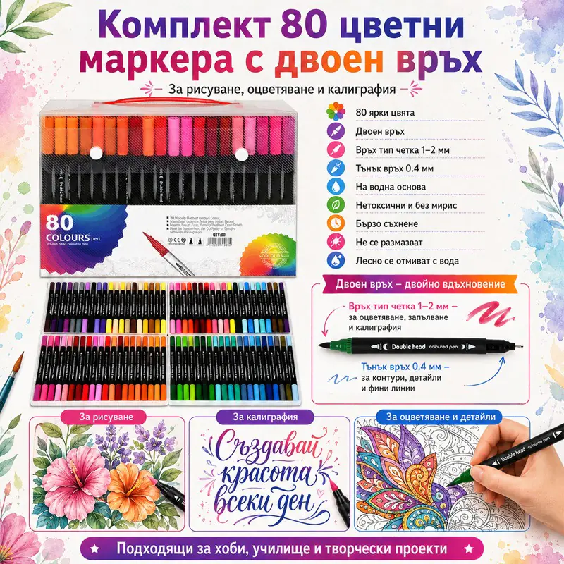 Комплект 80 цветни маркера с двоен връх в куфарче - Image 4