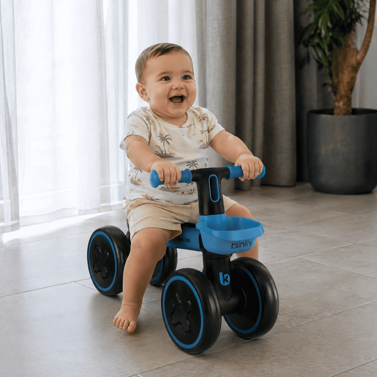 Колело Ride-On Blinky – мини баланс колело Колело Ride-On Blinky – мини баланс колело от Kikkaboo е модерно и компактно първо колело за деца от 1 до 3 години, създадено специално за малките откриватели, които искат да се движат самостоятелно. Детето се придвижва чрез отблъскване с крачета, без педали, като постепенно упражнява своето равновесие, координация и контрол на движенията. Колело Ride-On Blinky – мини баланс колело впечатлява с лека висококачествена алуминиева рамка, удобна мека седалка, противоплъзгащи ръкохватки и красиви светещи колела. Отпред има практична поставка за шише, която допълва модерния дизайн на модела. Предлага се в 4 красиви цвята – Blue, Ivory, Green и Pink, което го прави чудесен избор както за момичета, така и за момчета. Подходящо е за игра у дома и навън и е прекрасна идея за подарък за 1-годишно дете, подарък за 2-годишно дете или подарък за 3-годишно дете, рожден ден, кръщене или специална лятна изненада. Мини баланс колело Kikkaboo Blinky за първите приключения Първите опити за каране трябва да бъдат забавни и съобразени с възрастта на детето. При мини баланс колело Kikkaboo Blinky няма педали – малчуганът поставя крачетата си на земята и сам определя темпото на движение. Този начин на игра насърчава детето да използва активно тялото си и постепенно да развива усещане за баланс и координация. Моделът е с ограничено движение на кормилото, а удобните противоплъзгащи ръкохватки осигуряват добър захват. Меката седалка е със заоблени ръбове и може да се регулира в посока напред и назад, за да се адаптира по-добре към детето. А когато малкият водач потегли, светещите колела правят всяка разходка още по-впечатляваща. Защо да изберете детско баланс колело Kikkaboo? Колело Ride-On Blinky – мини баланс колело съчетава практични характеристики с атрактивна визия. Леката конструкция е удобна и за родителите – когато детето реши, че разходката е приключила, колелото тежи само около 2,1 кг. Сред основните предимства са: висококачествена алуминиева рамка; подходящо за деца от 1 до 3 години; светещи колела от издръжлив материал; мека и удобна седалка със заоблени ръбове; регулиране на седалката напред и назад; ограничено движение на кормилото; удобни противоплъзгащи ръкохватки; практична поставка за шише; лека конструкция; подходящо за използване на закрито и на открито; избор между Blue, Ivory, Green и Pink. Ако търсите качествено първо колело за малко дете, Blinky е модел, който комбинира движение, забавление и красив дизайн. Детско колело без педали – ползи за детето Играта с баланс колело Kikkaboo Blinky насърчава активното движение. Детето само се отблъсква, спира с крачета и постепенно започва да усеща как движенията му влияят върху посоката на колелото. Това подпомага упражняването на: равновесие и баланс, координация на движенията, двигателна активност, ориентация в пространството, самостоятелност и увереност. Играчките не правят децата ни по-послушни, но правилно подбраните играчки им дават пространство да бъдат себе си, да опитват, да се движат и да се развиват. Технически характеристики на Ride-On Blinky Kikkaboo Марка: Kikkaboo Модел: Blinky Тип: Ride-On / мини баланс колело SKU: 31006030045 EAN: 3800171226295 Възраст: от 1 до 3 години Рамка: висококачествен алуминий Колела: светещи, изработени от издръжлив материал Седалка: мека, със заоблени ръбове Регулиране: седалката се регулира напред и назад Кормило: с ограничено движение Ръкохватки: противоплъзгащи Допълнение: поставка за шише Размер на продукта: 38 × 27 × 50–57 см Тегло на продукта: около 2,1 кг Размер на цветната кутия: 44 × 19 × 24 см Тегло с опаковката: около 2,9 кг Цветове: Blue, Ivory, Green, Pink Подарък за 1, 2 или 3-годишно дете Търсите идея за подарък за 1-годишно дете, която действително да се използва? Или искате впечатляваща изненада за 2-годишно дете? Мини баланс колело Kikkaboo Blinky е прекрасна детска играчка за рожден ден, кръщене или подарък без специален повод. През лято 2026 е чудесен избор за повече движение и забавление навън – в парка, двора или по време на семейната почивка. Компактните размери и ниското тегло го правят удобен вариант и когато семейството пътува. Къде да купя баланс колело Kikkaboo онлайн? Ако търсите къде да купя мини баланс колело за дете, колело Kikkaboo за 1 година, детско колело без педали със светещи гуми или първо колело за малко дете, можете да поръчате от Онлайн магазин Мама&Бебе. В Онлайн магазин Мама&Бебе ще откриете разнообразие от детски играчки, колела, буталки, образователни комплекти и идеи за подаръци за момчета и момичета. Следете новите ни предложения във Facebook – Онлайн магазин Мама&Бебе или се обадете на 089 694 4003. Изберете любимия цвят Blue, Ivory, Green или Pink и добавете Колело Ride-On Blinky – мини баланс колело в количката. Благодарим Ви, че избирате Онлайн магазин Мама&Бебе! отзиви за Kikkaboo Blinky ★★★★★ Мария, Пловдив – дете на 1 г. и 6 м. „Избрахме мини баланс колело Kikkaboo Blinky за първото колело на детето. Леко е, седалката е удобна, а светещите колела много му харесват.“ ★★★★★ Елена, Бургас – дете на 2 години „Търсехме детско баланс колело без педали и Blinky ни допадна заради компактния размер. Детето много бързо разбра как да се отблъсква с крачета.“ ★★★★★ Десислава, Варна – дете на 2 г. и 4 м. „Поръчахме розовото Kikkaboo Blinky за подарък за рожден ден. Много красиво мини колело, леко е и лесно го взимаме с нас навън.“ ★★★★★ Никол, София – дете на 1 г. и 8 м. „Хареса ни, че Ride-On Blinky е малко и удобно за тази възраст. Светещите гуми са страхотен детайл, а поставката отпред постоянно е пълна с малки съкровища.“ Често задавани въпроси за мини баланс колело Kikkaboo От каква възраст е Kikkaboo Blinky? Моделът е подходящ за деца от 1 до 3 години. Има ли педали? Не. Blinky е мини баланс колело, при което детето се придвижва чрез отблъскване с крачета. Светят ли гумите? Да, моделът е оборудван със светещи колела. Регулира ли се седалката? Да. Позицията на седалката може да се регулира напред и назад. Може ли да се използва вкъщи? Да, Колело Ride-On Blinky е предназначено за използване както на закрито, така и на открито върху подходяща равна настилка. Какви цветове има? Моделът се предлага в Blue, Ivory, Green и Pink. Колело Ride-On Blinky мини баланс колело Kikkaboo Kikkaboo Blinky детско баланс колело със светещи гуми Дете с мини баланс колело Ride-On Blinky Blue Детско колело Kikkaboo Blinky за деца от 1 до 3 години