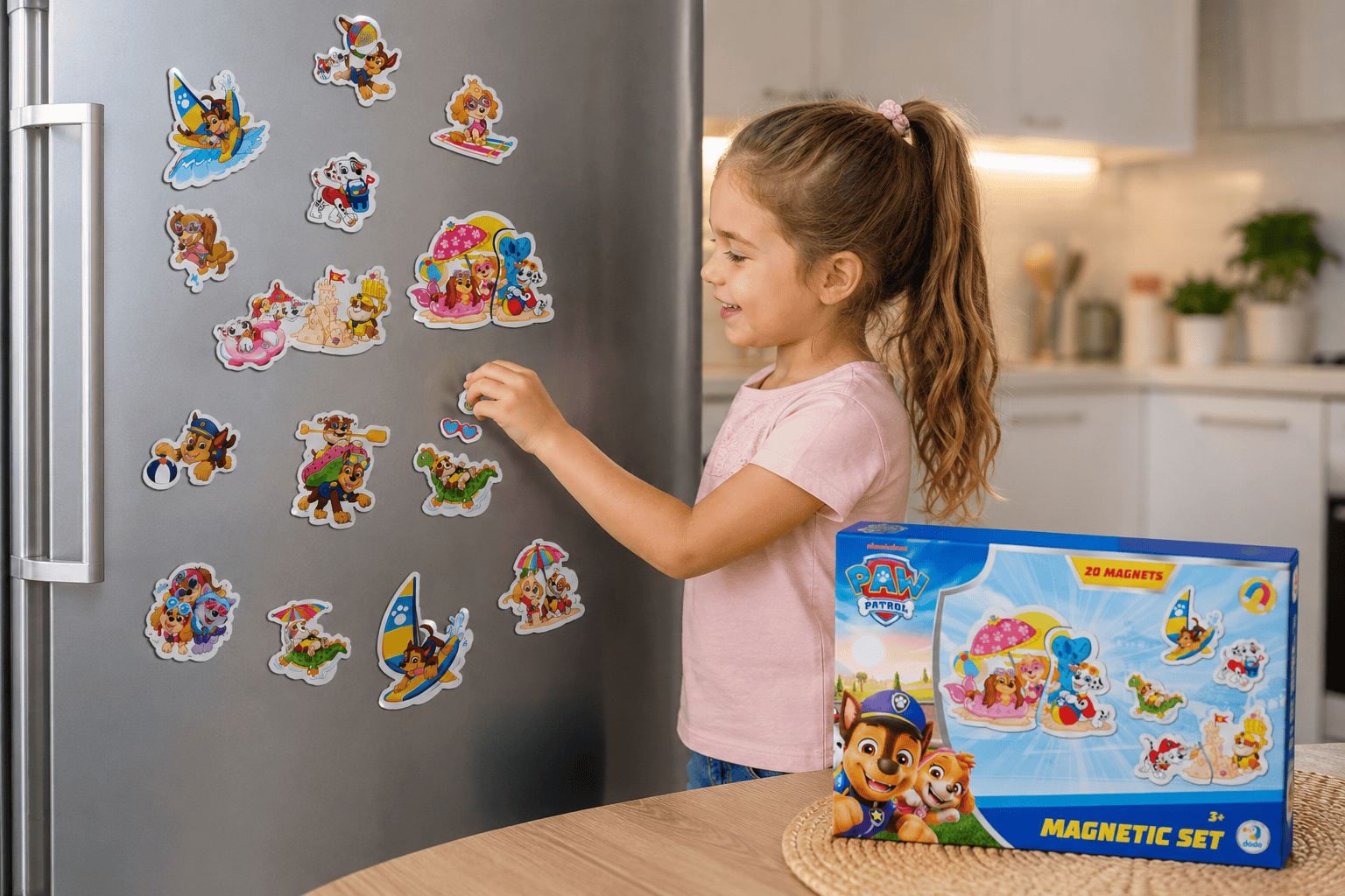 Paw Patrol Магнитна игра – Слънчево настроение Dodo Най-усмихнатата магнитна игра за малките фенове на Paw Patrol Paw Patrol Магнитна игра – Слънчево настроение Dodo е официално лицензирана игра на Nickelodeon, създадена специално за деца над 3 години, които обожават приключенията на Райдър и смелите кученца Чейс, Маршал, Скай, Рабъл, Зума и Роки. Комплектът включва 20 цветни магнитни елемента, които могат да се комбинират в по-големи фигури или да се използват поотделно за създаване на нови истории. Магнитите се поставят лесно върху хладилник, магнитна дъска или друга метална повърхност, което позволява игра както у дома, така и по време на пътуване. Още при първото използване детето започва да разпознава любимите герои, да комбинира различните магнитни части и да измисля свои собствени приключения. Докато играе, то неусетно развива въображението си, фината моторика, наблюдателността, концентрацията и речта. Paw Patrol Магнитна игра – Слънчево настроение Dodo е прекрасна детска играчка, подходяща за рожден ден, Коледа, Великден, имен ден или като малка изненада за всеки малък почитател на Пес патрул. Защо да изберете Paw Patrol Магнитна игра? Децата учат най-добре, когато се забавляват. Именно затова тази лицензирана магнитна игра съчетава любимите герои с полезни занимания. С помощта на магнитните елементи малчуганите: развиват въображението си; измислят собствени истории; подобряват концентрацията; упражняват логическо мислене; тренират паметта; развиват фината моторика; подобряват координацията между ръката и окото; учат се да свързват различни изображения. Всеки ден Райдър и кученцата могат да бъдат героите в ново приключение, което детето създава само. Магнитна игра с любимите герои от Paw Patrol Всички малки фенове познават добре смелия Райдър, който винаги намира решение на всяка мисия. До него са Чейс, Маршал, Рабъл, Скай, Зума и Роки – кученцата, които вдъхновяват децата да бъдат добри, смели и да си помагат. Докато мести магнитните фигурки, детето развива комуникативните си умения, разказва истории и пресъздава любими сцени от анимацията или създава свои нови приключения. Ползи за развитието на детето Редовната игра с магнитни елементи подпомага: развитието на речта; богатото въображение; фината моторика; логическото мислене; концентрацията; паметта; наблюдателността; самостоятелността; творческото мислене. Играчките не правят децата по-послушни, но им дават свободата да бъдат любопитни, уверени и да откриват света със собствено темпо. Подходяща за детски градини и занимални Освен за дома, Paw Patrol Магнитна игра – Слънчево настроение Dodo е чудесен избор за: детски градини; занимални; подготвителни групи; логопеди; ресурсни учители; психолози; образователни центрове; семейни игри; детски партита. Онлайн магазин Мама&Бебе издава фактури за детски градини, училища, фирми и институции. При по-големи количества е препоръчително предварително да се потвърди наличността. Защо родителите избират Dodo? Dodo е сред предпочитаните марки за образователни игри благодарение на: високото качество; красивите илюстрации; здравите магнитни елементи; безопасните материали; лицензирани герои; многократната употреба; интересните образователни серии. Чудесен подарък за малките фенове Ако търсите: подарък за 3-годишно дете; подарък за момче; подарък за момиче; идея за рожден ден; подарък за Коледа; лицензирана игра Paw Patrol; качествена магнитна игра, този комплект е отличен избор. Онлайн магазин Мама&Бебе В shopmamabebe.eu ще откриете внимателно подбрани качествени детски играчки от световноизвестни марки. При нас получавате: бърза доставка с Еконт; преглед преди плащане; консултация на 0896944003; съдействие при избора на подходящ подарък. Facebook: https://www.facebook.com/mamaandbabystore Жителите на гр. Раковски могат да получат продукта директно от склада ни след предварителна уговорка и потвърждение за наличност. Добавете Paw Patrol Магнитна игра – Слънчево настроение Dodo в количката още днес и подарете на детето часове игра с любимите герои. Технически характеристики Продукт: Paw Patrol Магнитна игра – Слънчево настроение Dodo Марка: Dodo Официален лиценз: Nickelodeon – Paw Patrol Код: 200666 Комплектът съдържа: 20 магнитни елемента Размер на кутията: 21 × 14 × 4 см Материал: магнитни елементи и картон с висококачествен печат Препоръчителна възраст: 3+ години Често задавани въпроси Официално лицензирана ли е играта? Да. Това е официално лицензиран продукт на Nickelodeon – Paw Patrol. На какво могат да се поставят магнитите? На хладилник, магнитна дъска или всяка метална повърхност. Подходяща ли е за пътуване? Да. Компактната кутия позволява лесно пренасяне. Подходяща ли е за детска градина? Да. Използва се успешно в детски градини, занимални и образователни центрове. За каква възраст е? Препоръчва се за деца над 3 години. Отзиви от доволни клиенти ★★★★★ Мария П., гр. Пловдив „Детето ми обожава Райдър и Чейс. Всеки ден измисля нови приключения с магнитите.“ ★★★★★ Даниела Н., гр. Варна „Много качествена магнитна игра Paw Patrol. Магнитите са здрави и удобни за малките ръчички.“ ★★★★★ Гергана К., с. Труд „Страхотен подарък за рожден ден. Дъщеря ми играе с нея всеки ден.“ ★★★★★ Иван С., гр. Бургас „Любимите кученца на сина ми вече са и на хладилника. Препоръчвам продукта.“ ★★★★★ Николай М., гр. София „Отлично качество, бърза доставка и оригинален лицензиран продукт.“ Ако търсите къде да купя Paw Patrol магнитна игра, която да бъде едновременно забавна, образователна и любима на детето още от първата минута, Paw Patrol Магнитна игра – Слънчево настроение Dodo е отличен избор. Това е официално лицензирана игра на Nickelodeon, която събира в едно приключение любимите герои Райдър, Чейс, Маршал, Скай, Рабъл, Зума и Роки. Докато детето подрежда 20-те магнитни елемента върху хладилник или магнитна дъска, то пресъздава сцени от любимия анимационен сериал или измисля свои собствени мисии. Именно така се развиват въображението, речта, концентрацията и фината моторика. Все повече родители избират образователни играчки онлайн, защото те съчетават забавление и полезни умения. Ако търсите качествени детски играчки, играчки за развитие, играчки за момчета и момичета, образователни комплекти, детски играчки онлайн, играчки за детска градина или идея за подарък за фен на Paw Patrol, този комплект на Dodo е чудесно решение. Благодарение на компактния размер, играта е удобна и за пътуване, а любимите кученца винаги са готови за нова спасителна мисия заедно с малките си приятели.