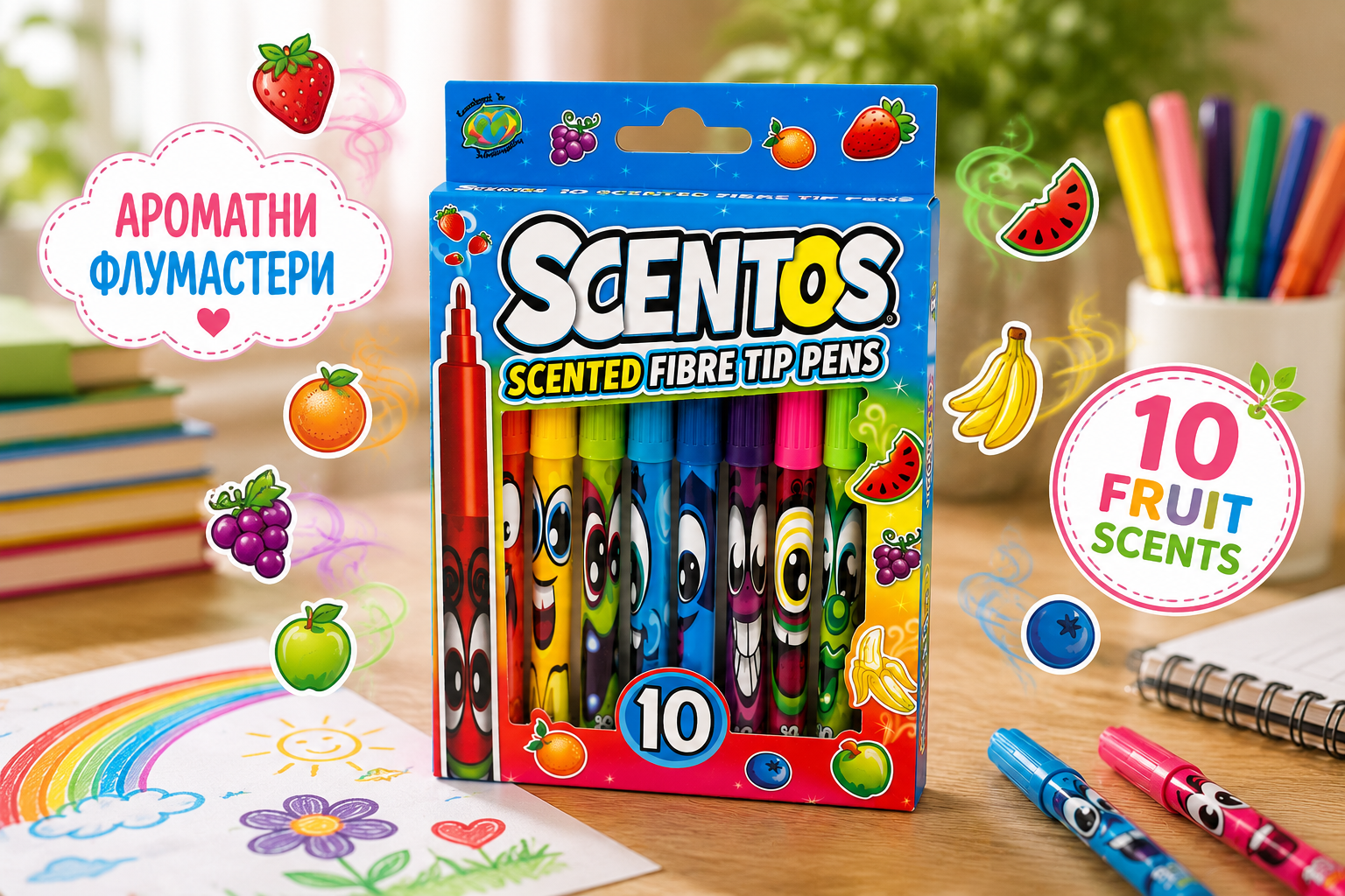 Ароматни флумастери 10 цвята Scentos – Плодови аромати Цветно творчество с плодови аромати, което прави рисуването още по-забавно Ароматни флумастери 10 цвята Scentos – Плодови аромати са качествен комплект от 10 цветни флумастера с приятни плодови аромати, които превръщат всяка рисунка в още по-вълнуващо творческо преживяване. Всеки флумастер е с фин връх, подходящ за рисуване, оцветяване, писане и изработване на училищни проекти. Освен красивите и наситени цветове, децата се забавляват и с различните плодови аромати, което прави комплекта различен от обикновените флумастери. Ароматни флумастери 10 цвята Scentos – Плодови аромати са нетоксични и създадени специално за малките художници. Те са чудесен избор за детска градина, училище, занималня и домашни творчески занимания. Благодарение на веселия дизайн и ароматите, рисуването стимулира още повече детското въображение и желанието за творчество. Това е прекрасен подарък за рожден ден, първия учебен ден, Коледа, Великден или като приятна изненада за всяко дете, което обича да рисува.  Защо да изберете ароматните флумастери Scentos Рисуването е една от любимите детски дейности. Когато към красивите цветове се добавят и приятни плодови аромати, интересът към творческите занимания става още по-голям. Основни предимства: 10 ярки цвята плодови аромати фин връх за прецизно рисуване нетоксични компактна опаковка подходящи за училище и детска градина удобни за малките детски ръчички чудесни за ежедневна употреба.  Цветни ароматни маркери за творчество и развитие Комплектът не е просто ученическо пособие. Той подпомага развитието на: фината моторика; координацията между ръката и окото; творческото мислене; концентрацията; цветовото възприятие; въображението; увереността при създаване на собствени рисунки. Играчките и творческите комплекти не правят децата по-послушни, но им дават свободата да бъдат любопитни, уверени и да откриват света със собствено темпо.  Подходящи за училище, детска градина и занимални Ароматни флумастери 10 цвята Scentos – Плодови аромати са отличен избор за: детски градини; подготвителни групи; първи клас; втори клас; училищни проекти; часове по изобразително изкуство; занимални; творчески ателиета; рисуване у дома. С наближаването на 15 септември комплектът е чудесно допълнение към ученическата раница и несесера.  Защо родителите харесват Scentos Марката Scentos е позната по целия свят със своите оригинални ароматни творчески продукти. Всеки продукт съчетава безопасност, високо качество, забавен дизайн и приятни плодови аромати, които правят рисуването още по-интересно. Веселите усмихнати флумастери и ароматите превръщат ученето и рисуването в истинско удоволствие.  Онлайн магазин Мама&Бебе В shopmamabebe.eu ще откриете богат избор от: ученически принадлежности; ароматни флумастери; творчески комплекти; образователни игри; детски играчки; раници и несесери. Предлагаме: бърза доставка с Еконт; преглед преди плащане; консултация на 0896944003; коректно обслужване; съдействие при избора на подходящ продукт. Facebook страница: https://www.facebook.com/mamaandbabystore Жителите на гр. Раковски могат да получат продуктите и от склада ни след предварителна уговорка и потвърждение на наличността.  Подходящи и за професионална употреба Работите с детска градина, училище, логопедичен кабинет, занималня или образователен център? Онлайн магазин Мама&Бебе издава фактури за: детски градини; училища; фирми; институции; образователни центрове. При по-големи количества се свържете предварително за потвърждение на наличността.  Технически характеристики Продукт: Ароматни флумастери 10 цвята Scentos – Плодови аромати Код: S40740 Марка: Scentos Брой цветове: 10 Връх: фин Аромати: плодови Нетоксични: Да Тегло: 0.040 кг Предназначение: рисуване, училище, творчество  Често задавани въпроси Наистина ли флумастерите ухаят? Да. Всеки флумастер има приятен плодов аромат, характерен за серията Scentos. Подходящи ли са за училище? Да. Те са чудесен избор за училище, детска градина и домашни занимания. Безопасни ли са? Да. Производителят ги определя като нетоксични. Подходящи ли са за подарък? Да. Това е страхотен подарък за рожден ден, първия учебен ден, Коледа или като малка изненада за дете, което обича да рисува. Могат ли да се използват ежедневно? Разбира се. Фините върхове са подходящи както за оцветяване, така и за детайлно рисуване.  Отзиви от доволни клиенти ★★★★★ Мария Иванова – гр. Пловдив „Дъщеря ми е впечатлена от ароматите. Цветовете са красиви, а качеството е отлично.“ ★★★★★ Никол Георгиева – гр. София „Най-харесваните флумастери вкъщи. Ароматите са приятни и правят рисуването още по-забавно.“ ★★★★★ Елена Христова – гр. Варна „Поръчахме ги за подготовката за училище. Детето рисува всеки ден с огромно желание.“ ★★★★★ Галя Петрова – гр. Бургас „Страхотен комплект ароматни флумастери. Препоръчвам на всички родители.“ ★★★★★ Виктория Димитрова – с. Труд „Поръчваме за втори път от Онлайн магазин Мама&Бебе. Отлично обслужване и качествени продукти.“ Scentos, Scentos Bulgaria, Scentos ароматни флумастери, Scentos scented pens, Scentos scented markers, Scentos kids, Scentos art supplies, Scentos school supplies, Scentos stationery, Scentos drawing, Scentos colouring, Scentos preschool, Scentos kindergarten, Scentos creative set Ако търсите къде да купя ароматни флумастери, които съчетават качество, безопасност и истинско забавление, Ароматни флумастери 10 цвята Scentos – Плодови аромати са отличен избор. За разлика от обикновените флумастери, те впечатляват не само с наситените си цветове, но и с приятните плодови аромати, които превръщат рисуването в още по-вълнуващо преживяване. Комплектът е чудесен за детската градина, подготвителните групи, първи и втори клас, както и за творчески занимания у дома. Фините върхове позволяват прецизно рисуване и оцветяване, а нетоксичната формула осигурява спокойствие на родителите. Ако подготвяте детето за 15 септември, ароматните флумастери Scentos са чудесно допълнение към ученическия несесер. В shopmamabebe.eu ще откриете качествени ученически принадлежности, творчески комплекти и детски играчки, които насърчават ученето чрез игра и творчеството всеки ден.