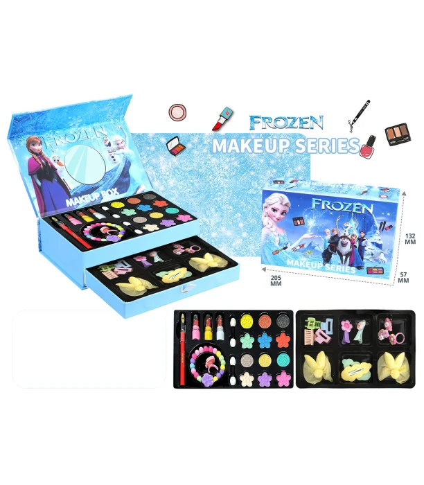Детски гримове Frozen с Елза и Анна в двуетажен куфар Детски гримове Frozen с Елза и Анна в двуетажен куфар са богат комплект за красота и ролеви игри, който превръща детската стая в собствен малък салон. Красивият син куфар е декориран с любимите герои от „Замръзналото кралство“ – Елза и Анна, а при отварянето му детето открива огледало, цветна палитра, различни гримове, апликатори и аксесоари. И това не е всичко. Под основната палитра има втори етаж – издърпващо се чекмедже, в което са подредени още аксесоари за игра. Именно двуетажният дизайн прави комплекта толкова интересен – детето отваря куфара, разглежда цветовете, издърпва долното чекмедже и открива цял набор от принадлежности за своите Frozen преобразявания. Детски гримове Frozen с Елза и Анна са прекрасна детска играчка за малките почитателки на гримирането, ролевите игри и приказния свят на Frozen. Чудесна идея за рожден ден, специален повод или изненада за момиче през лятната ваканция. Какво има в комплекта за грим Frozen с Елза и Анна? Комплектът е организиран на две нива, така че още самото отваряне на куфара да бъде част от играта. На представения модел се виждат: голямо огледало от вътрешната страна на капака; палитра с множество цветни нюанси; кръгли и декоративно оформени цветове; малки апликатори за нанасяне; принадлежности, оформени като мини козметични продукти; цветни ластици/аксесоари; декоративни детски аксесоари; отделно издърпващо се долно чекмедже; допълнителни аксесоари във второто ниво; красив двуетажен куфар за съхранение; дизайн с Елза, Анна и герои от Frozen. Точният козметичен състав и точният брой на всички малки елементи не са описани в предоставените данни от доставчика, затова не ги посочваме предположително. Как се използват детските гримове Frozen? Играта е лесна и точно това я прави толкова забавна. Първо детето отваря капака на куфара, където се разкриват огледалото и основната цветна палитра. След това може да разгледа различните нюанси и да избере с кои от тях иска да играе. С помощта на малките апликатори може да експериментира с цветовете според предназначението и указанията върху оригиналната опаковка. След това идва още една изненада – долното чекмедже се издърпва, за да се покажат допълнителните аксесоари. Детето може да измисли собствен салон за красота, да играе на подготовка за бал, да създава приказни Frozen истории или да включи приятелка, сестра или мама в ролевата игра. След приключване на заниманието принадлежностите се прибират обратно в отделенията и куфарът се затваря. Отвори, избери, създай своя Frozen визия и след игра прибери всичко обратно в куфара. Двуетажен куфар с гримове Frozen – защо е толкова интересен? Голямото предимство на този двуетажен куфар с гримове Frozen е, че не представлява просто една малка палитра. На първото ниво детето разполага с огледало, цветове и принадлежности. След това издърпва второто ниво и открива още аксесоари. Това създава усещането за истинска мини тоалетка, но в компактен формат. Куфарът има и практична функция – след приключване на играта аксесоарите могат да бъдат прибрани обратно, вместо да остават разпръснати по детското бюро. Комплект за грим Елза и Анна – ролева игра с въображение Децата обичат да имитират света на възрастните. Именно затова игрите на салон за красота, фризьор, магазин или лекар могат да задържат интереса им дълго време. С комплект за грим Елза и Анна момичето може да измисля различни сценарии – подготовка за приказен бал, салон за красота в Арендел, преобразяване на принцеса или забавен следобед с приятелки. Ролевата игра може да подпомага: развитието на въображението; творческото мислене; фината моторика; координацията око-ръка; самостоятелната игра; измислянето на истории; общуването при игра с други деца; грижата и подреждането на собствените принадлежности. Играчките не правят децата ни по-послушни, но им дават пространство да бъдат себе си, да фантазират, да експериментират и да създават свои собствени истории. Детски гримове Замръзналото кралство с огледало и аксесоари Огледалото е важна част от ролевата игра. Детето може да седне пред отворения куфар и да се почувства като пред собствена малка тоалетка. Цветната палитра предлага разнообразие за игра, а различните декоративни форми правят комплекта още по-привлекателен. Комбинацията от детски гримове, огледало, аксесоари и двуетажно чекмедже превръща продукта в цял комплект за сюжетна игра, а не просто в палитра. И разбира се, любимите Елза и Анна от „Замръзналото кралство“ са голямата изненада за всяка малка почитателка на Frozen. Защо да купите детски гримове Frozen с Елза и Анна? Този комплект съчетава няколко неща, които децата харесват – Frozen, цветове, аксесоари, огледало, отварящ се куфар и възможност сами да измислят играта. Получавате: богато визуално съдържание за игра; двуетажен дизайн; отделно издърпващо се чекмедже; огледало; разнообразни цветове; множество аксесоари; удобно място за прибиране; тема Frozen с Елза и Анна; възможности за самостоятелна и споделена ролева игра. Това е от онези подаръци, при които интересът започва още с отварянето на куфара и откриването какво има на втория етаж. Подарък Frozen за момиче, което обича Елза и Анна Ако търсите подарък Frozen за момиче, този двуетажен комплект е атрактивна идея за рожден ден или специална изненада. Особено подходящ е за дете, което обича Елза, Анна, Замръзналото кралство, ролевите игри и комплектите за красота. През лятната ваканция комплектът може да осигури интересно занимание у дома, при гостуване при приятелка или по време на следобедни игри. Имате малка почитателка на Елза и Анна у дома? Добавете Frozen куфара в количката и я изненадайте с цял малък свят за красота и ролеви игри. Технически характеристики на двуетажен куфар с гримове Frozen Наименование: детски гримове Frozen с Елза и Анна в двуетажен куфар Тип: комплект за красота и ролеви игри Тема: Frozen / Замръзналото кралство Герои: Елза и Анна Пол: за момичета Конструкция: двуетажна Долно чекмедже: да, издърпващо се Огледало: да Цветна палитра: да Аксесоари: да Код: 13442 EAN: 6991202792807 Допълнителен код: MKY279280 Доставка: август 2026 г. Размер на опаковката  приблизително 20,5 × 13,2 × 5,7 см. За безопасна употреба винаги следвайте възрастовото обозначение, предупрежденията и начина на употреба върху оригиналната опаковка. Къде да купя детски гримове Frozen с Елза и Анна онлайн? Ако търсите къде да купя детски гримове Frozen, комплект за грим Елза и Анна, двуетажен куфар с гримове за момиче или Frozen подарък за момиче, можете да поръчате онлайн от Мама&Бебе. В Онлайн магазин Мама&Бебе ще откриете детски играчки онлайн, ролеви комплекти, творчески играчки, образователни предложения и идеи за подаръци за различни поводи. Поръчайте Детски гримове Frozen с Елза и Анна в двуетажен куфар от shopmamabebe.eu.  отзиви за комплект за грим Frozen с Елза и Анна ★★★★★ „Търсехме детски гримове Frozen с Елза и Анна за подарък. Най-много ни хареса, че куфарът е на две нива и има огледало и отделно чекмедже.“ — Мария, Пловдив, дете на 7 г. – примерен отзив ★★★★★ „Дъщеря ми обича Елза и Анна и искаше комплект за грим Frozen. Хареса ми, че след игра аксесоарите могат да се прибират обратно в куфара.“ — Десислава, София, дете на 6 г. – примерен отзив ★★★★★ „Търсехме куфар с детски гримове Замръзналото кралство за рожден ден. Двуетажният дизайн и огледалото правят комплекта много интересен.“ — Николета, Варна, дете на 8 г. – примерен отзив Често задавани въпроси за детски гримове Елза и Анна Какво има в куфара? В комплекта се виждат огледало, цветна палитра, апликатори, различни принадлежности и аксесоари, разпределени на две нива. Има ли второ отделение? Да. Под основната палитра има издърпващо се долно чекмедже с допълнителни аксесоари. Има ли огледало? Да. От вътрешната страна на капака има огледало, което допълва играта на салон за красота. Кои герои са на комплекта? Комплектът е на тема Frozen / Замръзналото кралство и включва Елза и Анна. Как се играе с него? Детето отваря куфара, използва огледалото и принадлежностите според указанията на опаковката, издърпва второто чекмедже за останалите аксесоари и може да създава различни ролеви сценарии. След игра всичко се прибира обратно. Подходящ ли е за подарък? Да. Детски гримове Frozen с Елза и Анна са атрактивна идея за подарък за рожден ден или специална изненада за почитателка на „Замръзналото кралство“. Онлайн магазин Мама&Бебе – детски играчки и подаръци за момичета Онлайн магазин Мама&Бебе предлага разнообразие от детски играчки онлайн, ролеви комплекти, творчески занимания, образователни играчки и подаръци за момичета и момчета. Ако търсите детски гримове, играчки Frozen, подарък с Елза и Анна или интересна ролева игра, разгледайте предложенията в shopmamabebe.eu. Facebook: Онлайн магазин Мама&Бебе – mamaandbabystore Телефон за поръчки и въпроси: 0896944003 Очакваме Вашите поръчки и сме тук, за да Ви помогнем с всичко необходимо. Благодарим Ви, че избирате Онлайн магазин Мама&Бебе!
