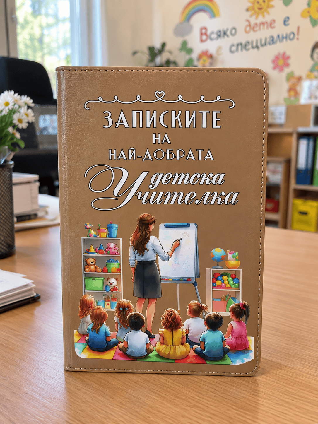 Бележник Записките на най-добрата детска учителка Търсите красив и практичен подарък за детска учителка, с който детето да каже едно истинско „Благодаря“? Бележник Записките на най-добрата детска учителка е създаден точно за такъв жест. Той е подходящ за любимата госпожа в детската градина, възпитател, педагог или учител в предучилищна група. Бележникът разполага със 116 раирани листа, твърди корици и елегантно покритие от еко кожа. Размерът 21 х 14,5 см го прави достатъчно удобен за ежедневни записки, планове, задачи и идеи. А специалното послание върху корицата превръща практичния аксесоар в запомнящ се подарък за госпожата в детската градина. Подходящ е за 15 септември, 5 октомври, Коледа, 8 март, рожден ден, завършване на предучилищна група, края на учебната година или просто като благодарност към човек, който всеки ден е до нашите деца. Защо този подарък за госпожата в детската градина е толкова подходящ? Когато избираме подарък за педагог, често се питаме какво действително ще бъде използвано. Именно тук бележникът има голямо предимство. Той не е просто сувенир. Учителката може да записва в него задачи, планове, идеи за занимания, важни дати, напомняния и всичко необходимо в динамичното ежедневие в детската градина. Същевременно надписът Записките на най-добрата детска учителка носи лично послание и превръща практичния подарък в мил спомен. Ако търсите какво да подаря на учителка в детската градина, това е предложение, което съчетава практичност, красив дизайн и емоция. Подарък за детска учителка за 15 септември и още много поводи 15 септември е първият учебен ден в България и прекрасен момент за малък жест към любимата госпожа. Но този подарък за детска учителка не е сезонен и може да бъде избран през цялата година. Подходящ е за: първия учебен ден – 15 септември; Международния ден на учителя – 5 октомври; Коледа; 8 март; рожден ден; завършване на детската градина; изпращане на предучилищна група; края на учебната година; благодарствен подарък без конкретен повод. Това го прави чудесен избор и когато родителите от групата търсят оригинален подарък за учителка в ДГ, който да бъде красив, но и действително полезен. Направете комплект подарък за детска учителка Искате жестът да бъде още по-завършен? В Онлайн магазин Мама&Бебе можете да комбинирате бележника с нашата Чаша Най-добрата детска учителка със сходно послание. Бележник за ежедневните записки и красива чаша за сутрешното кафе или чай – две практични предложения, обединени от една идея. Така лесно можете да създадете комплект подарък за детска учителка, без да губите време в търсене на несвързани продукти. Разгледайте Чаша Най-добрата детска учителка: https://shopmamabebe.eu/porachka/%d1%87%d0%b0%d1%88%d0%b0-%d0%bd%d0%b0%d0%b9-%d0%b4%d0%be%d0%b1%d1%80%d0%b0%d1%82%d0%b0-%d0%b4%d0%b5%d1%82%d1%81%d0%ba%d0%b0-%d1%83%d1%87%d0%b8%d1%82%d0%b5%d0%bb%d0%ba%d0%b0/ Бележник + чаша е особено подходяща комбинация за подарък от едно дете, няколко родители или цялата група. Практичен подарък за възпитател и педагог Добрият подарък не е задължително най-големият или най-скъпият. Важното е да показва отношение. Учителите и възпитателите са част от ежедневието на децата ни. Те ги насърчават да опитват, да общуват, да бъдат любопитни, да създават приятелства и постепенно да стават по-самостоятелни. Играчките не правят децата ни по-послушни. Добрите занимания, подходящата среда и хората около тях им дават пространство да бъдат себе си, да откриват света и да се развиват със собствено темпо. Затова един подарък за любимата госпожа може да бъде малък жест с голямо значение. Технически характеристики на бележника за детска учителка Наименование: Бележник Записките на най-добрата детска учителка Каталожен номер: 100546 Листове: 116 броя Тип листове: раирани Корици: твърди Материал: еко кожа Размер: 21 х 14,5 х 2 см Предназначение: детски учители, възпитатели, педагози, учители в предучилищна група Подходящ за: детска градина, ясла и предучилищна група Възраст: не е приложимо – продуктът е предназначен за възрастни Поводи: 15 септември, 5 октомври, Коледа, 8 март, рожден ден, завършване на ДГ, края на учебната година Причини да изберете този оригинален подарък за учителка Получавате не просто тематичен сувенир, а предмет с ежедневно приложение. Твърдите корици предпазват страниците, раираните листове са удобни за писане, а форматът позволява бележникът да се използва както у дома, така и в детската градина. Специалното послание върху корицата добавя емоцията, която обикновеният тефтер няма. А възможността да го комбинирате с чаша със сходен дизайн ви позволява бързо да подготвите завършен подаръчен комплект за госпожата. Онлайн магазин Мама&Бебе – когато търсите подарък с отношение Онлайн магазин Мама&Бебе предлага внимателно подбрани детски играчки, образователни предложения, ученически артикули и подаръци за различни поводи. Стремим се родителите да могат лесно да открият подходящо предложение за дете, семейство, учител или специален човек, без безкрайно обикаляне и търсене. Поръчайте подарък за детска учителка онлайн от shopmamabebe.eu. За въпроси и съдействие можете да се свържете с нас на телефон 0896944003 или чрез Facebook страницата на Онлайн магазин Мама&Бебе. За лично предаване в гр. Раковски е необходима предварително потвърдена наличност и уговорка за удобно време. Благодарим Ви, че избирате Онлайн магазин Мама&Бебе и ни се доверявате за важните малки жестове и специалните поводи. Често задавани въпроси за подарък за детска учителка Подходящ ли е бележникът за госпожа в детската градина? Да. Надписът е специално насочен към детска учителка, което го прави особено подходящ за детска градина и предучилищна група. Мога ли да го подаря за 15 септември? Да. Бележникът е прекрасна идея за подарък за учителка за 15 септември и може да бъде поднесен от детето още в първия учебен ден. Подходящ ли е само за 15 септември? Не. Можете да го подарите за 5 октомври, Коледа, 8 март, рожден ден, завършване на детската градина, края на учебната година или като благодарствен жест без конкретен повод. Мога ли да комбинирам бележника с друг подарък? Да. Особено подходящо е комбинирането с Чаша Най-добрата детска учителка от Мама&Бебе. Така получавате тематичен комплект с практични продукти. Какво да подаря на госпожата в детската градина? Ако търсите нещо полезно и едновременно лично, бележник с тематично послание е отличен вариант. Можете да добавите чаша, химикал, картичка или цвете. Подходящ ли е за подарък от цялата група? Да. Бележникът може да бъде подарен както от едно дете, така и като част от по-голям подаръчен комплект от цялата група. отзиви за подарък за детска учителка ★★★★★ Мария, гр. Пловдив „Бележникът за детска учителка е много красив и практичен. Избрахме го като подарък за госпожата в детската градина и го комбинирахме с чашата със същото послание. Получи се чудесен комплект.“ ★★★★★ Елена, гр. Раковски „Търсехме оригинален подарък за детска учителка и този бележник много ни хареса. Изглежда подходящ за подарък, а най-хубавото е, че може да се използва всеки ден.“ ★★★★★ Десислава, с. Белозем „Поръчах бележника и чашата Най-добрата детска учителка за госпожата на дъщеря ми. Двата продукта много добре се комбинират и са чудесна идея за подарък за учителка в детската градина.“ ★★★★★ Гергана, гр. Стара Загора „Исках нещо различно от стандартния подарък за госпожата. Бележникът е практичен, а надписът го прави специален. Подходящ е както за 15 септември, така и за края на учебната година.“ ★★★★★ Николета, с. Стряма „Много хубава идея за подарък за възпитателка. Взехме бележник за детска учителка и чаша в комплект. Получи се красив и практичен подарък за нашата госпожа.“