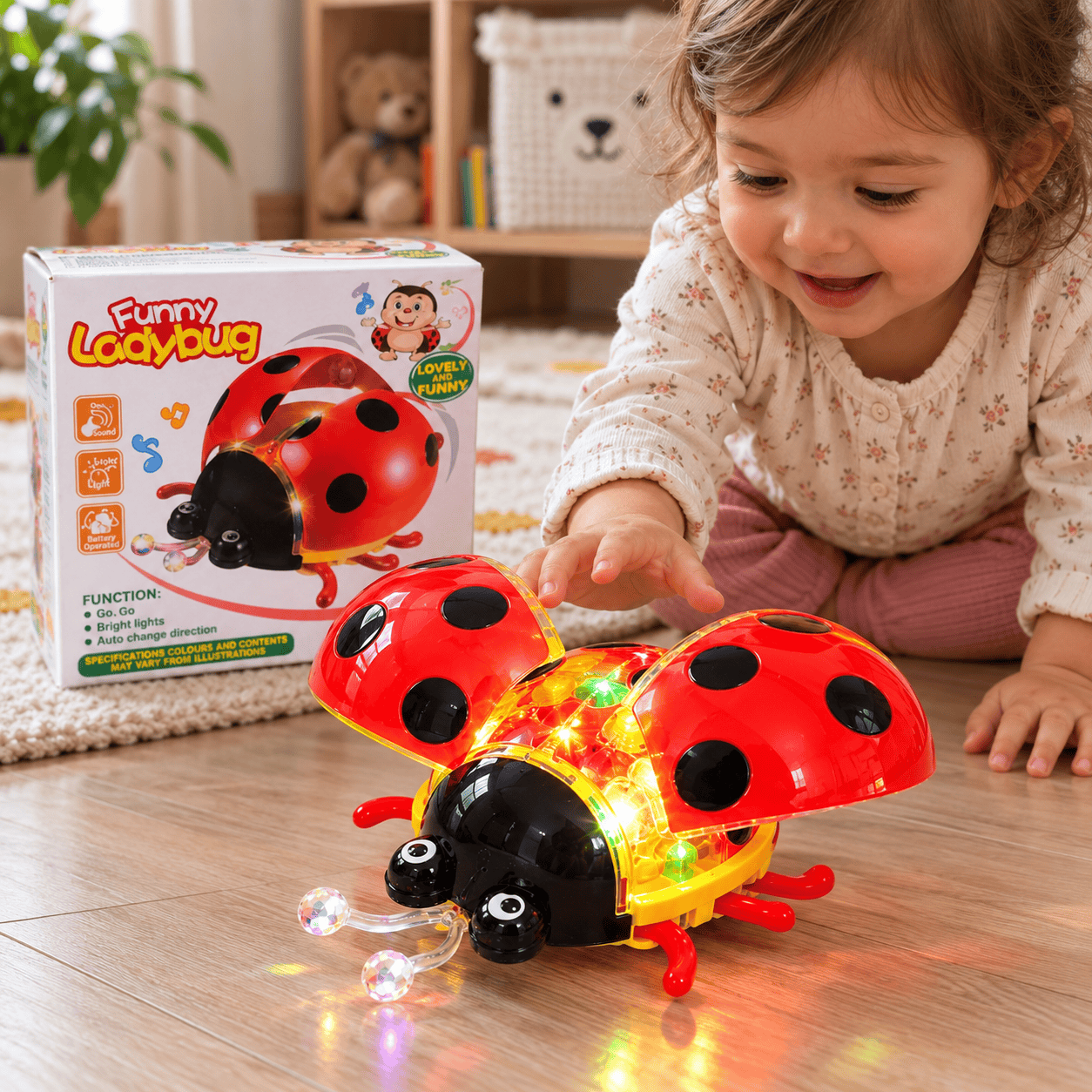 Интерактивна Калинка Funny Ladybug със звук и светлина Интерактивна Калинка Funny Ladybug със звук и светлина е забавна движеща се играчка, която съчетава движение, мелодия, светлинни ефекти и движещи се крилца. Калинката се придвижва сама, а когато срещне препятствие, сменя посоката си и продължава движението. Така играта остава динамична и любопитна, а малчуганът следи накъде ще тръгне веселата калинка. Яркият червено-черен дизайн веднага привлича вниманието, а комбинацията от звук, светлина и движение превръща Интерактивна Калинка Funny Ladybug със звук и светлина в прекрасна идея за подарък за рожден ден, имен ден, Коледа, Великден или просто като изненада без повод. Движеща се Калинка с мелодия и светлинни ефекти Funny Ladybug не е играчка, която просто стои на едно място. След включване тя започва да се движи, крилцата ѝ се задвижват, включват се светлинни ефекти и звучи мелодия. Особено интересна е функцията за смяна на посоката при среща с препятствие. Когато Калинката достигне предмет по пътя си, тя променя движението си и продължава в друга посока. Това прави всяко пускане различно и поддържа интереса по време на игра. Защо да изберете интерактивната Funny Ladybug? движи се самостоятелно; крилцата се движат; сменя посоката при препятствие; има светлинни ефекти; възпроизвежда мелодия; ярките цветове привличат вниманието; подходяща е за активна игра; компактният размер я прави удобна за използване у дома. 👇 Добавете Калинката в количката и подарете повече движение, музика и настроение! Какви са ползите от интерактивната Калинка? Играта с движещи се играчки насърчава детето да наблюдава, да проследява движението и да реагира на промяната на посоката. Играчката Калинка със звук и светлина може да подпомогне: зрителното проследяване; концентрацията и вниманието; координацията око–ръка; любопитството; активното движение; разбирането на връзката причина–следствие; самостоятелната игра и забавление. Звукът и светлината добавят още един стимул, а непредвидимата промяна на посоката прави Funny Ladybug още по-интересна. Интерактивна музикална Калинка – чудесна идея за подарък Когато търсите играчка със звук светлина и движение, която да впечатли още при първото включване, Funny Ladybug е много подходящ избор. Тя може да бъде подарък за рожден ден, имен ден, празник или малка изненада. Подходяща е както за момиче, така и за момче. Ако се чудите къде да купя интерактивни играчки онлайн, разгледайте предложенията на Онлайн магазин Мама&Бебе и поръчайте удобно от дома. Технически характеристики на движещата се Калинка Funny Ladybug Модел: 1444581 Наименование: Funny Ladybug Тип: интерактивна движеща се играчка Форма: Калинка Функции: движение, звук, светлина, мелодия Крилца: движат се Смяна на посоката: да, при среща с препятствие Размери: 13,5 × 8 × 13 см Материал: пластмаса Цвят: червен, черен и цветни детайли Вносител: Доруел Модел: 1444581 Възраст: проверете обозначението на оригиналната опаковка Наличност: в наличност Онлайн магазин Мама&Бебе – детски играчки онлайн Онлайн магазин Мама&Бебе предлага разнообразие от детски играчки, интерактивни модели, образователни комплекти и идеи за подаръци за рожден ден, Коледа и други специални поводи. При нас можете да откриете играчки за момчета и момичета, подаръци за различни възрасти и забавни предложения за всеки повод. Купи лесно и бързо на https://shopmamabebe.eu – мястото, където всяка играчка носи усмивка! Facebook: https://www.facebook.com/mamaandbabystore Телефон за въпроси и поръчки: 0896944003 При поръчки на количества издаваме фактури. 📦 Информация за услугите на Еконт: https://www.econt.com Често задавани въпроси за Калинка Funny Ladybug Калинката движи ли се сама? Да. След включване играчката се движи и променя посоката при среща с препятствие. Крилцата движат ли се? Да. Една от атрактивните функции е движението на крилцата. Има ли звук и светлина? Да. Funny Ladybug има мелодия и светлинни ефекти. Какво се случва, когато стигне до препятствие? Играчката сменя посоката си и продължава движението. Какви са размерите? Размерите са приблизително 13,5 × 8 × 13 см. Подходяща ли е за подарък? Да. Цветният дизайн, движението, светлината и мелодията я превръщат в интересна идея за рожден ден или изненада. отзиви за Интерактивна Калинка Funny Ladybug ⭐⭐⭐⭐⭐ „Много забавна Интерактивна Калинка Funny Ladybug със звук и светлина. Дъщеря ми я следва из цялата стая и много се смее, когато смени посоката. Светлините и мелодията веднага ѝ привлякоха вниманието.“ Мария Георгиева, гр. Пловдив – дете на 2 г. ⭐⭐⭐⭐⭐ „Поръчахме движещата се Калинка със звук и светлина за рождения ден на сина ни. Най-много му харесва как крилцата се движат и как играчката сама сменя посоката при препятствие.“ Елена Петрова, гр. София – дете на 3 г. ⭐⭐⭐⭐⭐ „Страхотна интерактивна играчка! Калинката се движи, свети и пуска мелодия, а детето постоянно я преследва. Много добра идея за подарък.“ Ивайло Димитров, гр. Стара Загора – дете на 2 г. и 6 м. ⭐⭐⭐⭐⭐ „Търсех играчка със звук, светлина и движение и Funny Ladybug се оказа чудесен избор. Цветна, интересна и задържа вниманието доста повече от обикновените играчки.“ Надежда Николова, с. Белозем – дете на 3 г. ⭐⭐⭐⭐⭐ „Калинката стана любима още от първото пускане. Когато стигне до мебел, сменя посоката и продължава, което много забавлява малкия.“ Ралица Иванова, гр. Раковски – дете на 2 г. Благодарим Ви, че избирате Онлайн магазин Мама&Бебе! Очакваме Вашите поръчки и сме насреща, ако имате нужда от помощ при избора.