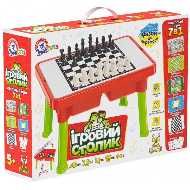 Детска маса за игри Technok Toys 7 в 1 с шах и табла Детска маса за игри Technok Toys 7 в 1 с шах и табла е многофункционален комплект със седем настолни игри, създаден да събира децата и родителите около едно забавно занимание. Разполага с разглобяема пластмасова масичка, сменяеми игрални полета, фигурки, пулове и зарчета, които превръщат всяка семейна вечер в истинско игрово приключение. Представете си вечер, в която вместо всички да гледат в телефоните, семейството се събира около една маса. Детето обмисля следващия си ход, мама подготвя стратегия, татко се опитва да спечели, а смехът не спира! Именно това предлага детската маса за игри 7 в 1 на Technok Toys – седем различни настолни забавления, които могат да се играят от 2 до 4 участници. Тази прекрасна детска играчка за момчета и момичета над 5 години е чудесна идея за подарък за рожден ден, Коледа, имен ден или друг специален повод. Седем настолни игри в една детска игрална маса Защо да купувате отделни комплекти, когато можете да имате седем любими игри на едно място? Детската маса за настолни игри Technok Toys включва: 1. Шах – стратегическа игра за малки мислители Класическата игра на шах насърчава децата да мислят няколко хода напред, да планират и да анализират различни възможности. Чрез играта детето упражнява логическото мислене, търпението и концентрацията. 2. Дама – настолна игра за логика и съобразителност Играта на дама предлага динамично съревнование, при което играчите трябва да преценяват ходовете си, да наблюдават противника и да изграждат стратегия. Подходяща е за приятелски двубои между деца и родители. 3. Не се сърди човече – любима семейна класика Цветната игра, позната и като Лудо, носи много емоции и забавни обрати. Децата хвърлят зарчета, броят ходове, местят фигурки и постепенно се учат да спазват правила. А най-ценното? Разбират, че понякога печелиш, понякога губиш, но удоволствието е в самата игра. 4. Змии и стълби – забавление с неочаквани обрати Една от най-интересните игри за малките участници! Премествайте фигурките, изкачвайте стълбите и внимавайте за змиите, които могат да ви върнат назад. Тази настолна игра насърчава броенето, търпението и следването на правила. 5. Китайски шашки – игра за стратегическо мислене Целта е играчите да преместват своите фигурки по игралното поле и да изберат подходящ маршрут. Играта създава възможности за упражняване на наблюдателност, планиране и логическо мислене. 6. Детско домино – игра за внимание и концентрация Подреждането на домино плочките насърчава разпознаването на еднакви стойности, броенето и внимателното наблюдение. Подходящо забавление за спокойни следобеди у дома. 7. Състезателна игра с ходове – кой ще стигне пръв? Забавна игра с игрално поле, фигурки и зарчета, при която участниците се стремят да достигнат финала. Всяко хвърляне на зарчето носи нова възможност, а съревнованието поддържа интереса до последния ход. Защо родителите да изберат детска маса с настолни игри 7 в 1? Не всяко забавление има нужда от екран! С детска маса за игри Technok Toys 7 в 1 можете да предложите на детето занимание, което съчетава игра, общуване и полезни умения. Седем различни игри – разнообразие, което позволява всеки ден да избирате различно занимание. Повече семейни моменти – възможност родителите, братята, сестрите и приятелите да прекарват време заедно. Развитие чрез игра – шахът, дамата, доминото и останалите занимания насърчават различни познавателни умения. Практична конструкция – масичката е разглобяема и лесна за прибиране. Удобно съхранение – специалните отделения под плота побират игровите елементи и разглобените крачета. Подходяща за подарък – един комплект осигурява разнообразни възможности за игра. Ако се чудите къде да купите детска маса с настолни игри онлайн, разгледайте предложението на Мама&Бебе и изберете играчка, която събира цялото семейство. Как детските образователни настолни игри подпомагат развитието? Когато децата играят, те не просто се забавляват – те опитват, планират, общуват и откриват нови начини за справяне със задачи. Комплектът настолни игри Technok Toys 7 в 1 може да помогне за упражняването на: Логическо мислене – чрез планиране на ходове и стратегии. Концентрация – чрез наблюдаване на игралното поле. Математически умения – чрез броене на точки, полета и зарчета. Фина моторика – чрез местене, подреждане и захващане на фигурки. Памет и внимание – чрез запомняне на правила и последователности. Социални умения – чрез общуване, редуване и съвместни решения. Търпение – чрез изчакване на реда и приемане на резултата. И най-важното – детето може да се учи чрез собствените си преживявания, без всяко занимание да прилича на урок. Играчките не правят децата ни по-послушни. Те им дават пространство да бъдат себе си, да развиват въображението си, да мислят самостоятелно и да откриват света чрез игра. Разглобяема детска масичка за игри с удобно съхранение Освен разнообразието от настолни забавления, масата за игри Technok Toys 7 в 1 предлага и практично решение за организацията на детските занимания. Масичката е изработена от пластмаса и има стабилна конструкция с четири разглобяеми крачета. Под игралния плот са разположени две отделения за съхранение на фигурки, зарчета, пулове и други игрови принадлежности. След приключване на играта дори крачетата на масичката могат да бъдат прибрани. Това спестява място и създава възможност детето постепенно да развива навик да подрежда след себе си. Размерите на сглобената маса са приблизително 43 × 31 × 27 см. Благодарение на компактния си формат може да се използва в детската стая, всекидневната или в подходящ кът за занимания. Идея за подарък за дете над 5 години – седем игри вместо една Понякога най-хубавите подаръци не са тези, които светят и издават звуци, а онези, които събират хората заедно. Детска маса за игри Technok Toys 7 в 1 е прекрасен избор за: Рожден ден на момче или момиче. Коледен подарък. Подарък за дете на 5, 6 или 7 години. Семейни настолни вечери. Занимания между братя и сестри. Игрови кътове и групови занимания в детски градини. Подарък за деца, които обичат логически игри и състезания. Това е подарък, който може да се използва многократно, защото предлага различни игри с различни правила и предизвикателства. Изберете подарък, който носи повече от еднократна изненада – добавете игровата масичка в количката! Технически характеристики на детска маса за настолни игри Technok Toys Наименование: Детска маса за игри Technok Toys 7 в 1 с шах и табла Марка: TechnoK / Tehnok Модел: 639604 Артикул на производителя: 9604 Баркод (EAN): 4823037609604 Тип: Детска игрова маса с настолни игри Брой игри: 7 Материал: Пластмаса Размери на сглобената маса: 43 × 31 × 27 см Размери на опаковката: приблизително 44 × 31,5 × 10 см Възраст: Над 5 години (5+) Брой участници: 2–4 Цвят: Червена маса със зелени крачета Конструкция: Разглобяема Съхранение: Две отделения под плота Игри: Шах, дама, Не се сърди човече, Змии и стълби, китайски шашки, домино, състезателна игра с ходове Държава на производство: Украйна Опаковка: Картонена кутия с дръжка Какво включва комплектът? Пластмасова разглобяема игрова масичка. Игрални полета за седем настолни игри. 32 шахматни фигури. 24 пула за дама. 38 игрови фигурки/пулове. 28 домино плочки. 2 зарчета. Двустранни игрови полета. Правила за игрите. Важно: Комплектът съдържа дребни игрови елементи. Не е подходящ за деца под 3 години. Препоръчителната възраст на производителя е 5+. Детска маса за игри Technok Toys за детски градини и занимални Детската масичка с настолни игри е практично предложение и за детски градини, подготвителни групи, образователни центрове и занимални. Различните игри могат да се използват за организирани занимания, при които децата упражняват броене, спазване на правила, редуване и общуване. Комплектът е особено подходящ за занимания в малки групи, включително за деца в четвърта подготвителна група. Онлайн магазин Мама&Бебе работи с детски заведения и издава фактури. За количества и наличности можете да се свържете с нас на 0896944003. Къде да купите детска маса за игри онлайн? В Онлайн магазин Мама&Бебе ще откриете богато разнообразие от детски играчки онлайн, дървени образователни комплекти, настолни игри, конструктори, занимателни играчки и подаръци за Коледа, рожден ден и специални поводи. Предлагаме идеи за подаръци за момчета и момичета, както и образователни игри за различни възрастови групи. Купете лесно и бързо от https://shopmamabebe.eu/ – мястото, където всяка играчка носи усмивка! За въпроси и поръчки: 0896944003. Последвайте Онлайн магазин Мама&Бебе във Facebook: https://www.facebook.com/mamaandbabystore Доставяме с Еконт. Повече информация за куриерските услуги: https://www.econt.com За клиентите от гр. Раковски, област Пловдив, е възможно лично предаване след предварителна уговорка и потвърждение на наличността. Често задавани въпроси за детска маса с настолни игри 7 в 1 Колко игри включва масата Technok Toys? Комплектът включва седем настолни игри: шах, дама, Не се сърди човече, Змии и стълби, китайски шашки, домино и състезателна игра с ходове. За каква възраст е подходяща игровата маса? Препоръчителната възраст е над 5 години. При по-сложните игри като шах и дама може да е необходима помощ от възрастен. Колко деца могат да играят? Комплектът е предназначен за игри с 2 до 4 участници, според правилата на избраната игра. Разглобява ли се масичката? Да. Крачетата се разглобяват и могат да се прибират заедно с игровите принадлежности. Има ли място за съхранение на фигурките? Да. Под плота са предвидени две отделения за организирано съхранение. Подходяща ли е за подарък за първокласник? Да. Това е чудесна идея за подарък за първокласник, който обича логически и настолни игри. Различните игри могат да се подбират според неговите интереси и умения. Подходяща ли е за детска градина? Да, за подходящи възрастови групи и занимания под наблюдение на педагог. Комплектът предлага възможности за групови игри. Издавате ли фактури? Да. Онлайн магазин Мама&Бебе издава фактури както за индивидуални поръчки, така и за детски заведения и организации. Подарете повече семейни вечери с настолните игри Technok Toys Времето, което прекарваме с децата си, е най-ценният подарък. С детска маса за игри Technok Toys 7 в 1 получавате не просто играчка, а повод за нови семейни традиции, весели състезания и незабравими моменти. Изберете занимание, което събира малки и големи около една маса. Добавете комплекта в количката и превърнете следващата семейна вечер в истинско приключение! Благодарим Ви, че избирате Онлайн магазин Мама&Бебе! За нас всяка поръчка е специална, защото зад нея стои дете, което очаква нова игра, ново откритие и още един повод за усмивка. Мария, гр. Пловдив, дете на 6 години „Тази детска маса за игри 7 в 1 е чудесна идея за семейните вечери. Най-много ми харесва разнообразието от настолни игри и възможността всички да играем заедно.“ – Десислава, гр. София, дете на 7 години „Масата за настолни игри Technok Toys предлага много възможности за забавление. Шахът, дамата и доминото са чудесен начин да упражняваме логиката и концентрацията.“ – Елена, гр. Раковски, дете на 5 години „Детската игрална маса с 7 настолни игри е практична и компактна. Много ми харесва, че фигурките могат да се прибират под плота, а масичката се разглобява.“ – Николай, гр. Варна, деца на 6 и 8 години „Настолните игри за деца Technok 7 в 1 са хубав избор за братя и сестри. Има занимания за различни интереси и чудесни възможности за обща игра.“ Как да откъснем децата от телефоните с 7 настолни игри? Все повече родители търсят интересни занимания, с които да насърчат децата си да прекарват време далеч от телефоните, телевизора и таблета. Но как да предложим алтернатива, която детето действително да хареса? Един от приятните начини е чрез семейните настолни игри. Защо настолните игри са полезни за децата? Настолните игри съчетават забавление, общуване и възможности за усвояване на нови умения. Чрез тях децата упражняват търпението си, научават се да изчакват реда си и постепенно развиват стратегическо мислене. Играта на шах например насърчава планирането и наблюдателността, докато доминото и Не се сърди човече създават естествени възможности за броене и разпознаване на последователности. Седем игри в една масичка – практично решение за семейството Детска маса за игри Technok Toys 7 в 1 предлага седем различни настолни забавления в един комплект. Децата могат да избират между шах, дама, Не се сърди човече, Змии и стълби, китайски шашки, домино и състезателна игра с фигурки. Комплектът включва и разглобяема масичка с отделения за съхранение. Така семейните игри могат лесно да се организират у дома, а след приключване на заниманията всички принадлежности да се приберат. Идея за подарък за дете над 5 години Когато избирате подарък за рожден ден, Коледа или първокласник, помислете за играчка, която може да се използва по различни начини. Комплектът настолни игри 7 в 1 е подходящ за момчета и момичета над 5 години и създава възможности за съвместна игра с родители и приятели. Малките семейни традиции започват с една игра Понякога са нужни само половин час, няколко фигурки и желание за забавление, за да превърнем обикновената вечер в специален спомен. Не е необходимо детето винаги да печели. Важно е да има възможност да опитва, да допуска грешки, да мисли и да се радва на общуването. В Онлайн магазин Мама&Бебе ще откриете разнообразни настолни игри, образователни комплекти, дървени играчки и подаръци за различни възрасти. Разгледайте детска маса за игри Technok Toys 7 в 1 и още предложени Очакваме Вашите поръчки и сме насреща, за да Ви помогнем с всичко необходимо!