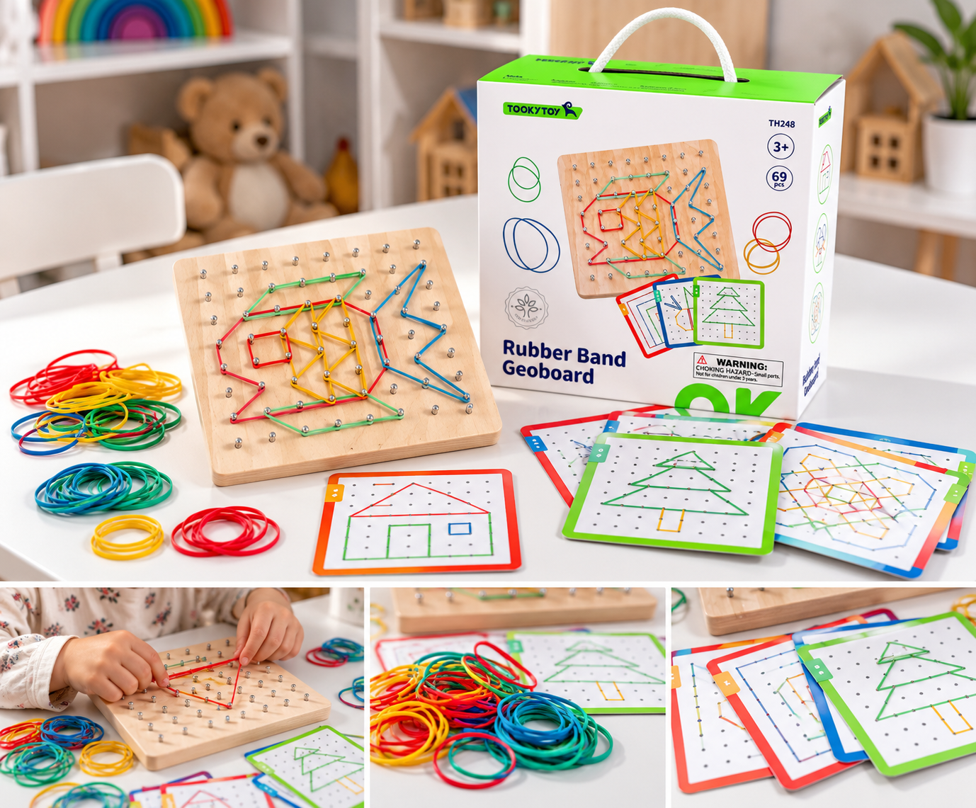 Tooky Toy Дървен геоборд с ластици Монтесори игра Tooky Toy дървен геоборд с ластици е занимателна образователна игра, която позволява на децата да създават геометрични фигури, животни, къщички и разнообразни цветни композиции върху специална дървена дъска с метални пинове. С помощта на цветни ластици малките откриватели могат да „рисуват“, да следват готови модели или да измислят собствени изображения. Този дървен геоборд с ластици включва 40 карти с модели, 48 цветни ластика и три нива на трудност, които превръщат ученето в интересно предизвикателство. Детето избира карта, разглежда изображението и се опитва да го пресъздаде върху дървената основа. Монтесори играта Tooky Toy TH248 е подходяща за момчета и момичета над 3 години. Тя е прекрасна детска играчка за рожден ден, Коледа, имен ден или специална изненада за дете, което обича творческите занимания, загадките и игрите с фигури. Защо да изберете дървен геоборд с ластици Tooky Toy? Представете си игра, в която обикновените цветни ластици се превръщат в къщи, триъгълници, цветя, геометрични композиции и десетки интересни изображения. Точно това предлага Tooky Toy дървен геоборд с ластици – възможност детето да експериментира, да мисли и да създава нещо със собствените си ръце. Основни предимства на геометричната дъска с ластици 40 карти с модели – готови изображения, които детето може да пресъздава. 48 цветни ластика – за различни форми и комбинации. 3 нива на трудност – за постепенно преминаване към по-сложни задачи. Дървена основа – стабилна повърхност за занимания. Метални пинове – за поставяне и опъване на ластиците. Цветни илюстрации – улесняват разпознаването на готовите модели. Възможност за свободно творчество – детето не е ограничено само до картите. Компактни размери – удобен комплект за занимания у дома или при пътуване. Подарете игра, в която всяка фигура е малко лично постижение! Как дървеният геоборд развива фината моторика и логическото мислене? Образователната игра с ластици Tooky Toy съчетава творчество и практически занимания, които насърчават разнообразни умения. Докато детето поставя ластиците върху пиновете, то наблюдава разположението им, преценява разстоянията и открива как отделните линии изграждат цялостно изображение. Основни ползи за детето: Фина моторика – поставянето и преместването на ластиците упражнява прецизни движения на пръстите. Координация око–ръка – детето наблюдава пиновете и насочва ръцете си към избраните точки. Логическо мислене – преценява последователността на действията. Пространствено мислене – разпознава посоки, форми, размери и разположение на фигурите. Концентрация – завършването на един модел изисква внимание. Наблюдателност – сравнява готовата карта с изображението върху дъската. Памет – може да опитва да възпроизвежда модели по спомен. Творчество – създава собствени фигури, без да следва готов пример. Постоянство – упражнява умението да опитва отново, когато някоя линия не е поставена правилно. Играчките не правят децата ни по-послушни, но им дават пространство да бъдат себе си, да изследват, да експериментират и да се развиват. Монтесори геобордът с цветни ластици дава възможност детето да бъде активно, а не просто да наблюдава готов резултат. Геометрична дъска с ластици – 40 карти и 3 нива на трудност Едно от най-големите предимства на Tooky Toy Geoboard TH248 е разнообразието от задачи. Комплектът предлага 40 цветни карти с модели, обозначени със символи за три различни нива на трудност. Така детето може да започне с по-лесни изображения и постепенно да преминава към по-сложни комбинации. Как протича играта? Изберете карта с подходящо ниво на трудност. Поставете дървения геоборд върху стабилна повърхност. Разгледайте внимателно линиите и цветовете на модела. Изберете подходящите цветни ластици. Поставете ластиците върху пиновете така, че да оформите фигурата. Сравнете готовото изображение с картата. Опитайте нов модел или създайте собствена композиция. Започнете с една лесна фигура и оставете детето само да открие как да построи следващата! Монтесори игра с геометрични фигури – учене чрез действие Дървената геометрична дъска с ластици е интересен пример за практическо учене чрез игра. Детето не получава готово изображение. То трябва само да го изгради, като свърже различни точки с цветни ластици. Този тип занимания е вдъхновен от принципите на активното учене и самостоятелното изследване, често използвани в Монтесори среда. С геоборда можете да организирате занимания за: Разпознаване на триъгълници, квадрати и правоъгълници. Сравняване на големи и малки фигури. Откриване на вертикални, хоризонтални и наклонени линии. Упражняване на цветове. Създаване на симетрични изображения. Сравняване на различни геометрични форми. Измисляне на собствени модели. Важно: „Монтесори“ описва образователния подход на заниманията, а не означава официална сертификация на продукта. Дървен геоборд за детска градина и предучилищна подготовка Tooky Toy дървен геоборд с ластици може да бъде полезно допълнение към заниманията в детски градини, подготвителни групи и образователни центрове. Преподавателите могат да използват дъската за игрови упражнения с форми, цветове, линии и пространствено ориентиране. Идеи за занимания: Пресъздаване на модел по карта. Свободно създаване на геометрични фигури. Сравняване на два различни модела. Откриване на липсваща линия. Изпълняване на задачи с постепенно нарастваща трудност. Упражнения за концентрация и последователност. Играта е подходяща за индивидуални занимания и работа с възрастен, който насочва детето към различните задачи. Образователна игра, която съчетава математика, творчество и практически умения! Tooky Toy геоборд – коледен подарък, който провокира мисленето Коледа е прекрасен повод да подарим нещо, което ще бъде интересно не само в деня на разопаковането. Дървеният геоборд Tooky Toy предлага различни модели и нива на трудност, които детето може да изследва постепенно. Това го прави интересна идея за: Подарък за 3-годишно дете – за първи занимания с лесни модели под наблюдение. Подарък за 4-годишно дете – за упражнения с цветове и форми. Подарък за 5-годишно дете – за логически задачи и сложни изображения. Подарък за 6-годишно дете – за предучилищни занимания и пространствено мислене. Коледен подарък за момче или момиче. Подарък за рожден ден. Подарък за бъдещ първокласник. Изненада за имен ден, Великден или специален семеен повод. Изберете играчка, която предлага ново предизвикателство всеки път, когато детето посегне към нея! Какво включва дървеният геоборд Tooky Toy? Комплектът съдържа: Дървена дъска с метални пинове. 48 цветни ластика. 40 карти с модели. Модели с 3 нива на трудност. Технически характеристики на Tooky Toy Геоборд с ластици Марка: Tooky Toy Продукт: Дървен геоборд с цветни ластици Модел / SKU: TH248 Тип игра: Образователна геометрична игра Материал: Дърво, метални пинове и еластични ластици Размери на дъската: 18 × 18 × 2,2 см Брой карти: 40 Брой цветни ластици: 48 Нива на трудност: 3 Брой части според опаковката: 69 Препоръчителна възраст: Над 3 години Подходяща за: Момчета и момичета Основни умения: Фина моторика, логическо мислене, пространствено ориентиране, наблюдателност и концентрация Захранване: Не изисква батерии Внимание: Съдържа дребни части и ластици. Не е подходяща за деца под 3 години. Препоръчва се игра под наблюдение на възрастен. Защо да поръчате Tooky Toy от Онлайн магазин Мама&Бебе? В Онлайн магазин Мама&Бебе предлагаме богато разнообразие от детски играчки, дървени образователни комплекти, Монтесори игри, геометрични занимания, конструктори и подаръци за Коледа, рожден ден и специални поводи. Вярваме, че подходящата играчка може да насърчи любопитството, самостоятелността и желанието на детето да открива света. При нас получавате: Удобна онлайн поръчка. Доставка с Еконт. Съдействие при избор на образователна играчка. Разнообразие от дървени играчки за момчета и момичета. Поръчки за детски градини, училища и образователни центрове. Издаване на фактури. Възможност за лично предаване в гр. Раковски след предварителна уговорка и проверка на наличността. Ако се чудите къде да купите дървени образователни играчки онлайн, разгледайте предложенията на Мама&Бебе и изберете подарък, съобразен с възрастта и интересите на детето. Купете лесно и бързо от shopmamabebe.eu – мястото, където всяка играчка носи усмивка! Често задавани въпроси за дървения геоборд с ластици Какво представлява геобордът? Геобордът е дъска с пинове, върху които се поставят ластици, за да се създават геометрични фигури, линии и различни изображения. За каква възраст е подходящ Tooky Toy Geoboard? Комплектът е предназначен за деца над 3 години. Колко карти има геометричната игра? Комплектът включва 40 карти с модели. Колко ластика са включени? В комплекта има 48 цветни ластика. Има ли различни нива на трудност? Да. Картите са разделени на 3 нива на трудност, обозначени с цветни символи. Може ли детето да създава собствени фигури? Да. Освен да следва готовите карти, детето може да измисля и собствени изображения. Подходящ ли е геобордът за детска градина? Да. Може да се използва за занимания с геометрични форми, цветове, логическо мислене и фина моторика под наблюдение на възрастен. Подходящ ли е за коледен подарък? Да. Tooky Toy дървен геоборд с ластици е чудесна идея за коледен подарък за деца над 3 години, които обичат образователни и творчески игри. Къде мога да купя дървен геоборд с ластици? Можете да поръчате от Онлайн магазин Мама&Бебе или да се свържете с нас на 0896944003. Подарете творчество и нови предизвикателства! Понякога най-интересните детски игри не се нуждаят от екрани, батерии или сложни технологии. Няколко цветни ластика, дървена дъска и детското въображение са достатъчни, за да се създадат десетки интересни изображения. С Tooky Toy дървен геоборд с ластици детето получава възможност да мисли, да експериментира и да открива нови начини да създава форми. Изберете образователен подарък, който съчетава учене, творчество и истинско удовлетворение от постигнатия резултат! Поръчайте от shopmamabebe.eu или се обадете на 0896944003. Последвайте Онлайн магазин Мама&Бебе във Facebook, за да откривате нови образователни и дървени играчки, Монтесори занимания и предложения за подаръци. Повече информация за доставката с Еконт можете да откриете на econt.com. Благодарим Ви, че избрахте Онлайн магазин Мама&Бебе! За нас всяка поръчка е специална, защото знаем колко важно е да изберете подходящия подарък за Вашето дете. Очакваме Вашите поръчки и сме тук, за да Ви помогнем с всичко необходимо! Геоборд за деца – как една дървена дъска с ластици превръща геометрията в игра? Геометрията невинаги трябва да започва с учебник, молив и лист хартия. За малките деца тя може да бъде цветна, забавна и напълно практическа. Дървеният геоборд с ластици позволява на детето само да създава форми, да сравнява изображения и да открива как различните линии се свързват в една фигура. Какво представлява геобордът? Геобордът е дъска с равномерно разположени пинове, върху които се поставят ластици. Чрез тях могат да се изграждат триъгълници, квадрати, правоъгълници, къщички и разнообразни геометрични композиции. Тази дейност насърчава наблюдателността и пространственото ориентиране. Защо игрите с ластици са интересни за децата? Когато детето поставя ластик между няколко точки, то трябва да прецени посоката и разстоянието. Освен това упражнява прецизни движения на пръстите и координацията между ръцете и очите. Готовите модели дават възможност за работа по образец, а свободното създаване на фигури насърчава творчеството. Tooky Toy Геоборд с 40 карти и 3 нива на трудност Tooky Toy TH248 предлага 40 цветни карти с модели, 48 ластика и три нива на трудност. Това позволява на детето да започне с по-лесни изображения и постепенно да преминава към нови предизвикателства. Комплектът е подходящ за деца над 3 години и може да бъде използван както у дома, така и при организирани образователни занимания. Как да използваме геоборд за предучилищна подготовка? Започнете с прости форми като квадрат и триъгълник. След това предложете на детето да изгради къщичка, дърво или друг познат предмет. Постепенно може да преминете към изображения с повече линии и цветове. Важно е заниманието да остане игра, а не изпитване. Дървен геоборд – идея за образователен коледен подарък Ако искате да подарите нещо, което съчетава творчество, логика и практически занимания, геобордът е интересен избор. Разгледайте Tooky Toy Дървен геоборд с ластици Монтесори игра и още дървени образователни комплекти в Онлайн магазин Мама&Бебе. Изберете подарък, който насърчава детето само да мисли, да създава и да открива нови решения!