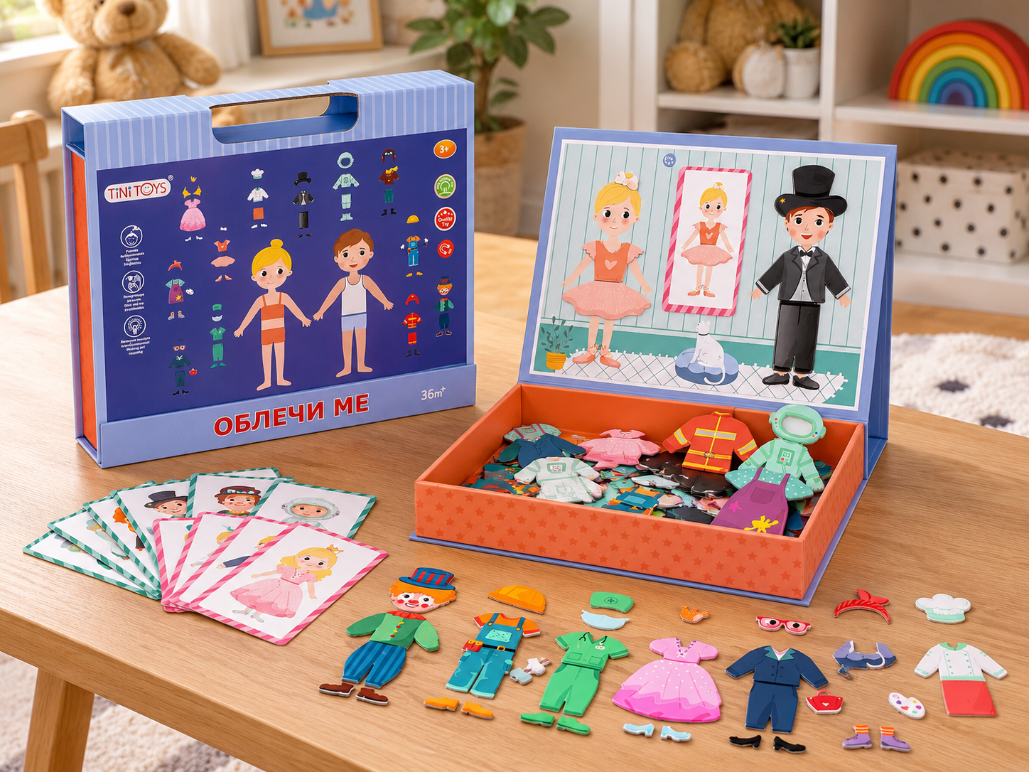 Магнитна книга Облечи ме – дрехи и професии Tini Toys Магнитна книга Облечи ме от Tini Toys е креативна образователна игра, в която детето облича момиче и момче с различни магнитни дрехи и аксесоари. Комплектът включва цели 64 магнитни части за обличане и 12 карти с модели, които показват различни комбинации и професии. Играта е лесна за разбиране: детето избира карта, поставя я върху магнитната дъска и се опитва да облече героя по показания модел. След това може да забрави за картите и да започне да създава свои комбинации – различни дрехи, аксесоари и истории. Точно това прави Магнитна книга Облечи ме толкова интересна – детето първо следва пример, а след това използва собственото си въображение. Прекрасна детска играчка за момичета и момчета над 3 години, подходяща за рожден ден, имен ден, Коледа или просто като образователна изненада. Магнитна игра за обличане с 64 дрехи и аксесоари Комплектът дава много повече от еднократно подреждане. Детето може да: облича момичето и момчето по готовите карти; комбинира различни магнитни дрехи; добавя подходящи аксесоари; разпознава различни професии; измисля собствени персонажи; разказва истории; назовава дрехите; сравнява облеклата; играе самостоятелно или с възрастен. 64 магнитни елемента дават достатъчно възможности играта да бъде различна всеки път. Днес героят може да изглежда по един начин, а след пет минути – напълно различно. Магнитна книга с професии – игра и учене заедно Една от най-силните страни на магнитната книга за обличане е възможността децата да се запознават с различни професии. Възрастният може да използва картите като начало на разговор: „Какво работи този човек?“ „Какви дрехи са му необходими?“ „Кой използва тази шапка?“ „Какво прави лекарят?“ „Какъв искаш да станеш, когато пораснеш?“ По този начин една проста игра с дрехи може постепенно да се превърне в упражнение за реч, памет и познания за света. Подходяща за детска градина, логопед и образователен център Магнитна книга Облечи ме е много подходяща и за професионална работа с деца. Може да бъде използвана в: детски градини; предучилищни групи; логопедични кабинети; образователни центрове; занимални; ресурсни кабинети; детски клубове. При логопедични и езикови занимания магнитните части могат да се използват за назоваване на дрехи, цветове, аксесоари, действия и професии, както и за съставяне на кратки изречения и истории. Например: „Момичето носи…“, „Момчето е облечено с…“, „Това е лекар и той носи…“. За детски градини, образователни центрове и организации Онлайн магазин Мама&Бебе издава фактури. Ползи за детето Играта с Магнитна книга Облечи ме подпомага различни умения: фина моторика; координация око-ръка; наблюдателност; концентрация; зрителна памет; речников запас; разпознаване на дрехи и аксесоари; познания за професиите; въображение; самостоятелност; умение за следване на модел. Когато детето гледа картата и търси съответните части, то трябва да сравнява форма, цвят и детайли. Когато създава свои комбинации, вече работи въображението. Играчките не правят децата ни по-послушни, но добрите игри им дават пространство да мислят, да създават и да показват собствените си идеи. Магнитни дрехи за дъска и метални повърхности Не сте ограничени само до самата книга. Магнитните дрехи и аксесоари могат да се поставят и върху други подходящи магнитни или метални повърхности. Така част от играта може да бъде пренесена върху магнитна дъска или друга подходяща метална повърхност. И 12-те карти са с магнит на гърба, което позволява лесното им закрепване върху магнитното поле по време на игра. Подарък за 3, 4, 5 или 6-годишно дете Магнитна книга Облечи ме е чудесна идея за подарък за: 3-годишно дете; 4-годишно дете; 5-годишно дете; 6-годишно дете; рожден ден; имен ден; Коледа; посещение на гости; образователна изненада. Особено добър избор е за дете, което обича ролеви игри, дрехи, различни герои и измислянето на истории. Технически характеристики на магнитната книга за обличане Продукт: Магнитна книга Облечи ме Магнитни дрехи и аксесоари: 64 бр. Карти за игра: 12 бр. Размер на картите: 57 x 106 мм Размер на опаковката: 270 x 225 x 50 мм Тегло: 0,600 кг Възраст: 3+ години Марка: Tini Toys SKU: SKC2212 Баркод: 6955273501805 Опаковка: здрава картонена кутия тип куфарче Затваряне: магнитно Материали и бои: безопасни за деца Повърхности: магнитната дъска от комплекта и други подходящи магнитни/метални повърхности Защо да купите магнитната книга Облечи ме Тук стойността не е само в броя части. Получавате игра, която може да се използва по няколко начина – следване на готов модел, свободно обличане, разпознаване на професии, учене на дрехи и аксесоари и измисляне на истории. А след игра всичко се прибира обратно в здравото куфарче с магнитно затваряне. Практично за детето. Практично и за родителя. Къде да купя магнитна книга Облечи ме В Онлайн магазин Мама&Бебе ще откриете образователни детски играчки, магнитни книги, дървени комплекти и идеи за подарък за различни възрасти и поводи. Поръчайте Магнитна книга Облечи ме от: https://shopmamabebe.eu/ За въпроси и поръчки: 0896944003 Facebook: https://www.facebook.com/mamaandbabystore Повече информация за доставката с Еконт: https://www.econt.com Изберете комплекта и подарете игра, в която детето всеки път може да създаде различен герой. Често задавани въпроси за магнитната игра Облечи ме Колко магнитни части съдържа комплектът? Комплектът съдържа 64 магнитни дрехи и аксесоари. Колко карти има? Включени са 12 карти, които детето може да използва като модел при обличането. Картите закрепват ли се на дъската? Да. Всяка карта има магнит на гърба и може да бъде поставена върху магнитната дъска. Може ли детето да играе без картите? Да. След като се запознае с начина на игра, може свободно да комбинира дрехите и да създава собствени персонажи. За каква възраст е играчката? Магнитна книга Облечи ме е подходяща за деца над 3 години. Подходяща ли е за детска градина? Да. Особено подходяща е за теми като дрехи, професии, цветове, сезони и ролеви игри. Подходяща ли е за логопед? Може да бъде използвана като визуален материал за упражнения с назоваване, описване, глаголи, професии и съставяне на изречения, като конкретните дейности се определят от специалиста. отзиви ★★★★★ „Магнитна книга Облечи ме стана една от любимите игри у дома. Дъщеря ми сама избира картите и търси правилните дрехи.“ Мария, Пловдив Дете на 4 г. ★★★★★ „Много интересна магнитна игра за обличане. Хареса ни, че има толкова много дрехи и различни комбинации.“ Елена, гр. Раковски Дете на 5 г. ★★★★★ „Използваме играта за разговори за дрехите и професиите. Детето с желание описва как е облечен всеки герой.“ Николета, София Дете на 4 г. Благодарим Ви, че избирате Онлайн магазин Мама&Бебе. Очакваме Вашите поръчки и сме насреща за съдействие както за индивидуални покупки, така и за поръчки от детски градини и образователни центрове.
