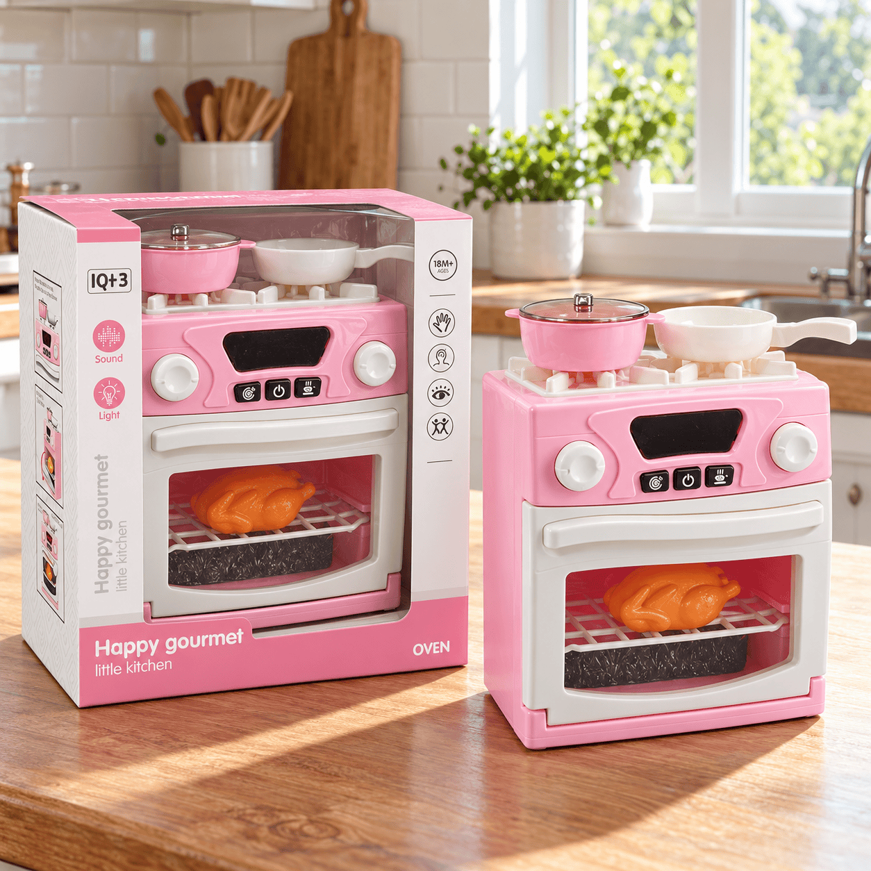 Детска фурна с котлони Happy Gourmet – звук и светлина Детска фурна с котлони Happy Gourmet – звук и светлина е интерактивна детска готварска печка в нежен розов цвят, която превръща детската стая в собствена малка кухня! Играчката съчетава фурна с отваряща се вратичка, два котлона, бутони за управление, реалистични звуци и светлинни ефекти. Комплектът включва тенджера с капак, тиган и фигурка на печено пиле за още по-интересни кулинарни приключения. С тази детска фурна с котлони малките готвачи могат да пресъздават приготвянето на семейна вечеря, да пекат въображаеми ястия, да готвят на котлоните и да организират собствен ресторант. Светлинните индикатори и звуците от готвене правят заниманията особено увлекателни. Прекрасна детска играчка за коледен подарък, рожден ден, имен ден или специална изненада за дете над 3 години! Защо да изберете детска готварска печка Happy Gourmet със звук и светлина? „Мамо, днес аз ще приготвя вечерята!“ Ако често чувате подобни думи, тази розова детска фурна може да се превърне в любимото място за кулинарни игри у дома. За разлика от обикновените статични кухненски играчки, Happy Gourmet предлага различни интерактивни елементи, които детето може да използва в своите истории. Основни предимства: Фурна с отваряща се вратичка – детето може да поставя и изважда игровото печено пиле, точно както наблюдава възрастните при приготвяне на вечеря. Два котлона в горната част – позволяват игра на готвене с включените тенджера и тиган. Реалистични звуци от готвене – имитират работата на кухненска печка. Светлинни ефекти – правят игровата фурна още по-интересна. Бутони за управление – детето може да пресъздава включването и използването на кухненски уред. Тенджера с капак и тиган – допълват комплекта с различни възможности за въображаеми рецепти. Фигурка на печено пиле – позволява играта да започне с готово кулинарно предизвикателство. Компактни размери – печката може да се постави върху детска масичка или в обособен кът за игра. Това е детска готварска печка играчка, която съчетава няколко дейности в един продукт. Вместо да купувате отделна фурна и котлони, получавате комбиниран кухненски уред с аксесоари. Разгледайте Happy Gourmet и подарете на малкия кулинар собствено пространство за игра! Как детската фурна с котлони подпомага развитието? Ролевите занимания в кухнята са нещо повече от имитация на готвене. Те създават възможности децата да упражняват различни умения чрез игра. Фина моторика и координация око–ръка Отварянето на вратичката, завъртането на бутоните, поставянето на капака върху тенджерата и подреждането на съдовете упражняват прецизните движения на ръцете. Концентрация и наблюдателност Детето наблюдава познати дейности от ежедневието и ги пресъздава по свой начин. Може да следва последователност – първо да подготви продуктите, след това да постави съдовете и накрая да сервира въображаемата вечеря. Логическо и пространствено мислене Когато решава кой съд да постави върху котлона, как да организира своето работно място и какво да приготви първо, детето упражнява планиране и пространствена преценка. Въображение и творческо мислене Днес малкият готвач може да приготвя семейна вечеря, утре да организира ресторант, а след това да пече празнично пиле за любимите си кукли. Самостоятелност и увереност Детето само избира какво да приготви, кои аксесоари да използва и кого да покани на гости. Това насърчава увереността в собствените му идеи. Социални умения и общуване При съвместна игра децата могат да разпределят роли – готвач, помощник, сервитьор и клиент. Така упражняват общуване, изчакване на ред и сътрудничество. Играчките не правят децата ни по-послушни. Те им дават пространство да бъдат себе си, да откриват нови интереси и да развиват умения чрез свободна игра. Как работи детската фурна с котлони Happy Gourmet? Тази мини готварска печка предлага различни игрови функции, които пресъздават работата на истинска кухня. Два котлона със звукови ефекти В горната част на фурната са разположени два декоративни котлона, върху които детето може да поставя тенджерата и тигана. При активиране на игровите функции се възпроизвеждат звуци, които имитират готвене. Детето може да завърта бутоните и да пресъздава приготвянето на супа, зеленчуци, сосове и любими ястия. Отваряща се вратичка на фурната Предната вратичка се отваря надолу и осигурява достъп до вътрешното пространство. Детето може да постави фигурката на печено пиле, да затвори вратичката и да започне своето въображаемо печене. След приключване на играта може да отвори фурната и да извади готовата вечеря. Светлинни индикатори и бутони за управление На предния панел има декоративен дисплей, бутони и въртящи се регулатори. Светлинните ефекти допълват реалистичното усещане за работа на кухненски уред. Тенджера, тиган и печено пиле Включените аксесоари разнообразяват играта: Тенджерата с капак е подходяща за въображаемо приготвяне на супи и различни ястия. Тиганът позволява детето да пресъздава пържене и готвене на котлон. Фигурката на печено пиле е чудесен елемент за игра на празнична вечеря или ресторант. Пет идеи за игра с розовата детска фурна 1. Неделна вечеря за цялото семейство Детето подрежда игровите съдове, поставя пилето във фурната и кани мама и татко на вечеря. 2. Собствен ресторант Малкият готвач измисля меню, приема поръчки и приготвя въображаеми ястия за своите клиенти. 3. Празнична вечеря за куклите Любимите кукли и плюшени приятели пристигат на гости, а детето приготвя специално меню. 4. Кулинарно състезание Децата могат да измислят различни рецепти и да представят своите ястия пред въображаемо жури. 5. Готвим заедно с мама и татко Докато възрастните приготвят истинска храна, детето може да пресъздава подобни дейности със своята играчка на отделно безопасно място. Така ежедневните семейни моменти се превръщат във вдъхновение за игра. Коледен подарък за дете – собствена фурна с котлони Представете си коледната сутрин! Под елхата има красива розова кутия, а вътре детето открива собствена фурна, два котлона, тенджера, тиган и печено пиле! Само след минути малкият кулинар вече може да планира празничното меню. Детската фурна Happy Gourmet е чудесна идея за: Коледен подарък за 3-годишно дете. Подарък за рожден ден на 4-годишно момиче или момче. Подарък за 5-годишно дете, което обича кулинарните игри. Изненада за 6-годишно дете с интерес към домакинските занимания. Подарък за имен ден или Великден. Допълнение към детска кухня или комплект с кухненски аксесоари. Подарък за малък любител на готвенето. За деца под 3 години продуктът не се препоръчва според предоставената възрастова информация. Подарете не просто детска играчка, а възможност за множество кулинарни приключения! Технически характеристики на детската фурна Happy Gourmet Характеристика Информация Продукт Детска фурна с котлони Happy Gourmet Серия Happy Gourmet – Little Kitchen Доставчик/вносител Armtoys Каталожен номер 16546 Код на производителя MKZ000954 Баркод EAN13 6991200009549 Цвят Розов и бял Размери на играчката 15 × 10,7 × 20,5 см Размери на опаковката 19,7 × 11,2 × 22,9 см Препоръчителна възраст 3+ години Материал Не е посочен от производителя Захранване Батерии Брой и тип батерии Не са потвърдени Светлинни ефекти Да Звукови ефекти Да, имитация на готвене Котлони 2 декоративни котлона Фурна Отваряща се вратичка Управление Бутони и въртящи се регулатори Аксесоари Тенджера с капак, тиган, фигурка на печено пиле Вид игра Ролева и творческа Какво включва комплектът? Детска готварска печка с фурна и два котлона. Тенджера с капак. Тиган. Фигурка на печено пиле. Безопасност при игра Комплектът е предназначен за деца над 3 години според предоставената продуктова информация. Фурната и котлоните са играчки и не са предназначени за истинско готвене, печене или нагряване. Батериите трябва да се поставят от възрастен. Спазвайте указанията за безопасност върху оригиналната опаковка. Защо да поръчате детски кухненски играчки от Мама&Бебе? В онлайн магазин Мама&Бебе предлагаме богато разнообразие от детски играчки, дървени образователни комплекти, кукли, конструктори, детски кухни и подаръци за Коледа, рожден ден и специални поводи. Подбираме продукти, които създават възможности за интересни занимания, въображение и радост от играта. Предимства на поръчката от Мама&Бебе: Богато разнообразие от детски играчки за момичета и момчета. Подбрани предложения за коледни подаръци. Доставка с Еконт до офис или адрес. Възможност за преглед на пратката според условията на куриера. Поръчки за детски градини и образователни центрове. Издаване на фактури. Лично предаване в гр. Раковски след предварителна уговорка и потвърдена наличност. Съдействие при избор на подарък. Купете лесно и бързо от shopmamabebe.eu – мястото, където всяка играчка носи усмивка! Често задавани въпроси за детската фурна с котлони 1. За каква възраст е подходяща детската фурна Happy Gourmet? Според предоставената продуктова информация играчката е подходяща за деца над 3 години. 2. Има ли детската готварска печка светлинни ефекти? Да. Моделът разполага със светлинни индикатори, които допълват ролевата игра. 3. Издава ли фурната звуци при готвене? Да. Играчката възпроизвежда звуци, имитиращи работата на кухненска печка. 4. Отваря ли се вратичката на детската фурна? Да. Вратичката се отваря надолу и позволява поставяне и изваждане на игровата храна. 5. Какво включва комплектът Happy Gourmet? Детска фурна с два котлона, тенджера с капак, тиган и фигурка на печено пиле. 6. Загряват ли детските котлони? Не. Това са игрови котлони, които имитират готвене, без да се използват за приготвяне на истинска храна. 7. Работи ли детската фурна с батерии? Да. Моделът използва батерии, но точният им вид и брой не са потвърдени в предоставените характеристики. 8. Подходяща ли е розовата фурна за коледен подарък? Да. Комплектът е чудесен избор за дете над 3 години, което обича да играе на готвене. 9. Може ли да се комбинира с други кухненски играчки? Да. Фурната може да бъде част от въображаема детска кухня заедно с миксер, блендер, сервизи и играчки храни. 10. Как да поръчам детската фурна от Мама&Бебе? Направете поръчка през shopmamabebe.eu или се свържете с нас на телефон и Viber 0896944003. Малка фурна, големи кулинарни приключения! Има нещо прекрасно в момента, когато детето гордо заяви: „Мамо, вечерята е готова!“ С детската фурна с котлони Happy Gourmet – звук и светлина подарявате възможност за въображаеми рецепти, игри на ресторант и много споделени семейни моменти. Два котлона, фурна, светлинни и звукови ефекти, тенджерка, тиган и печено пиле – всичко необходимо за началото на едно малко кулинарно приключение! Поръчайте Happy Gourmet още днес от онлайн магазин Мама&Бебе! Добавете продукта в количката и подарете нов повод за детска усмивка. Защо децата обичат да готвят като големите? Ползите от кухненските игри „Мамо, днес аз ще приготвя вечерята!“ Тези думи са добре познати на много родители. Децата обичат да наблюдават как възрастните готвят, подреждат масата и приготвят любимите семейни ястия. Когато имат собствени кухненски играчки, те могат да пресъздават познатите дейности по свой начин. Какво развива играта с детска фурна и котлони? Играта с детска фурна с котлони дава възможност на детето да упражнява важни умения. Отварянето на вратичката, подреждането на съдовете и използването на игровите бутони стимулират фината моторика и координацията. Когато детето решава какво да сготви първо и как да подреди ястията, то упражнява планиране и логическо мислене. Игрите на ресторант, сладкарница и семейна вечеря създават възможности за общуване и сътрудничество. Пет забавни занимания с детска готварска печка Семеен ресторант – детето измисля меню и приема поръчки. Неделна вечеря – приготвя въображаеми ястия за мама и татко. Празник за куклите – подрежда празнична маса и сервира вечеря. Кулинарно състезание – измисля рецепти и представя резултата. Малък готвач – пресъздава познати действия от ежедневието на възрастните. Детска фурна Happy Gourmet – идея за подарък Розовата детска готварска печка Happy Gourmet разполага с два котлона, отваряща се вратичка, светлинни и звукови ефекти. Комплектът включва тенджера, тиган и игрово печено пиле. Това го прави интересна идея за подарък на дете над 3 години, което обича кухненските занимания. Подходящ е за Коледа, рожден ден, имен ден или друга специална изненада. Разгледайте детската фурна с котлони Happy Gourmet в онлайн магазин Мама&Бебе. Посетете https://shopmamabebe.eu/ и потърсете „Детска фурна с котлони Happy Gourmet“. Как да участваме в детските кулинарни игри? Понякога са достатъчни няколко въпроса: Какво ще приготвим за вечеря? Кого ще поканим на гости? Кое ястие ще сложим във фурната? Какво ще сготвим в тенджерата? Как ще подредим масата? Така детето получава възможност да развива въображението и речта си, без възрастният да ръководи всяко действие. Къде да купим детски играчки онлайн? В онлайн магазин Мама&Бебе предлагаме разнообразие от детски кухни, кухненски аксесоари, дървени образователни комплекти и подаръци за различни възрасти. Работим с поръчки за детски градини и образователни центрове, издаваме фактури и предлагаме доставка с Еконт. Разгледайте нашите предложения: https://shopmamabebe.eu/ Телефон и Viber: 0896944003 Благодарим ви, че избирате Мама&Бебе! Очакваме вашите поръчки и се радваме да бъдем част от щастливите детски моменти!
