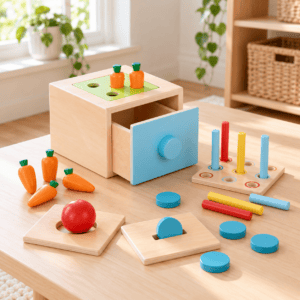 Дървен Монтесори комплект 4 в 1 Tooky Toy с чекмедже и топче