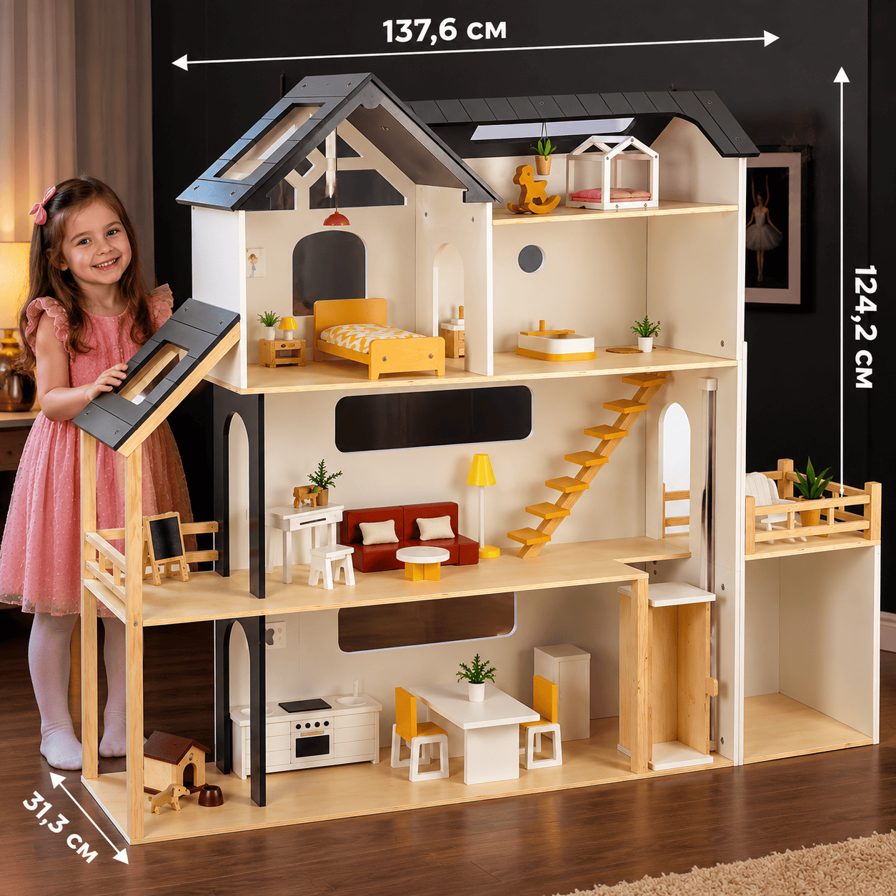 Дървена къща за кукли Нанси Wooden 3 етажа с мебели Дървена къща за кукли Нанси Wooden е впечатляваща, голяма триетажна детска къща с обзаведени стаи, стълбище, тераси и красив модерен дизайн. С внушителните си размери, реалистични мебели и множество пространства за игра тя превръща детската стая в истински малък свят, в който всяка кукличка може да има собствен дом! Тази дървена къща за кукли е създадена за деца, които обожават да обзавеждат, подреждат, измислят истории и пресъздават семейното ежедневие. Различните помещения позволяват да се организират семейни вечери, гостувания, рождени дни, почивки и безброй други приключения. Мега къщата за кукли Нанси е прекрасна детска играчка и впечатляващ подарък за Коледа, рожден ден, имен ден или друг специален повод за дете над 3 години. Това не е просто къща за кукли. Това е цял малък дом, в който детското въображение няма граници! Защо голямата дървена къща за кукли Нанси е толкова впечатляваща? Първото, което прави впечатление, е нейният размер. Това е истинска мега къща за кукли, която предоставя много повече пространство за игра от обикновените компактни модели. Модерната архитектура, светлите помещения, контрастният тъмен покрив и нежните дървесни цветове създават красива и реалистична визия. Предимства, които я отличават: Три просторни етажа – множество помещения за обзавеждане и различни ролеви игри. Големи размери – внушителна къща, която може да се превърне в любимото място за игра. Мебелирани стаи – красиви миниатюрни мебели, които правят играта по-реалистична. Стълбище между нивата – свързва помещенията и създава усещане за истински дом. Тераси и балкони – допълнителни пространства за въображаеми семейни моменти. Отворена конструкция – улеснява достъпа до помещенията и подреждането на мебелите. Модерен дизайн – светли цветове, декоративни прозорци и красиви архитектурни детайли. Дървена изработка – стабилна конструкция, подходяща за многократна игра. Игра без екрани – детето само измисля героите, ситуациите и историите. Една къща, три етажа и толкова много възможности за игра! Какво има в триетажната къща за кукли с мебели? Дървената къща за кукли Нанси впечатлява с внимателно оформени помещения и обзавеждане, вдъхновено от истинските домове. На снимката се виждат няколко отделни пространства, разпределени на три нива. Първи етаж – кухня и трапезария На долното ниво е обособена уютна зона за приготвяне на храна и семейни вечери. Виждат се: Кухненски модул с готварска печка. Маса за хранене. Столчета. Пространство за подреждане на допълнителни миниатюрни мебели. Отворени проходи и прозорци. Тук кукличките могат да приготвят вечеря, да посрещат гости или да празнуват рожден ден. Втори етаж – всекидневна и пространство за почивка Средното ниво предлага просторна всекидневна зона с миниатюрни мебели. Виждат се: Мебели за сядане. Ниска масичка. Декоративни аксесоари. Красиво стълбище към горното ниво. Балкон и допълнителна площадка. Това е идеалното място за въображаеми семейни събирания, разговори и игри. Трети етаж – спални и уютни кътчета Горният етаж е оформен като красиво жилищно пространство под покрива. Виждат се: Спалня с легло. Допълнителни миниатюрни мебели. Декоративни прозорци. Покрив с модерна архитектурна форма. Отделни пространства за подреждане на обзавеждането. Детето може само да реши коя кукличка къде ще спи и как да организира дома. А най-интересното е, че всяка стая може да се превърне в нова история! Как дървената куклена къща развива детето? Дървена къща за кукли не е просто красива голяма играчка. Тя насърчава творческата ролева игра и предоставя възможност на децата да развиват разнообразни умения. Основни ползи за детското развитие: Въображение и творчество – детето измисля собствени истории, герои и приключения. Фина моторика – подреждането на миниатюрните мебели упражнява движенията на пръстите и ръцете. Пространствено мислене – детето определя къде да постави мебелите и как да организира помещенията. Речево развитие – разиграва разговори между кукличките и създава различни ситуации. Социални умения – упражнява общуване, споделяне и разпределяне на роли. Емоционална интелигентност – пресъздава семейни отношения, грижа и различни чувства. Самостоятелност – решава как да обзаведе къщата и как ще протече играта. Концентрация – занимава се с подреждане, преместване и организиране на различните пространства. Играчките не правят децата ни по-послушни. Те им дават пространство да бъдат себе си, да мечтаят, да откриват света и да развиват своите способности. А когато родителите се включат в играта, дървената къща може да се превърне в място за споделени семейни моменти. Мега къща за кукли Нанси – собствен дом за любимите куклички Представете си как детето прекарва следобеда в подреждане на къщата. На първия етаж семейството приготвя вечеря. Във всекидневната гостите разговарят, а в спалните кукличките се подготвят за сън. На следващия ден в къщата може да има рожден ден, семейно тържество или коледно събиране. Идеи за ролеви игри: Подреждане и обзавеждане на всички стаи. Семейна вечеря с любимите куклички. Рожден ден с гости. Коледно празненство в куклената къща. Преместване на ново семейство. Грижа за бебе и подреждане на детска стая. Организиране на различни ежедневни дейности. Къщата е особено подходяща за комбиниране с дървени семейства от куклички и допълнителни миниатюрни мебели с подходящ размер. Подарете пространство, в което детето само ще създава своя малък свят! Защо дървената къща за кукли с обзавеждане е прекрасен коледен подарък? Има подаръци, които носят радост още при отварянето на опаковката. А има и такива, които се превръщат в любимо място за игра години наред. Дървена къща за кукли Нанси е впечатляваща идея за подарък под коледната елха. Подходяща е за: Коледен подарък за 3-годишно дете. Подарък за 4-годишно момиче. Изненада за 5-годишно дете. Подарък за 6-годишно дете. Рожден ден или имен ден. Никулден и коледни празници. Голям семеен подарък от мама и татко. Подарък от баба и дядо. Обзавеждане на детски кът за ролеви игри. Представете си коледната сутрин! Детето влиза в стаята и открива своя собствена голяма къща за кукли – с три етажа, мебелирани стаи, тераси и стълби. Първият въпрос вероятно ще бъде: „Къде ще живеят моите куклички?“ А след това започва истинското забавление! Изберете коледен подарък, който впечатлява с размера си и вдъхновява безброй детски истории! Технически характеристики на дървена къща за кукли Нанси Wooden Продукт: Дървена мега къща за кукли Нанси. Марка: Wooden. Модел: Nancy / Нанси. Номенклатурен номер: 1012333. Баркод: 3800876033235. Материал: Дърво. Брой етажи: 3. Обзавеждане: Миниатюрни мебели и аксесоари. Конструкция: Отворена страна за игра. Допълнителни елементи: Стълбище, тераси, прозорци. Размери: 31,3 × 137,6 × 124,2 см, по данни на доставчика. Тегло: 22,5 кг. Препоръчителна възраст: Над 3 години. Предназначение: Ролеви игри, обзавеждане и игра с кукли. Категория: Дървени играчки, къщи за кукли. Батерии: Не са необходими. Важно: Поради големия размер е необходимо да се предвиди подходящо пространство за поставяне на къщата. Сглобяването трябва да се извърши от възрастен. Продуктът е предназначен за деца над 3 години. Защо да поръчате дървена къща за кукли от Онлайн магазин Мама&Бебе? В Онлайн магазин Мама&Бебе знаем колко специален е моментът, в който детето получава подарък, за който дълго е мечтало. Затова предлагаме разнообразие от детски играчки, дървени образователни комплекти, къщи за кукли, конструктори, ролеви игри и подаръци за Коледа, рожден ден и специални поводи. Какво предлагаме на нашите клиенти? Голямо разнообразие от детски играчки онлайн. Интересни идеи за подарък за момчета и момичета. Дървени образователни играчки и комплекти. Възможност за поръчка на големи детски играчки. Доставка с Еконт. Възможност за преглед на пратката. Издаване на фактури за фирми и детски градини. Лично предаване в гр. Раковски след предварителна уговорка и потвърдена наличност. Съдействие при избор на подходящ подарък. За повече информация относно куриерските услуги можете да посетите https://www.econt.com. Често задавани въпроси за дървена къща за кукли Нанси Колко етажа има къщата за кукли Нанси? Дървената къща за кукли Нанси Wooden разполага с три етажа, отделни помещения и тераси, които позволяват разнообразна ролева игра. Включени ли са мебели към къщата? Да. Моделът включва миниатюрни мебели за обзавеждане на различните стаи. За каква възраст е подходяща? Къщата е предназначена за деца над 3 години. Какви са размерите на мега къщата за кукли? По данни на доставчика размерите са 31,3 × 137,6 × 124,2 см. Това е голям модел, за който е добре предварително да предвидите място в детската стая. Подходяща ли е за игра с дървени куклички семейство? Да. Може да бъде използвана с дървени семейства от фигурки, когато размерът им е подходящ за помещенията и мебелите. Подходяща ли е за коледен подарък? Да. Голямата дървена къща за кукли Нанси е впечатляващ избор за коледен подарък за дете над 3 години, което обича ролевите игри. Може ли да се закупи за детска градина? Да. Моделът може да бъде включен в подходящ детски кът за ролеви игри. Онлайн магазин Мама&Бебе приема поръчки от детски градини и издава фактури. Поръчайте дървена къща за кукли Нанси Wooden онлайн Три етажа, обзаведени стаи, красиви тераси и цял свят от детски истории! С дървена къща за кукли Нанси подарявате много повече от играчка – подарявате пространство за мечти, творчество и незабравими моменти. Не чакайте последните дни преди Коледа! Изберете впечатляващ подарък и добавете къщата в количката още сега! Поръчайте онлайн: https://shopmamabebe.eu/ Телефон за въпроси и поръчки: 0896944003 Последвайте Онлайн магазин Мама&Бебе във Facebook: https://www.facebook.com/mamaandbabystore Благодарим Ви, че избирате Онлайн магазин Мама&Бебе! Вашето доверие означава много за нас. Радваме се, че можем да бъдем част от специалните моменти на Вашето семейство. Очакваме Вашите поръчки и сме тук, за да Ви помогнем с всичко необходимо. Дървена къща за кукли – защо е един от най-вълнуващите подаръци за детето? Има подаръци, които децата разопаковат, разглеждат и оставят настрани. Но когато получат собствена голяма къща за кукли, пред тях се появява цял нов свят, който сами могат да обзавеждат и управляват. Дървената къща за кукли е повече от красива детска играчка. Тя е пространство за въображение, творчество и ролеви игри, в които малчуганите пресъздават живота на възрастните. Какво развива играта с дървена къща за кукли? Когато детето обзавежда стаите, подрежда мебели и измисля истории, то упражнява различни умения: Фина моторика и координация. Въображение и творческо мислене. Реч и комуникативни способности. Пространствено мислене. Самостоятелност. Социални умения и разбиране на различни емоции. Тези занимания могат да бъдат както самостоятелни, така и споделени с родители, братя, сестри или приятели. Защо голямата триетажна къща за кукли е толкова интересна? Големият размер предлага разнообразни пространства, които могат да се използват за различни игри. Дървена къща за кукли Нанси Wooden впечатлява с три етажа, мебелирани помещения, красиви тераси и модерен дизайн. Вместо една малка стая детето получава цял дом, който може да преобразява според собствените си идеи. Един ден ще организира семейна вечеря, друг ден ще обзавежда спалнята, а след това може да покани приятели на рожден ден. Как да изберем къща за кукли за подарък? При избора на дървена къща за кукли е добре да обърнете внимание на няколко важни характеристики. Размерът е от значение, особено ако търсите голяма къща, която ще бъде поставена на постоянно място в детската стая. Обзавеждането е друго важно предимство. Когато къщата включва мебели, детето може веднага да започне да измисля различни интериори и истории. Достъпът до помещенията също е важен. Отворената конструкция прави подреждането и играта по-удобни. Коледен подарък, който впечатлява още от първия поглед Ако търсите коледен подарък за момиче над 3 години, голямата дървена къща за кукли е чудесна идея. Тя може да се комбинира с дървени куклички семейство, миниатюрни мебели и различни аксесоари. В Онлайн магазин Мама&Бебе ще откриете разнообразие от дървени играчки, образователни комплекти, къщи за кукли и подаръци за специални поводи. Разгледайте предложенията на https://shopmamabebe.eu/ и подарете на детето собствен малък свят, изпълнен с въображение и красиви истории! Мама&Бебе – мястото, където всяка играчка носи усмивка!