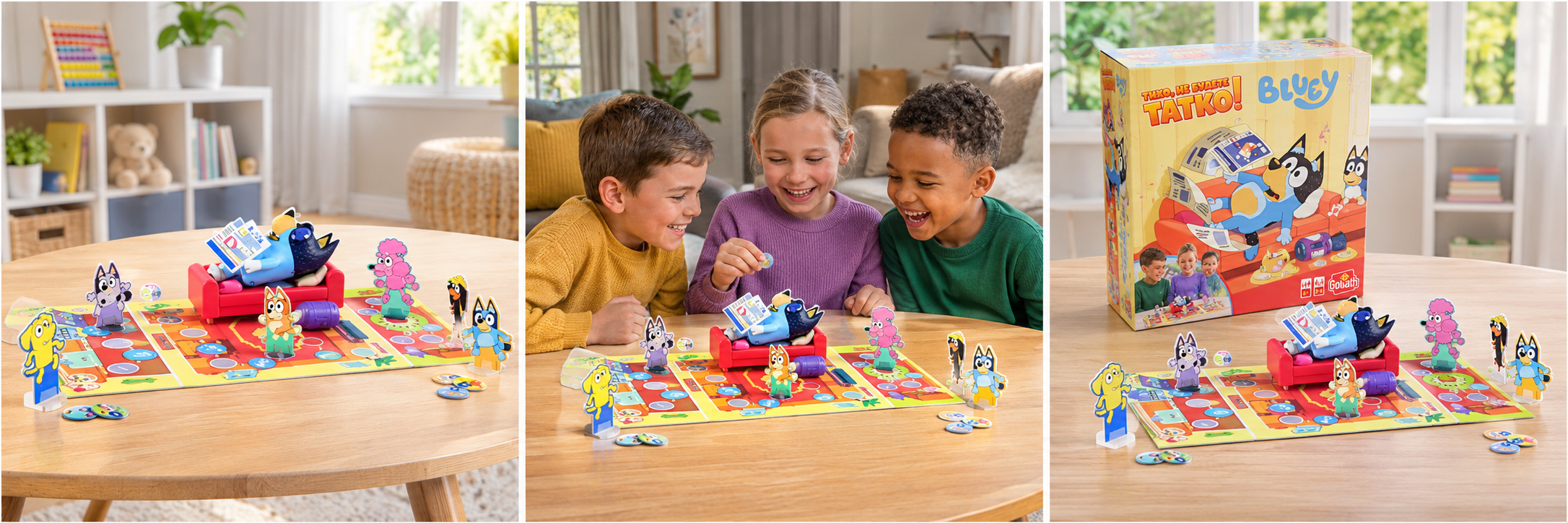 GOLIATH Bluey Тихо не будете татко – настолна игра Настолна игра Bluey – Тихо не будете татко от GOLIATH е забавна семейна игра, която превръща всяко събиране в приключение със смях и неочаквани изненади! Любимите герои Bluey и приятелите ѝ имат важна мисия – да стигнат до вкусната торта Павлова, без да събудят татко, който спи спокойно на дивана. Тази детска настолна игра е подходяща за деца над 4 години и е прекрасен коледен подарък за момичета и момчета, които обичат Bluey. Очакват ви весели моменти, забавно съревнование и истинско семейно настроение! Защо семейната игра Bluey е толкова забавна? Всички искат да стигнат първи до тортата, но има една пречка – татко може да се събуди всеки момент! Играчите хвърлят зара, придвижват фигурките по цветното табло и внимават на кое поле попадат. Понякога трябва да натиснат касетофона до дивана. Ако татко се събуди, играчът се връща в началото! Победител е този, който първи достигне до тортата Павлова. Лесните правила и забавните изненади превръщат всяка партия в ново приключение. Какви умения развива детската настолна игра GOLIATH? Освен много смях, играта подпомага развитието на важни умения: Концентрация и внимание – децата следят ходовете и игровото табло. Фина моторика – преместват фигурките и използват игровите елементи. Социални умения – учат се да изчакват реда си и да спазват правила. Търпение – приемат неочакваните обрати и продължават играта. Семейно общуване – споделят забавни моменти далеч от екраните. Коледен подарък Bluey за малки и големи Търсите подарък за 4-годишно или 5-годишно дете? Настолна игра Bluey е чудесна идея за Коледа, рожден ден или специална изненада. Подходяща е за 2–6 играчи, затова можете да включите братчета, сестричета, родители и приятели. А любимите анимационни герои правят играта още по-привлекателна. Характеристики на настолна игра Bluey Марка: GOLIATH Модел: Тихо не будете татко Възраст: 4+ години Брой играчи: 2–6 Материал: картон и пластмаса Размер на опаковката: 26,7 × 26,7 × 6,7 см Артикулен код: 939613 Баркод: 8720077396135 Блуи (Bluey) и малката ѝ сестричка Бинго (Bingo) са любимите героини от популярния детски анимационен сериал Bluey. Двете кученца превръщат обикновените семейни моменти във вълнуващи приключения, изпълнени с въображение, смях и забавни игри. Историите им показват колко важни са семейството, приятелството и времето, прекарано заедно. За марката GOLIATH GOLIATH е международна марка, известна със своите оригинални настолни и семейни игри. Продуктите ѝ съчетават забавление, интерактивни игрови елементи и възможности за общуване между деца и родители. GOLIATH Bluey – Тихо не будете татко обединява любимите герои Блуи и Бинго с весело семейно предизвикателство – чудесен избор за подарък и споделени моменти у дома! Поръчайте лесно от Онлайн магазин Мама&Бебе! Разгледайте нашите детски играчки, образователни комплекти и подаръци на shopmamabebe.eu. Доставяме с Еконт до удобен офис или адрес в България. Издаваме фактури. Възможно е лично предаване в гр. Раковски след предварителна уговорка и проверка на наличността. За въпроси и поръчки: Viber 0896944003. Последвайте ни и във Facebook. Добавете в количката и подарете незабравими семейни усмивки! Благодарим ви, че избрахте Мама&Бебе!