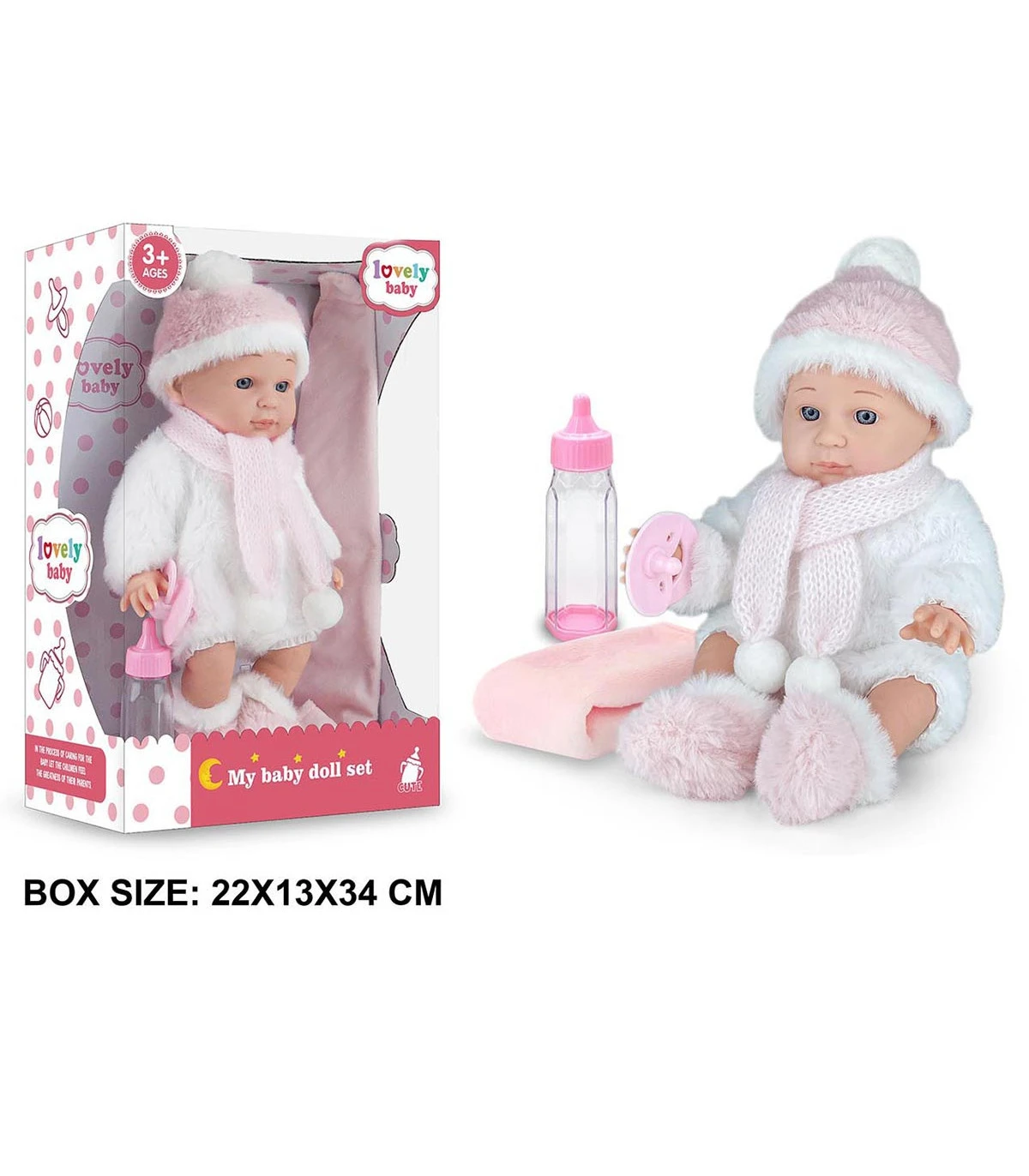 Кукла бебе Lovely Baby 34 см с пухкави дрешки и одеяло Толкова сладка, че веднага ти се иска да я гушнеш! С пухкава шапчица, меко шалче и миниатюрни пантофки, тази кукла изглежда като малко бебе, облечено за зимна разходка. Кукла бебе Lovely Baby 34 см с пухкави дрешки и одеяло е очарователен комплект за малките любители на ролевите игри. Куклата е с нежни черти на лицето, сини очи и красиво облекло в бяло и пастелнорозово. Заедно с нея детето получава розово одеялце, шише и залъгалка – принадлежности, които превръщат обикновеното гушкане в цяла история за грижа за бебе. Защо да изберете кукла бебе Lovely Baby? Пухкаво зимно облекло – меко бяло палтенце, розова шапчица, шалче и пухкави пантофки за очарователна визия. Размер 34 см – удобен за прегръщане и носене по време на игра. Розово одеялце – детето може да завива любимата си кукла и да я приготвя за сън. Шише за хранене – за въображаеми грижи и игри на мама. Залъгалка – допълва реалистичните ситуации с бебето. Красива подаръчна кутия – подходяща за рожден ден, Коледа или специална изненада. Бебе кукла с одеяло – малки грижи, голямо въображение Представете си как детето облича своето бебе за разходка, оправя пухкавата му шапчица и внимателно го завива с розовото одеялце. След това идва време за хранене с шишето, приспиване и още една прегръдка. А на следващия ден куклата може да гостува на баба, да отиде на въображаема разходка или да участва в домашна игра на детска градина. Точно тези ежедневни ситуации правят играта с кукли толкова увлекателна. Какво развива играта с Lovely Baby? Грижата за кукла насърчава детското въображение и ролевите игри. Когато малчуганът използва шишето, залъгалката и одеялцето, той упражнява фината моторика и координацията. Измислените разговори с бебето създават възможности за развитие на речта, общуването и грижовното отношение. Красив подарък за любителите на бебешки кукли Не е необходимо да търсите отделно одеялце, шише и залъгалка – те са включени в комплекта. Lovely Baby с пухкави зимни дрешки е прекрасен избор, когато търсите красива кукла с аксесоари, която изглежда впечатляващо още в кутията. Нежните цветове и мекият зимен тоалет я правят особено подходяща за коледен подарък. За серията Lovely Baby Lovely Baby е търговското име, изписано върху опаковката на куклата. Моделът се отличава с нежно оформление, бебешки черти на лицето и зимен комплект от пухкави дрехи. Продуктът се предлага от доставчика Armtoys и е комплектован с принадлежности за ролеви игри. Технически характеристики Наименование: Кукла бебе Lovely Baby с пухкави дрешки и одеяло Серия: Lovely Baby Доставчик: Armtoys Каталожен номер: 13449 Код на производителя: MKW090309 Баркод: 6991200903090 Размер по наименованието на доставчика: 34 см Препоръчителна възраст: Над 3 години Външен вид: Сини очи и нежни бебешки черти Облекло: Бяло пухкаво палтенце, розова шапка, шалче и пухкави пантофки Аксесоари: Розово одеяло, шише и залъгалка Размери на опаковката: 22 × 13 × 34 см Опаковка: Подаръчна кутия с прозрачен панел Защо да поръчате от Онлайн магазин Мама&Бебе? В Мама&Бебе предлагаме разнообразие от бебета кукли, комплекти за ролеви игри, дървени и образователни играчки. Работим с детски градини, ясли и образователни центрове, приемаме поръчки на количества, издаваме фактури на фирми и институции и подготвяме индивидуални оферти. Предлагаме доставка с Еконт и лично предаване в гр. Раковски след предварителна уговорка и потвърдена наличност. Често задавани въпроси Включено ли е одеялцето в комплекта? Да. На снимката е показано розово одеялце, което допълва играта на приспиване. Има ли шише и залъгалка? Да. Двете принадлежности са включени в комплекта. Куклата издава ли звуци или пие истинска вода? Такива функции не са посочени за този модел. Шишето е принадлежност за ролеви игри. За каква възраст е подходяща? За деца над 3 години според обозначението върху опаковката. Една кукла, която очаква първата си прегръдка! Пухкави дрешки, нежно розово одеялце и всичко необходимо за първите игри на грижа за бебето. Изберете Lovely Baby за красив подарък, който съчетава очарователен външен вид с разнообразни възможности за игра. Поръчайте от Онлайн магазин Мама&Бебе! Сайт: https://shopmamabebe.eu/ Телефон и Viber за поръчки: 0896944003 Facebook: https://www.facebook.com/mamaandbabystore Информация за Еконт: https://www.econt.com Благодарим Ви, че избрахте Мама&Бебе!