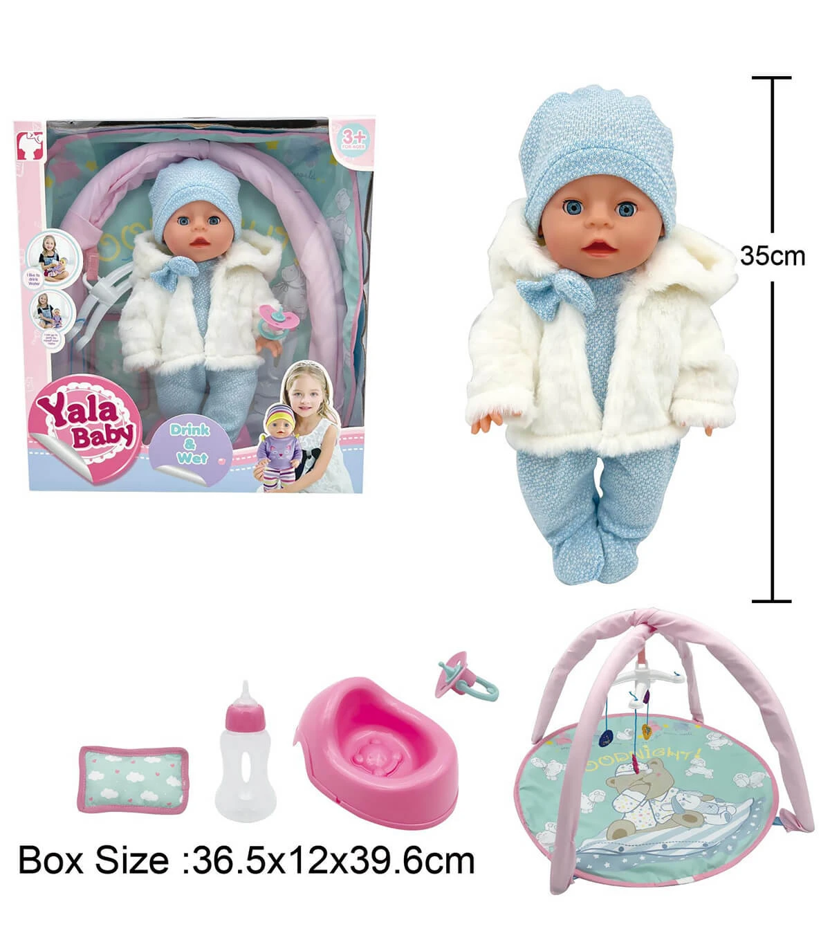 ### От каква възраст е подходяща куклата Yala Baby? Куклата е предназначена за деца над 3 години. ### Наистина ли бебето пишка? Да. Yala Baby е кукла с функция Drink & Wet, която позволява игра на хранене с вода и пишкане. ### Включено ли е гърнето? Да. Всеки комплект съдържа собствено гърне за бебето. ### Има ли активна гимнастика? Да. Към куклата има активна гимнастика с постелка, арки и висящи играчки. ### Каква е разликата между двата модела? Сивият модел е с плетен сив комплект, розов шал и шапчица с панделка. Синият модел е със светлосин гащеризон, шапчица и пухено бяло яке. Различават се и цветовете на аксесоарите. ### Колко е голяма куклата? Куклата е висока 35 см. ### Необходими ли са батерии? Не, куклата не изисква батерии. ### Подходяща ли е за коледен подарък? Да. Красивата подаръчна кутия, бебешките дрешки и разнообразните аксесоари я правят чудесен коледен подарък за дете над 3 години. ### Мога ли да избера конкретен модел? Да, можете да посочите желания модел при поръчка според наличността. ### Как се доставя поръчката? Поръчките от Мама&Бебе се доставят с Еконт до офис или адрес, обикновено в срок от 1–3 работни дни.